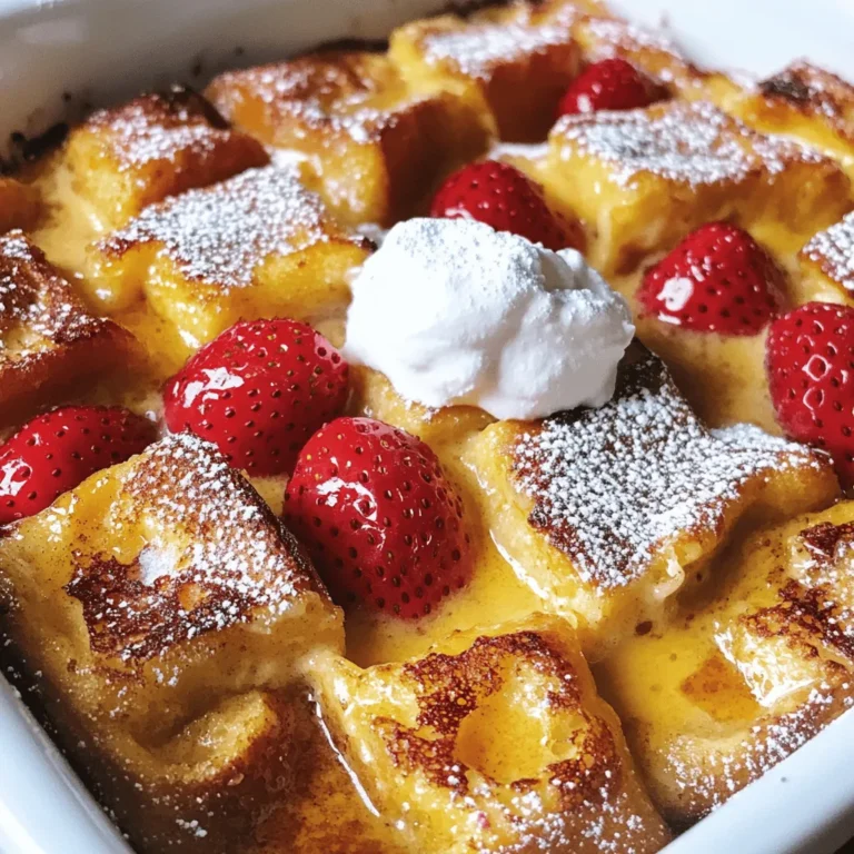 Gather these ingredients to make your Strawberry Cheesecake French Toast Bake a hit. Each one plays a key role in bringing that creamy, fruity flavor to life. - 1 loaf of brioche bread, cut into 1-inch cubes - 8 ounces cream cheese, softened to room temperature - 1/2 cup granulated sugar - 1/4 cup sour cream - 3 large eggs - 1 cup whole milk - 1 teaspoon pure vanilla extract - 1 teaspoon ground cinnamon - 2 cups fresh strawberries, hulled and sliced - 1/4 cup powdered sugar (for dusting) - Whipped cream (for serving) Using brioche bread gives the dish a soft and rich base. Cream cheese adds that cheesecake flavor we love. Granulated sugar and sour cream create a sweet, creamy mixture. Eggs and whole milk bind everything together and add fluffiness. Don’t forget the vanilla and cinnamon for added warmth. Finally, fresh strawberries bring bright, juicy bites. For a complete guide, check the [Full Recipe]. - Preheating the Oven and Preparing the Baking Dish: Start by preheating your oven to 350°F (175°C). Grease a 9x13-inch baking dish with non-stick spray to stop sticking. - Making the Cream Cheese Mixture: In a large bowl, add 8 ounces of softened cream cheese, 1/2 cup of granulated sugar, and 1/4 cup of sour cream. Use a hand mixer or whisk to blend until smooth and creamy. - Incorporating the Wet Ingredients: Add 3 large eggs, 1 cup of whole milk, 1 teaspoon of vanilla extract, and 1 teaspoon of ground cinnamon to the bowl. Mix on medium speed until everything is well combined. - Assembling the French Toast Bake: Place your cubed brioche bread evenly in the greased baking dish. Pour the cream cheese mixture over the bread cubes, making sure all pieces are soaked. - Adding the Strawberries: Gently fold in 2 cups of sliced strawberries. Ensure they are spread evenly, adding sweet bursts of flavor to the dish. - Resting and Baking the Dish: Cover the dish tightly with aluminum foil and let it sit at room temperature for at least 20 minutes. To deepen the flavor, you can refrigerate it overnight. Bake the covered dish for 30 minutes, then remove the foil. Continue baking for another 15-20 minutes until golden brown and set. For the full recipe, check out the detailed steps! Choosing the Right Bread I love using brioche bread for this dish. Its soft texture makes it perfect for soaking up the creamy mix. You can also use challah or a sturdy white bread. Just make sure it’s fresh for the best taste. Ensuring Smooth Cream Cheese Mixture To get a smooth cream cheese mixture, let the cream cheese sit out before you start. It should be soft, not cold. Use a hand mixer or whisk to blend it until there are no lumps. This step is key for a creamy texture. Letting It Rest for Flavor Enhancement Resting the mixture is crucial. After you assemble everything, cover it and let it sit for at least 20 minutes. This lets the bread soak up all the flavors. For a richer taste, refrigerate it overnight. Ideal Toppings and Garnishes When serving, top each piece with whipped cream. Add some fresh strawberries for color and taste. A dusting of powdered sugar also makes it look fancy. You can even add a drizzle of maple syrup if you want extra sweetness. Pairing with Beverages This dish pairs well with coffee or a light tea. You can also serve it with a glass of fresh orange juice. The bright flavor of the juice complements the richness of the bake. For a special touch, consider a mimosa for brunch. If you want the full experience, check out the [Full Recipe]. It’s packed with all the details you need to make this dish a hit! {{image_4}} You can have fun with different fruits in this dish. Blueberries and raspberries work great too! They add a nice tartness that complements the sweet cream cheese. Try mixing in chopped bananas for a new twist. You can also add nuts like walnuts or pecans for crunch. Chocolate chips can bring a sweet surprise in every bite. Just sprinkle them in with the strawberries. If you need a gluten-free option, use gluten-free bread. Many brands offer tasty choices that work well. For a dairy-free version, swap the cream cheese for a dairy-free cream cheese. Almond or coconut milk can replace whole milk easily. This way, everyone can enjoy this dish without worry! For the full recipe, check out the Strawberry Cheesecake French Toast Bake . To store leftovers, let the dish cool to room temperature. Cover the baking dish tightly with plastic wrap or aluminum foil. This helps keep the moisture in. You can store it in the fridge for up to three days. For reheating, preheat your oven to 350°F (175°C). Place the covered dish in the oven for about 15-20 minutes. This warms it up without drying it out. Alternatively, you can microwave individual portions for about one to two minutes. If you want to save it for later, freezing is a great option. First, let the dish cool completely. Cut it into squares and wrap each piece tightly in plastic wrap. Then, place the wrapped pieces in a freezer-safe bag or container. You can freeze it for up to three months. When it's time to enjoy again, take out a piece and place it in the fridge overnight to thaw. If you're in a hurry, you can also thaw it in the microwave. Just be sure to do it on a low setting to keep the texture nice. Can I make this recipe ahead of time? Yes, you can! Prepare the dish the night before. Cover it and place it in the fridge. Letting it sit overnight helps the bread soak up the flavors. The next morning, just bake it as usual. What can I use instead of cream cheese? You can use Greek yogurt or mascarpone cheese. Both options will give a creamy texture. However, the flavor will change a bit. Try to choose a rich option for the best taste. How do I know when it's done baking? Look for a golden brown top. The center should be firm, not jiggly. You can also insert a knife in the middle. If it comes out clean, the bake is ready. What to do if it’s too soggy? If your French toast bake is too soggy, it might have soaked too long. You can bake it a bit longer. Cover it loosely with foil to avoid burning the top. How to fix burnt edges? If the edges burn, cover them with foil. This will keep them from getting worse. If the center is still not set, keep baking until it firms up. This French toast bake uses simple ingredients like brioche, cream cheese, and strawberries. You learned each step to prepare, assemble, and bake this delicious dish. We also explored tips for success, tasty variations, and storage options. Enjoy this recipe any time, and don't shy away from experimenting with flavors. Bake it for breakfast or brunch, and savor the sweet, creamy delight. With these easy steps, you will impress your family and friends. Happy cooking!