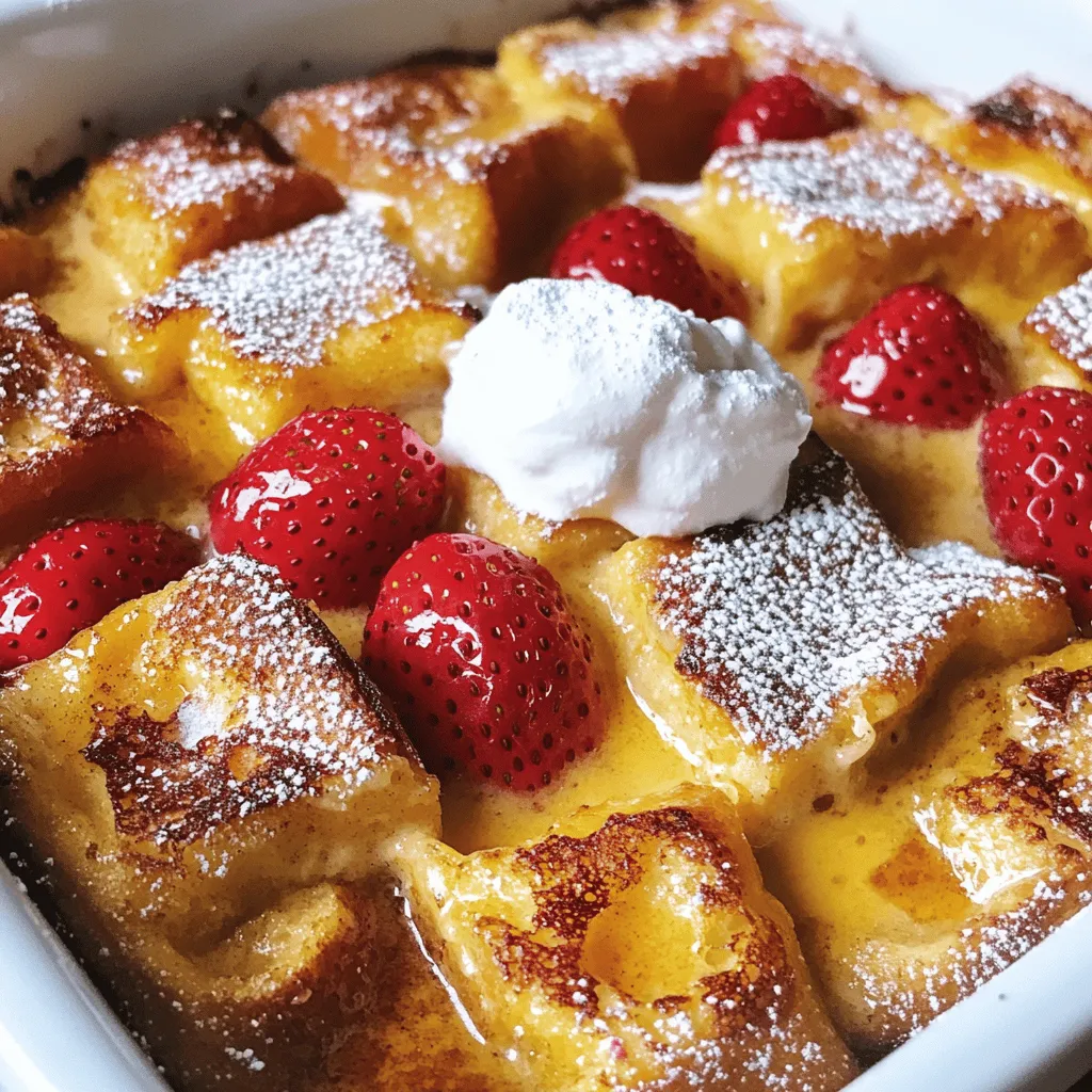 Gather these ingredients to make your Strawberry Cheesecake French Toast Bake a hit. Each one plays a key role in bringing that creamy, fruity flavor to life. - 1 loaf of brioche bread, cut into 1-inch cubes - 8 ounces cream cheese, softened to room temperature - 1/2 cup granulated sugar - 1/4 cup sour cream - 3 large eggs - 1 cup whole milk - 1 teaspoon pure vanilla extract - 1 teaspoon ground cinnamon - 2 cups fresh strawberries, hulled and sliced - 1/4 cup powdered sugar (for dusting) - Whipped cream (for serving) Using brioche bread gives the dish a soft and rich base. Cream cheese adds that cheesecake flavor we love. Granulated sugar and sour cream create a sweet, creamy mixture. Eggs and whole milk bind everything together and add fluffiness. Don’t forget the vanilla and cinnamon for added warmth. Finally, fresh strawberries bring bright, juicy bites. For a complete guide, check the [Full Recipe]. - Preheating the Oven and Preparing the Baking Dish: Start by preheating your oven to 350°F (175°C). Grease a 9x13-inch baking dish with non-stick spray to stop sticking. - Making the Cream Cheese Mixture: In a large bowl, add 8 ounces of softened cream cheese, 1/2 cup of granulated sugar, and 1/4 cup of sour cream. Use a hand mixer or whisk to blend until smooth and creamy. - Incorporating the Wet Ingredients: Add 3 large eggs, 1 cup of whole milk, 1 teaspoon of vanilla extract, and 1 teaspoon of ground cinnamon to the bowl. Mix on medium speed until everything is well combined. - Assembling the French Toast Bake: Place your cubed brioche bread evenly in the greased baking dish. Pour the cream cheese mixture over the bread cubes, making sure all pieces are soaked. - Adding the Strawberries: Gently fold in 2 cups of sliced strawberries. Ensure they are spread evenly, adding sweet bursts of flavor to the dish. - Resting and Baking the Dish: Cover the dish tightly with aluminum foil and let it sit at room temperature for at least 20 minutes. To deepen the flavor, you can refrigerate it overnight. Bake the covered dish for 30 minutes, then remove the foil. Continue baking for another 15-20 minutes until golden brown and set. For the full recipe, check out the detailed steps! Choosing the Right Bread I love using brioche bread for this dish. Its soft texture makes it perfect for soaking up the creamy mix. You can also use challah or a sturdy white bread. Just make sure it’s fresh for the best taste. Ensuring Smooth Cream Cheese Mixture To get a smooth cream cheese mixture, let the cream cheese sit out before you start. It should be soft, not cold. Use a hand mixer or whisk to blend it until there are no lumps. This step is key for a creamy texture. Letting It Rest for Flavor Enhancement Resting the mixture is crucial. After you assemble everything, cover it and let it sit for at least 20 minutes. This lets the bread soak up all the flavors. For a richer taste, refrigerate it overnight. Ideal Toppings and Garnishes When serving, top each piece with whipped cream. Add some fresh strawberries for color and taste. A dusting of powdered sugar also makes it look fancy. You can even add a drizzle of maple syrup if you want extra sweetness. Pairing with Beverages This dish pairs well with coffee or a light tea. You can also serve it with a glass of fresh orange juice. The bright flavor of the juice complements the richness of the bake. For a special touch, consider a mimosa for brunch. If you want the full experience, check out the [Full Recipe]. It’s packed with all the details you need to make this dish a hit! {{image_4}} You can have fun with different fruits in this dish. Blueberries and raspberries work great too! They add a nice tartness that complements the sweet cream cheese. Try mixing in chopped bananas for a new twist. You can also add nuts like walnuts or pecans for crunch. Chocolate chips can bring a sweet surprise in every bite. Just sprinkle them in with the strawberries. If you need a gluten-free option, use gluten-free bread. Many brands offer tasty choices that work well. For a dairy-free version, swap the cream cheese for a dairy-free cream cheese. Almond or coconut milk can replace whole milk easily. This way, everyone can enjoy this dish without worry! For the full recipe, check out the Strawberry Cheesecake French Toast Bake . To store leftovers, let the dish cool to room temperature. Cover the baking dish tightly with plastic wrap or aluminum foil. This helps keep the moisture in. You can store it in the fridge for up to three days. For reheating, preheat your oven to 350°F (175°C). Place the covered dish in the oven for about 15-20 minutes. This warms it up without drying it out. Alternatively, you can microwave individual portions for about one to two minutes. If you want to save it for later, freezing is a great option. First, let the dish cool completely. Cut it into squares and wrap each piece tightly in plastic wrap. Then, place the wrapped pieces in a freezer-safe bag or container. You can freeze it for up to three months. When it's time to enjoy again, take out a piece and place it in the fridge overnight to thaw. If you're in a hurry, you can also thaw it in the microwave. Just be sure to do it on a low setting to keep the texture nice. Can I make this recipe ahead of time? Yes, you can! Prepare the dish the night before. Cover it and place it in the fridge. Letting it sit overnight helps the bread soak up the flavors. The next morning, just bake it as usual. What can I use instead of cream cheese? You can use Greek yogurt or mascarpone cheese. Both options will give a creamy texture. However, the flavor will change a bit. Try to choose a rich option for the best taste. How do I know when it's done baking? Look for a golden brown top. The center should be firm, not jiggly. You can also insert a knife in the middle. If it comes out clean, the bake is ready. What to do if it’s too soggy? If your French toast bake is too soggy, it might have soaked too long. You can bake it a bit longer. Cover it loosely with foil to avoid burning the top. How to fix burnt edges? If the edges burn, cover them with foil. This will keep them from getting worse. If the center is still not set, keep baking until it firms up. This French toast bake uses simple ingredients like brioche, cream cheese, and strawberries. You learned each step to prepare, assemble, and bake this delicious dish. We also explored tips for success, tasty variations, and storage options. Enjoy this recipe any time, and don't shy away from experimenting with flavors. Bake it for breakfast or brunch, and savor the sweet, creamy delight. With these easy steps, you will impress your family and friends. Happy cooking!