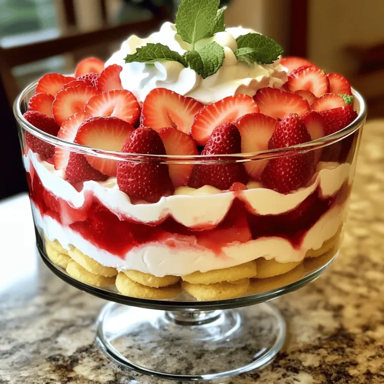 For a delicious Strawberry Shortcake Trifle, you will need fresh and simple ingredients. Here’s what you need to gather: - 2 cups fresh strawberries, hulled and sliced - 1/4 cup granulated sugar (for macerating strawberries) - 1 cup heavy whipping cream - 1/4 cup powdered sugar (for the whipped cream) - 1 teaspoon pure vanilla extract - 1 package (10 oz) ladyfinger cookies or sponge cake, cut into bite-sized pieces - 1 cup vanilla pudding (store-bought or homemade) - Fresh mint leaves, for garnish (optional) Each ingredient plays a key role. The strawberries need sugar to bring out their flavor. The heavy cream and powdered sugar create a light, airy whipped cream. The ladyfingers or sponge cake form the base. Lastly, the vanilla pudding adds creaminess to the trifle. When you layer these ingredients, you create a beautiful and tasty dessert. For the full recipe, you can check [Full Recipe]. Enjoy making this sweet treat! To macerate the strawberries, start by slicing them. Place 2 cups of fresh strawberries in a bowl. Add 1/4 cup of granulated sugar on top. Gently stir the strawberries to coat them with sugar. Let them sit for 15 to 20 minutes. This helps draw out their sweet juices, creating a syrup. For optimal syrup extraction, keep an eye on the time. The longer you let them sit, the more syrup you will get. Just don’t let them sit too long, or they may become mushy. For the perfect whipped cream, you will need a large mixing bowl and a hand or stand mixer. Start by adding 1 cup of heavy whipping cream, 1/4 cup of powdered sugar, and 1 teaspoon of pure vanilla extract to the bowl. Whip the mixture on medium-high speed. Watch closely for soft peaks to form. Stop mixing as soon as you see those peaks. Overwhipping can turn your cream into butter, and we want it light and fluffy! Now comes the fun part: layering! In a large trifle bowl or individual glasses, start with ladyfinger pieces or sponge cake at the bottom. Use enough pieces to cover the base. Next, spoon a layer of vanilla pudding over the cake. Spread it evenly. Then, add a layer of your macerated strawberries, syrup included. Finish this layer with a dollop of whipped cream. Repeat these steps. Add another layer of ladyfingers, pudding, strawberries, and another dollop of cream. Keep going until you reach the top. The last layer should be whipped cream for a nice finish. Chill your trifle for at least 1 hour. Cover it with plastic wrap or a lid. If you have more time, chill it longer. The flavors blend better that way. Refrigerating helps the ladyfingers absorb moisture from the pudding and strawberries. This makes every bite taste amazing! Plus, it keeps your trifle fresh and cool, perfect for a warm summer day. For the full recipe, check out the complete instructions. To keep your trifle layers from turning soggy, use fresh, dry ladyfingers or sponge cake. Make sure to layer them quickly after preparation. You can also lightly toast the ladyfingers for added texture. This helps them hold their shape better. To whip cream correctly, start with cold equipment. Cold bowls and beaters help the cream whip faster. Whip the cream at medium speed until soft peaks form. Stop as soon as the cream holds its shape. Overwhipping makes the cream grainy and hard. Serve your trifle in a clear glass bowl to show off the layers. You can also use small jars for individual servings. This adds a fun touch for guests. For garnishes, fresh mint leaves or extra strawberry slices on top create a beautiful finish. You can also sprinkle some crushed cookies for crunch. One common mistake is not preparing ingredients well. Make sure your strawberries are hulled and sliced evenly. This ensures great flavor throughout. Layering inconsistently can lead to a messy trifle. Each layer should be even and flat. This keeps your trifle looking nice and appetizing. For the full recipe, check the Strawberry Shortcake Trifle Delight section. {{image_4}} You can change the fruit in your trifle to mix things up. Blueberries work great in place of strawberries. Peaches add a sweet twist, too. You can also try different pudding flavors. Chocolate pudding gives a rich taste, while banana adds a fun touch. Each swap gives your trifle a new vibe. If you need gluten-free options, use gluten-free ladyfingers or sponge cake. Many stores sell these now. For a dairy-free version, use coconut cream instead of heavy cream. Dairy-free pudding is also easy to find. These swaps keep the trifle tasty for all diets. You can make themed trifles for special times of the year. For example, add pumpkin spice for fall or berries for a Fourth of July treat. You can also create fun trifle recipes for parties. Layer with seasonal fruits and colorful toppings for a festive look. This way, your trifle is always a showstopper. For a full recipe, check the [Full Recipe]. To keep your trifle fresh, store it in the fridge. Use an airtight container to avoid unwanted smells. Cover the top with plastic wrap if you don't have a lid. This helps keep the layers intact. It's best to eat your trifle within three days. This way, you enjoy the best taste and texture. Avoid stacking heavy items on top of it, as this can cause squishing. Your stored trifle stays good in the fridge for up to three days. After this, the ingredients start to separate. If you see watery layers, it’s a sign that it’s no longer fresh. Trust your nose and eyes; if it smells off, it's time to toss it. Always check for any strange colors or textures before diving in. You can freeze the trifle, but it changes the texture. Freeze only the layers separately for best results. Make sure to wrap each layer tightly in plastic wrap. When you're ready to eat, thaw them in the fridge overnight. Avoid refreezing once it's thawed, as it affects quality. For the best flavor and texture, enjoy your trifle fresh, but freezing can work in a pinch. For the complete recipe, check the Full Recipe link. Making a strawberry shortcake trifle takes about 30 minutes of prep time. You will need an hour for chilling. This allows all the flavors to mix well and makes the trifle taste its best. Yes, you can make this trifle ahead of time! I suggest preparing it a few hours before serving. This gives the layers time to blend. Just keep it covered in the fridge until you are ready to serve. If you can't find ladyfingers or sponge cake, you can use pound cake or angel food cake. Both options work well. Cut them into smaller pieces, just like the ladyfingers. To avoid sogginess, use less liquid in your layers. You can also layer quickly and serve soon after making it. If you chill it too long, the cake may soak up too much liquid. Yes! You can use gluten-free ladyfingers or sponge cake. Make sure to check the labels on all ingredients. Also, consider using gluten-free pudding mix for a fully gluten-free dessert. You can use frozen strawberries! Just thaw them first and drain excess liquid. This keeps your trifle layers from becoming too wet. Frozen strawberries still give a sweet flavor, making them a great substitute. For the full recipe, check here. Now you know how to create a delicious strawberry shortcake trifle. We walked through each step, from fresh ingredients to layering tips. You learned how to prepare strawberries, whip cream, and avoid common mistakes. Remember to chill your trifle for maximum flavor. Feel free to try different fruits or flavors to make it your own. With careful preparation and creativity, your trifle will impress everyone. Enjoy serving this delightful dessert at your next gathering!