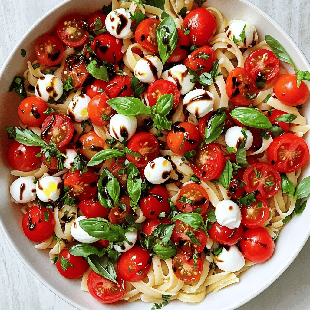 - 8 ounces of rotini or penne pasta - 1 cup of cherry tomatoes, halved - 1 cup of fresh mozzarella pearls - 1 cup of fresh basil leaves, roughly torn - 4 tablespoons of high-quality extra virgin olive oil - 2 tablespoons of balsamic glaze - Fine sea salt and freshly cracked black pepper, to taste - 1 teaspoon of Italian seasoning (optional) When I make Easy Caprese Pasta Salad, I focus on fresh and vibrant ingredients. The rotini or penne pasta serves as the base of this dish. Both pasta types hold sauce well, making each bite flavorful. The cherry tomatoes add a burst of sweetness. Halving them allows their juices to mix with the other ingredients. Fresh mozzarella pearls provide a creamy texture and rich taste. They melt in your mouth and pair well with the tomatoes. Next, I add fresh basil leaves. Their aroma is uplifting, and they enhance the dish's flavor. I prefer to tear the leaves roughly. This method releases their oils and adds a rustic touch. I use high-quality extra virgin olive oil for its rich taste. It coats the pasta and adds depth. Balsamic glaze brings a sweet and tangy element. It ties all the flavors together beautifully. For seasoning, I use fine sea salt and freshly cracked black pepper. You can adjust these to your liking. If you want an extra kick, add Italian seasoning. Its herbs complement the salad well and enhance the overall taste. This dish is simple yet full of flavor. The ingredients shine through, making every bite a delight. If you want to try this recipe, check the Full Recipe for more details! To start, boil a large pot of salted water. Use enough salt to make the water taste like the sea. Once the water is boiling, add 8 ounces of rotini or penne pasta. Cook the pasta until it is al dente. This usually takes about 8 to 10 minutes. Check the pasta a minute or two early to avoid overcooking. After cooking, drain it in a colander. Then rinse the pasta under cold water. This cools it down fast and stops the cooking. In a large bowl, mix 1 cup of halved cherry tomatoes, 1 cup of fresh mozzarella pearls, and 1 cup of roughly torn fresh basil leaves. This colorful mix is the heart of your salad. Next, carefully fold in the cooled pasta. Be gentle so you do not crush the ingredients. You want everything mixed well but still looking nice. Drizzle 4 tablespoons of extra virgin olive oil and 2 tablespoons of balsamic glaze over the salad. Season it with fine sea salt and freshly cracked black pepper to taste. If you want, add 1 teaspoon of Italian seasoning for extra flavor. Toss everything gently to combine the flavors. Taste your salad and adjust the seasonings if needed. Let it sit for 10 minutes at room temperature. This time allows the flavors to mix beautifully. For the full recipe, check out the detailed instructions above. To achieve the perfect al dente texture, start with salted boiling water. This adds flavor to the pasta. Cook the pasta according to the package directions, usually 8 to 10 minutes. Check it a minute or two early to avoid overcooking. You want it firm but not hard. Timing for rinsing pasta is key. Once the pasta is done, drain it in a colander. Rinse it under cold running water right away. This stops the cooking and keeps the pasta from getting mushy. You want that nice bite in every forkful. To boost flavor, try adding fresh herbs like oregano or parsley. A pinch of crushed red pepper can add some heat. You can also mix in garlic for a savory kick. These small changes can make a big impact. For the best balsamic glaze, choose a high-quality brand. A thicker glaze will coat the pasta better. You can also make your own by simmering balsamic vinegar until it reduces. It will become sweet and syrupy, adding depth to your salad. Serving suggestions are important for making your dish stand out. Use a large, bright bowl to show off the colorful pasta. Layer the ingredients for a beautiful display. You can also serve it on a wooden cutting board for a rustic look. Garnishing techniques can elevate your salad. Add fresh basil leaves on top for a pop of green. Drizzle a little extra balsamic glaze just before serving. This final touch makes your dish not only taste great but look fantastic too. {{image_4}} You can change your Caprese pasta salad with seasonal veggies. In summer, add fresh zucchini or bell peppers. In fall, try roasted butternut squash or sweet potatoes. Each veggie brings a new taste and color. You can also swap the mozzarella for other cheeses. Try feta for a tangy kick or goat cheese for creaminess. Each cheese will change the flavor in fun ways. Want to make your dish heartier? Add grilled chicken or shrimp. Simply season and grill your protein, then slice it up and mix it in. For a vegetarian option, try chickpeas or black beans. They add texture and protein without meat. You can also use tofu for a plant-based boost. Just marinate it, then sauté until golden. If you need gluten-free pasta, many brands are out there. Look for brown rice or chickpea pasta for a great texture. When using gluten-free pasta, cook it a bit less to avoid mushiness. You can still enjoy a tasty salad while meeting dietary needs. Adjust the recipe as needed to keep the flavors balanced. To keep your Easy Caprese Pasta Salad fresh, store it in an airtight container. Glass containers work great as they do not stain or hold odors. You can use plastic containers too, but ensure they seal tightly. If you have leftover dressing, store it separately to keep the salad crisp. In the fridge, your salad can last for about three days. After that, it may lose its freshness. Look for signs of spoilage like a sour smell or slimy tomatoes. If you see any mold, it's best to toss it out. You can enjoy this salad cold or at room temperature. If you prefer it warm, gently heat it in a pan on low heat. Avoid high heat to keep the pasta from becoming mushy. Just warm it enough to take the chill off, and it’s ready to serve. For the best flavor, serve it fresh! A Caprese salad is a simple dish from Italy. It features fresh tomatoes, mozzarella cheese, and basil. You layer these ingredients and drizzle them with olive oil. It’s colorful and bright, showcasing the flavors of fresh ingredients. The classic version uses ripe tomatoes, creamy mozzarella, and fragrant basil. Each bite delivers a taste of summer, making it a favorite. Yes, you can make this salad ahead of time! To keep it fresh, prepare the pasta and mix it with the other ingredients just before serving. If you must prep it early, store the salad in the fridge for up to a day. Keep the dressing separate until you are ready to eat. This way, the pasta remains firm and the flavors stay bright. To prevent the pasta from sticking, rinse it with cold water right after cooking. This cools the pasta quickly and stops the cooking process. Make sure to use plenty of water when boiling. Stir the pasta occasionally while it cooks. This also helps to keep it from clumping. For an extra tip, toss the cooled pasta with a little olive oil before mixing it with the salad. This will help keep it separated and delicious! In this blog post, we explored how to make a tasty Caprese pasta salad. We covered the main ingredients, step-by-step instructions, and helpful tips. You learned about variations, storage, and common questions. This dish is simple and fun to prepare. It’s perfect for gatherings or quick meals. Enjoy the fresh flavors and get creative with your ingredients. With these tips, you can make a delightful salad that everyone will love. Happy cooking!
