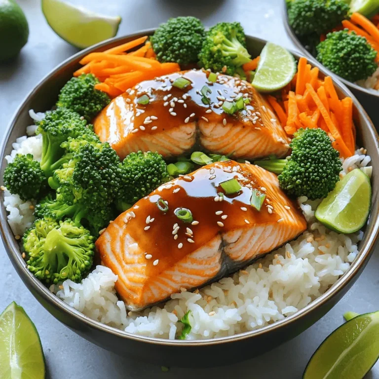 - 2 salmon fillets (approximately 6 oz. each) - 1 cup jasmine or brown rice - 1/4 cup teriyaki sauce - 1 tablespoon sesame oil - 1 cup fresh broccoli florets - 1 medium carrot, julienned - 1/4 cup scallions, thinly sliced - 1 tablespoon sesame seeds, toasted - 1 teaspoon fresh ginger, grated - Salt and freshly ground black pepper, to taste Cooking with simple, fresh ingredients makes this dish fun and tasty. Salmon is rich in omega-3 fatty acids, which are great for your heart. The teriyaki sauce adds a sweet and savory flavor that pairs well with the fish. Rice acts as a soft base for the bowl. You can choose jasmine for a fluffy texture or brown rice for a nutty flavor. Vegetables like broccoli and carrots add crunch and color. They bring vitamins and minerals to your meal. This dish is not only delicious but also healthy. A serving has about 450 calories. It offers around 30 grams of protein and 20 grams of fat. The healthy fats from salmon and sesame oil help keep you satisfied. - Non-stick skillet - Medium bowl - Measuring cups and spoons Having the right tools makes cooking easier. A non-stick skillet prevents the salmon from sticking and makes cleanup quick. A medium bowl is perfect for marinating the salmon. Measuring cups and spoons ensure you get the right amounts of each ingredient. For a full recipe, check out Teriyaki Salmon Rice Bowls. Start by rinsing the rice under cold water. This removes the extra starch. Make sure the water runs clear before cooking. Follow the package instructions for cooking. If you use brown rice, it takes longer, about 40-45 minutes. For the marinade, mix 1/4 cup of teriyaki sauce with 1 teaspoon of grated ginger. Add salt and pepper to taste. Place the salmon fillets in the bowl. Make sure they are well-coated in the marinade. Let them sit for at least 15 minutes to soak up the flavors. Heat 1 tablespoon of sesame oil in a non-stick skillet over medium heat. Once hot, add the salmon fillets skin-side down. Cook for about 4-5 minutes without moving them. After that, gently flip the salmon and cook for another 4-5 minutes. The salmon should be opaque and flake easily. Drizzle any leftover marinade over the salmon in the last minute. You can either steam or sauté the vegetables. For steaming, cook the broccoli and carrots for 3-4 minutes until tender but bright. To sauté, use the same skillet after removing the salmon. This adds extra flavor to the veggies. Once the rice is ready, fluff it with a fork to separate the grains. Divide the rice into two bowls. Place the cooked salmon on top of the rice. Arrange the steamed broccoli and carrots around the salmon. Finally, sprinkle with sliced scallions and toasted sesame seeds. This adds a nice crunch and flavor. For the full recipe, check out the complete guide to make these delicious teriyaki salmon rice bowls! To avoid overcooking salmon, keep an eye on the time. Cook each side for about 4-5 minutes. The salmon should be opaque and flake easily. You can check doneness by gently pressing the salmon with a fork. If it flakes, it's ready. If it's still raw in the middle, give it another minute. For extra flavor, consider adding garnishes like lime wedges or sliced avocado. You can also drizzle some extra teriyaki sauce on top before serving. Want to spice things up? Add a sprinkle of red pepper flakes or sriracha to give the dish a kick. Serve the rice bowls in deep dishes to create a cozy vibe. Bright colors attract attention. Use vibrant vegetables like broccoli and carrots. Arrange them around the salmon for a beautiful look. Don’t forget to sprinkle sesame seeds on top for a nice crunch and visual appeal. {{image_4}} You can easily swap out salmon for other proteins. Tofu is a great choice for a vegetarian option. Simply press the tofu, then marinate it just like the salmon. Chicken also works well. Use boneless chicken thighs for moistness. For veggies, feel free to mix it up. Instead of broccoli, try snap peas or bell peppers. Zucchini or mushrooms can add a nice touch too. These swaps give you new flavors and textures. While teriyaki sauce shines in this dish, other marinades can be fun to explore. Try a sweet chili sauce for a different kick. Soy sauce mixed with honey can also work well. You can even make a simple marinade with olive oil, garlic, and lemon juice for freshness. Different teriyaki sauces exist, too. Some are sweeter, while others have a savory punch. Find one that you love, or make your own! Balancing sweet and salty gives you a taste you’ll crave. Pair your rice bowls with side dishes for a full meal. Edamame or a simple salad with sesame dressing can be great choices. You can also serve with seaweed salad for an authentic touch. For a heartier meal, add more grains. Quinoa or farro can add nice texture and nutrition. Just make sure to adjust the cooking times based on what you choose. If you want to try the complete recipe, check out the Full Recipe link. To keep your Teriyaki Salmon Rice Bowls fresh, store them in an airtight container. This helps prevent the salmon from drying out. Place the salmon, rice, and veggies together. The leftovers stay good for about three days in the fridge. Make sure to cool everything before sealing the container. When you are ready to enjoy leftovers, reheat them gently. Use a microwave on medium power for about two minutes. Stir halfway to ensure even heating. You can also use a skillet on low heat. Add a splash of water to keep the rice moist. This method helps maintain the salmon's texture and flavor. You can freeze your Teriyaki Salmon Rice Bowls for longer storage. Separate the salmon, rice, and veggies into different containers. This keeps each part tasting fresh. For freezing, use freezer-safe bags or containers. When you want to eat them, thaw overnight in the fridge. Reheat in a skillet or microwave until hot. This method helps preserve the taste and texture. Yes, you can use frozen salmon. Just make sure to thaw it first. Place the frozen salmon in the fridge overnight or run it under cold water for a quicker thaw. This method helps keep the fish fresh and tasty. Using frozen salmon may change the texture slightly, but it still works well. You can swap rice for other grains. Quinoa is a great option, adding protein and fiber. Cauliflower rice is a low-carb choice, perfect for a lighter meal. Both options keep the dish tasty and filling. To make this dish healthier, use less teriyaki sauce. You can also add more veggies, like spinach or bell peppers. These choices add nutrients and color. You can replace white rice with brown rice or quinoa for added fiber. This dish takes about 30 minutes to prepare. The rice needs around 15-20 minutes to cook. The salmon cooks quickly in about 10 minutes. You can prep veggies while the rice and salmon cook, making it efficient. Yes! You can use tofu or tempeh instead of salmon. Marinade the tofu or tempeh in the same teriyaki sauce. Cook them until crispy for great texture. You can also add extra vegetables to make the dish more filling. For the full recipe, check the section above. This blog post covered a simple and tasty Teriyaki Salmon Rice Bowl. We reviewed key ingredients, cooking steps, and helpful tips. You learned how to prepare flavorful salmon with rice and vegetables. Remember, cooking doesn't have to be hard or boring. Feel free to swap ingredients or add your favorite sides. With these ideas, you can make a dish that suits your taste. Enjoy creating your own Teriyaki Salmon Rice Bowl!