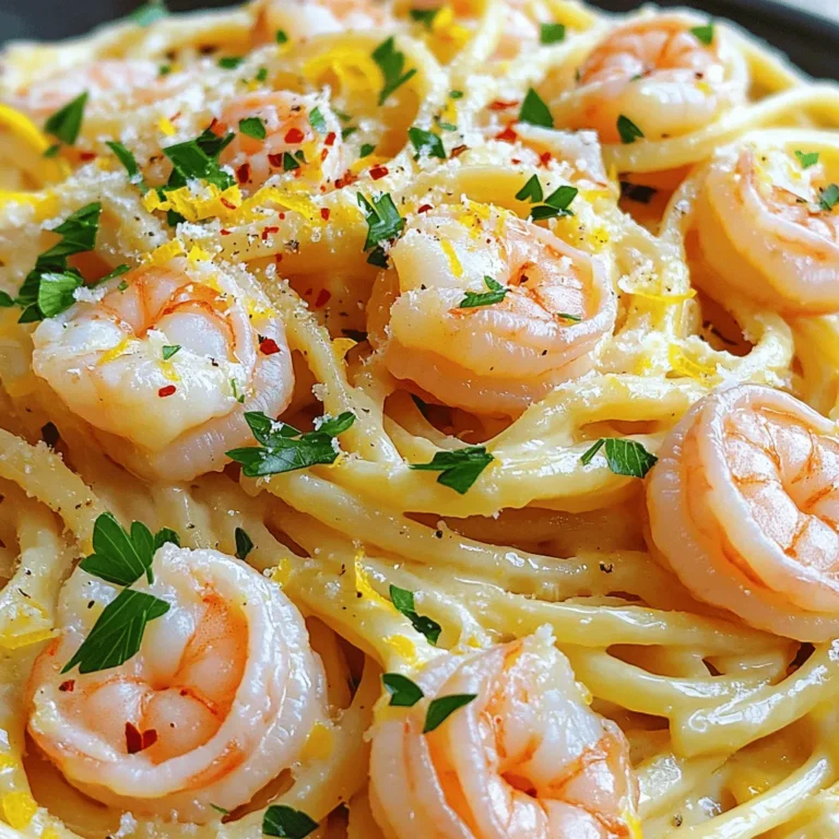 To make Lemon Butter Shrimp Pasta, gather these items: - 8 oz linguine or spaghetti - 1 lb large shrimp, peeled and deveined - 4 tablespoons unsalted butter - 3 cloves garlic, minced - Zest and juice of 1 large lemon - 1/2 teaspoon crushed red pepper flakes (optional) - Salt and freshly ground black pepper, to taste - 1/4 cup fresh parsley, finely chopped - Grated Parmesan cheese for serving (optional) If you need substitutes, here are some ideas: - Use fettuccine instead of linguine or spaghetti. - Swap shrimp for scallops or chicken. - Use olive oil in place of butter for a lighter dish. - Fresh garlic can be replaced with garlic powder, but use less. To ensure great taste, focus on freshness: - Buy shrimp that smells clean, like the ocean. - Look for shrimp with a firm texture and a slight sheen. - Choose fresh parsley with vibrant green leaves. - Use fresh lemons for the best flavor, avoiding dried or bottled juice. These tips help create a dish that is as delightful as it is simple. For the complete recipe, refer to the [Full Recipe]. Start by boiling a large pot of salted water. Once it bubbles, add 8 oz of linguine or spaghetti. Cook until the pasta is al dente. This usually takes about 8 to 10 minutes. Before draining, save 1/2 cup of the pasta water. Drain the pasta and put it in a big bowl. In a large skillet, melt 2 tablespoons of unsalted butter over medium heat. When the butter bubbles, add 1 lb of peeled and deveined shrimp. Sprinkle salt, black pepper, and crushed red pepper flakes if you want some heat. Cook the shrimp for 3 to 4 minutes until they turn pink and opaque. Take the shrimp out and set them aside on a plate. In the same skillet, add 2 more tablespoons of unsalted butter. Then, add 3 cloves of minced garlic. Sauté for about a minute. You want the garlic fragrant but not browned. Next, stir in the zest and juice of 1 large lemon. Mix well until combined. Now, add the cooked pasta to the skillet with the lemon garlic sauce. Toss gently to coat the noodles. If it feels dry, add a little of the reserved pasta water. Keep tossing until the pasta reaches a creamy texture. Fold in the cooked shrimp and 1/4 cup of chopped parsley. Make sure everything is evenly mixed. Taste the dish. Adjust the flavor with extra salt or black pepper if needed. Serve the pasta hot in shallow bowls. For a nice touch, add extra parsley and a sprinkle of grated Parmesan cheese on top. To cook shrimp just right, time is key. You want shrimp to turn pink and opaque. This usually takes about 3 to 4 minutes on medium heat. If you overcook them, they become tough. Keep an eye on them while they sauté. If they curl tightly, they are likely overdone. Take them out as soon as they are done. Lemon is the star of this dish. Zest and juice both bring bright flavor. Start with just the juice of one lemon. Taste the pasta sauce before adding more. If it’s too sour, add a pinch of sugar. This helps balance the flavors. You can also add more butter to soften the lemon taste. Sometimes things don’t go as planned. If your sauce is too thick, add some of the reserved pasta water. This will help loosen it up. If the shrimp seems bland, sprinkle a little more salt. For a bit of heat, add extra crushed red pepper flakes. Just remember to adjust slowly and taste often. For the full recipe, check out the detailed instructions. {{image_4}} You can make this dish even better by adding veggies. Spinach, cherry tomatoes, and bell peppers work well. Just sauté them with the shrimp for a quick cook. For a fresh crunch, try adding arugula or zucchini at the end. This boosts flavor and nutrition. If you want to switch up the protein, consider using scallops or chicken. Scallops cook fast like shrimp. Just remember to adjust the cook time. Chicken needs a bit longer. Cut it into small pieces to ensure even cooking. You can also use tofu for a vegetarian option. If you need a gluten-free option, swap regular pasta for gluten-free pasta. Rice noodles or zucchini noodles are great choices. They absorb the sauce well and keep the dish light. Always check labels to ensure your ingredients are gluten-free. To keep your lemon butter shrimp pasta fresh, store it in an airtight container. Place it in the fridge within two hours of cooking. It will stay good for up to three days. When you’re ready to eat, check for any signs of spoilage, like a sour smell or unusual texture. You can freeze this dish for longer storage. Allow the pasta to cool completely before freezing. Use a freezer-safe container or bag, and try to remove as much air as possible. It can last in the freezer for about two months. When you are ready to enjoy it, thaw it in the fridge overnight. For reheating, use the stovetop for best results. Place the pasta in a skillet over medium heat. Add a splash of water or broth to help revive the sauce. Stir often until heated through. You can also use the microwave, but be sure to cover it to keep moisture in. Heat it in short bursts, stirring in between. This will help keep the pasta from drying out. For extra flavor, add a squeeze of fresh lemon juice before serving. For a full recipe, check out the details above! To make Lemon Butter Shrimp Pasta, start by cooking the pasta. Boil salted water, add linguine or spaghetti, and cook until al dente. Reserve some pasta water before draining. Next, melt butter in a skillet over medium heat. Add shrimp, season with salt and pepper, and sauté until pink. Remove shrimp and cook garlic in the same skillet. Add lemon zest and juice, then return the pasta and shrimp. Toss everything together, adding reserved pasta water as needed. Finish with parsley and serve hot. For the complete recipe, check the Full Recipe section. You can serve Lemon Butter Shrimp Pasta with a fresh green salad or garlic bread. A light, crisp white wine pairs well too. For added flavor, consider a side of roasted vegetables. These options enhance the meal and balance the rich flavors. Yes, you can use frozen shrimp. Just thaw them before cooking. Place the shrimp in cold water for about 15-20 minutes. After they are thawed, peel and devein if needed. This allows you to enjoy this dish even when shrimp is not fresh. To prevent pasta from sticking, use plenty of water when boiling. Stir the pasta during the first few minutes of cooking. Drain it well and toss it with a little olive oil after draining. This keeps the noodles separate and ready for the sauce. Linguine and spaghetti are the best choices for this dish. They hold the sauce well and complement the shrimp. You can also try fettuccine for a thicker noodle. Choose a pasta that you enjoy, as it can enhance your overall experience. In this blog post, I covered the key ingredients for Lemon Butter Shrimp Pasta and offered tips on making it shine. You learned how to cook shrimp perfectly and balance that bright lemon flavor. I shared variations to suit your taste and provided essential storage info for leftovers. With these steps, you can create a delicious meal. Try new ingredients or variations to keep things exciting. Enjoy making this dish and impressing your family and friends!
