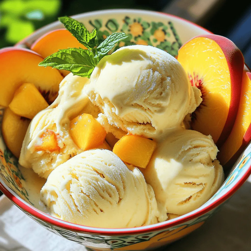 - Fresh peaches: Use ripe peaches for the best flavor. They add sweetness and a nice texture. - Heavy cream: This gives the ice cream its rich, creamy feel. You can use lighter cream, but it will change the texture. - Granulated sugar: This sweetens the ice cream. It also helps create a smooth texture by lowering the freezing point. - Flavor enhancers: Adding pure vanilla extract gives depth. A splash of lemon juice brightens the flavor. - Mix-ins: Consider adding crunchy nuts or chocolate chips for extra fun. You can also swirl in some peach jam for more peach flavor. For the complete recipe, check out the Full Recipe above. Start by washing the peaches well. Use ripe peaches for the best taste. Next, peel each peach. A sharp knife works well for this. After peeling, dice the peaches into small chunks. Aim for pieces that are about half an inch. This size helps them blend well. For blending, place the diced peaches in a high-speed blender. Add granulated sugar and fresh lemon juice. Blend on medium speed. Stop when it’s creamy but still has small chunks. This gives the ice cream a nice texture. In a large mixing bowl, combine heavy cream, whole milk, and sugar. Use a whisk to mix them well. Make sure the sugar dissolves completely. Add pure vanilla extract and a pinch of salt. This will enhance the flavor. Whisk the mixture until it becomes smooth. Now, fold in the peach puree. Use a rubber spatula for this. Be gentle and do not overmix. You want to see swirls of peach in the mixture. This adds to the ice cream’s look. Pour the mixture into an ice cream maker. Follow the manufacturer's instructions for churning. Usually, this takes about 20-25 minutes. Watch for a soft-serve consistency; this means you are close. When it’s ready, transfer the ice cream to a lidded container. Smooth the top so it freezes evenly. Freeze for at least 4 hours. This helps it become firm and scoopable. Before serving, let it sit at room temperature for 5-10 minutes. This softens it just enough for easy scooping. You can find the full recipe in the earlier section. Enjoy this sweet treat! To get the best texture in your peach ice cream, follow these tips: - Freezing guidelines for best results: After churning in the ice cream maker, pour your mixture into a container. Freeze it for at least 4 hours. This helps it firm up nicely. - Softening tips before serving: When ready to serve, let the ice cream sit at room temperature for 5-10 minutes. This softens it just enough to scoop easily. Avoid these common pitfalls for perfect peach ice cream: - Overmixing and its consequences: When folding in the peach puree, be gentle. Overmixing can turn your ice cream into a uniform color, losing those pretty peach swirls. - Incorrect churning times: Follow the manufacturer’s instructions for your ice cream maker. Churning for too long can cause ice crystals to form, ruining the creamy texture you want. By keeping these tips in mind, your homemade peach ice cream will be a delightful treat every time. For more details, check out the Full Recipe. {{image_4}} You can easily change up your peach ice cream by adding herbs or spices. Fresh basil adds a lovely twist. Cinnamon gives a warm, cozy feel. A pinch of nutmeg can also work well. Mixing peaches with other fruits creates fun surprises. Try adding strawberries for sweetness or blueberries for tartness. Each fruit brings a new flavor that keeps it exciting. If you're looking for dairy-free options, coconut cream works great. It gives a rich taste and smooth texture. Almond milk can also be a lighter choice. For those who want to cut sugar, try using honey or maple syrup. These options keep your ice cream sweet without adding processed sugar. Remember, you can always adjust the recipe to fit your needs. For the full recipe, check out the Peach Paradise Ice Cream section. To keep your peach ice cream fresh, choose the right container. Use a lidded plastic or glass container. Make sure it’s airtight to prevent ice crystals from forming. You can also line the container with plastic wrap before sealing. This extra layer helps keep the ice cream creamy. You can store peach ice cream for up to two weeks. After that, it may lose flavor and texture. If you plan to keep it longer, consider freezing it in smaller portions. This way, you can enjoy a scoop whenever you want. Sometimes, ice cream can get too hard in the freezer. To soften it, remove the container and let it sit at room temperature for 10 minutes. This will make it easier to scoop. If it’s still too hard, try adding a splash of milk or cream. Stir it in gently to adjust the texture. This can bring back that smooth and creamy feel. Enjoy your homemade peach ice cream any time! Yes, you can use frozen peaches. They can work well in ice cream. However, there are a few things to keep in mind. First, make sure the peaches are thawed and drained of excess water. This helps avoid watery ice cream. Also, frozen peaches may lack the fresh flavor and sweetness of ripe, fresh ones. If you choose frozen, try to pick high-quality fruits for the best taste. To make homemade peach ice cream, you need some basic tools: - A high-speed blender for mixing - A large mixing bowl for combining ingredients - A rubber spatula for folding the mixtures - An ice cream maker for churning - A lidded container for freezing These tools help make the process smooth and enjoyable. Having them ready will save you time and effort. Homemade peach ice cream beats store-bought options in many ways. First, you control the ingredients. You can choose fresh peaches and avoid preservatives. Second, the flavor is often brighter and more vibrant. Homemade ice cream usually has a creamier texture, with real fruit pieces adding a delightful crunch. Plus, making it at home gives you a fun experience and a tasty reward. Peach ice cream has a rich history. It likely began in the southern United States, where peaches grow abundantly. The first known recipes appeared in the 1800s. People cherished peaches for their sweet flavor. Over time, this treat spread and evolved, with many regions adding their own twist. Today, peach ice cream is loved across the globe and enjoyed in various ways. Homemade peach ice cream uses fresh peaches and simple ingredients. The process is fun and rewarding. You'll blend, churn, and freeze to create creamy goodness. Remember to avoid common mistakes like overmixing. Explore flavor variations for a unique touch. Store it properly to keep it fresh. Making this treat at home is enjoyable. Now, you can impress your friends and family with your tasty peach ice cream. Enjoy every scoop!