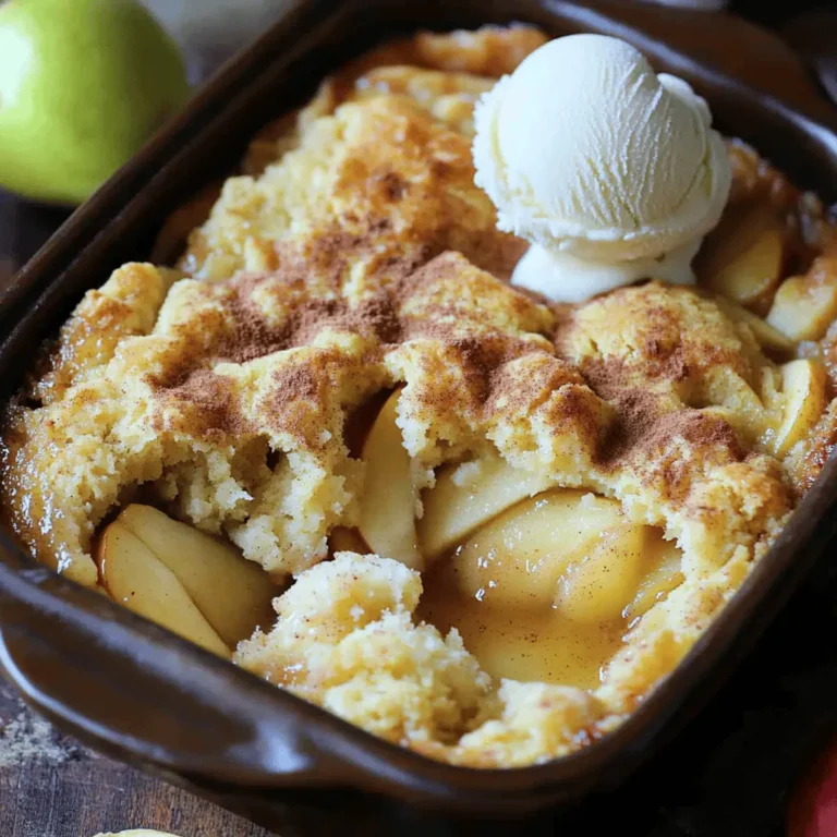 To make a tasty Snickerdoodle Apple Cobbler, you need the following ingredients: - 4 medium-sized apples (Granny Smith or Honeycrisp), peeled and thinly sliced - 1 tablespoon fresh lemon juice - 1 cup granulated sugar, divided - 1 teaspoon ground cinnamon, divided - 1 cup all-purpose flour - 2 teaspoons baking powder - 1/2 teaspoon salt - 1/2 cup unsalted butter, melted and slightly cooled - 1 large egg - 1/2 cup milk - 1/2 teaspoon pure vanilla extract - 1 teaspoon ground nutmeg (for a unique twist) These ingredients come together to create a warm, comforting dessert that everyone loves. You can add some optional ingredients to make this dessert even better. Consider these: - Chopped nuts like pecans or walnuts for crunch - A scoop of caramel sauce for extra sweetness - A sprinkle of sea salt to enhance flavors - Dried fruits like raisins or cranberries for added texture These enhancements can take your cobbler to a new level. Sometimes, you may not have every ingredient on hand. Here are some substitutions you can use: - Use other apple varieties, like Fuji or Braeburn, if needed. - Swap granulated sugar with brown sugar for a deeper flavor. - Replace all-purpose flour with whole wheat flour for more fiber. - Use coconut oil or vegetable oil instead of butter for a dairy-free option. These alternatives will keep your cobbler delicious while fitting your needs. For the complete recipe, check out the [Full Recipe]. Start by preheating your oven to 350°F (175°C). This step is vital for even baking. Next, grab a 9x9-inch baking dish and grease it lightly with butter or cooking spray. This helps prevent the cobbler from sticking. In a large mixing bowl, take four medium-sized apples. I love using Granny Smith or Honeycrisp apples. Peel them and slice them thinly. Add one tablespoon of fresh lemon juice to keep the apples bright. Then, mix in 1/2 cup of granulated sugar and 1/2 teaspoon of ground cinnamon. Stir until the apples are well-coated. Pour this delicious mixture into the prepared baking dish, spreading it out evenly. Now, let’s make the batter. In another bowl, mix one cup of all-purpose flour, two teaspoons of baking powder, 1/2 teaspoon of salt, and the remaining 1/2 cup of granulated sugar. Add 1/2 teaspoon of cinnamon for flavor. In a separate bowl, whisk together 1/2 cup of melted unsalted butter, one large egg, 1/2 cup of milk, and 1/2 teaspoon of pure vanilla extract. Gradually pour the wet mixture into the dry ingredients. Stir gently with a spatula until just combined. Be careful not to overmix. This ensures the cobbler stays tender. Now, dollop the batter over the apple mixture in the baking dish. Spread it gently to cover most apples, leaving some peeking through. For a unique twist, combine one teaspoon of ground nutmeg with a pinch of cinnamon and sugar in a small bowl. Sprinkle this mix evenly over the top of the batter. Place the baking dish in the preheated oven. Bake for 35-40 minutes. Your cobbler is done when the top is golden brown. A toothpick inserted into the center should come out clean. Once baked, take the cobbler out of the oven. Let it cool for about 10 minutes before serving. This cooling time helps all the flavors meld together beautifully. Enjoy your Snickerdoodle Apple Cobbler! For the full recipe, check out the earlier sections. To make your snickerdoodle apple cobbler shine, I have some key tips. - Choose the Right Apples: Use tart apples like Granny Smith. They balance the sweetness well. - Don’t Skip the Lemon Juice: This keeps the apples fresh and adds a nice zing. - Mix Carefully: When combining wet and dry ingredients, mix just until combined. Overmixing leads to a tough texture. - Add a Nutmeg Boost: A sprinkle of nutmeg adds warmth and depth to your cobbler. - Keep an Eye on Baking Time: Ovens vary, so check for a golden top and a clean toothpick. Baking can be tricky, and mistakes often happen. Here are some to watch out for: - Using Cold Ingredients: Make sure butter and eggs are at room temperature. This helps the batter mix better. - Not Preheating the Oven: Always preheat your oven. This ensures even baking from the start. - Overcrowding the Dish: Don’t pack the apple filling too tightly. Allow space for the apples to soften. - Ignoring the Cooling Time: Let the cobbler cool for a bit before serving. This helps the flavors blend. Having the right tools makes baking easier. Here’s what I recommend: - 9x9-inch Baking Dish: This is perfect for even baking. - Mixing Bowls: Use at least two medium bowls for mixing ingredients. - Whisk: A good whisk is vital for combining wet and dry ingredients smoothly. - Spatula: A silicone spatula is great for folding and scraping batter. - Measuring Cups and Spoons: Precision matters in baking. Accurate measurements lead to better results. For the full recipe, check out the detailed instructions to guide you through each step. {{image_4}} You can change the flavor of your Snickerdoodle Apple Cobbler easily. Adding nuts gives it a nice crunch. Try using chopped walnuts or pecans. You can also change the spices. Instead of just cinnamon, add a pinch of cardamom. This gives it a warm and unique taste. For a sweeter twist, mix in some chocolate chips. They melt and add a rich flavor to each bite. To make a healthier version, swap all-purpose flour for whole wheat flour. This adds fiber and nutrients. You can also use sugar substitutes, like stevia or coconut sugar. These options lower the calories while keeping the sweetness. If you want to cut down on fat, use applesauce instead of butter. It keeps the cobbler moist while being lighter. Change up the fruit based on the season. In spring, use fresh berries like strawberries or blueberries. In fall, pears can add a different flavor profile. They pair well with apples and spices. You could also top the cobbler with a sprinkle of oats for a crunchy topping. This adds texture and makes a great twist on the classic recipe. For the full recipe, check out the guide we provide. To keep your Snickerdoodle Apple Cobbler fresh, store it in an airtight container. Let it cool for about 10 minutes after baking. Then, cover it tightly and place it in the fridge. This helps keep the flavors intact and prevents it from drying out. Enjoy the cobbler within 3-4 days for the best taste. Reheating is simple. Preheat your oven to 350°F (175°C). Place the cobbler in an oven-safe dish. Cover it loosely with foil. Heat for about 15-20 minutes. Check if it's warm throughout. You can also microwave individual servings for about 20-30 seconds. Add a scoop of ice cream on top for a warm treat. To freeze your cobbler, let it cool completely first. Cut it into portions and wrap each piece in plastic wrap. Then, place the wrapped portions in a freezer-safe bag. Remove air to prevent freezer burn. Your cobbler will stay good for up to 3 months. When you're ready to eat, thaw it in the fridge overnight and reheat as mentioned above. For the full recipe, check the link in the article. You can tell the cobbler is done when the top is golden brown. Also, insert a toothpick into the center. If it comes out clean, your cobbler is ready. Baking usually takes 35 to 40 minutes. Keep an eye on it. If it starts to brown too quickly, cover it lightly with foil. Yes, you can use different types of apples. Granny Smith and Honeycrisp are great choices. They add a nice balance of sweet and tart. Other good options include Fuji or Braeburn. Just make sure to peel and slice them thinly for even cooking. I love serving this cobbler warm with vanilla ice cream. The creamy ice cream melts into the warm cobbler. It creates a delicious mix of flavors and textures. You can also add a light dusting of cinnamon on top. For a fresh touch, add thin apple slices as a garnish. They look great and taste amazing! For the full recipe, please visit [Full Recipe]. In this post, we explored the delightful Snickerdoodle Apple Cobbler. We covered required and optional ingredients, plus substitutions. You learned step-by-step how to prepare the filling and batter. We shared tips to avoid common mistakes and suggested the best tools for success. Variations, including healthier options, added fun. Lastly, we discussed storage and reheating. Now, you're ready to create a comforting dessert. Enjoy baking and experimenting with your own twists!