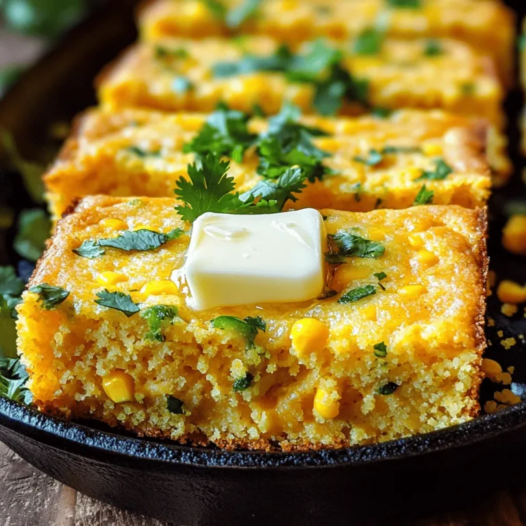 To make Cheddar Jalapeño Cornbread, you need key ingredients. Here’s what to gather: - 1 cup cornmeal - 1 cup all-purpose flour - 1 tablespoon baking powder - 1 teaspoon salt - 1 cup buttermilk - 2 large eggs - 1/4 cup honey - 1/4 cup unsalted butter, melted - 1 cup sharp cheddar cheese, shredded - 2 jalapeños, finely chopped (seeds removed for less heat) - 1/2 cup corn kernels (fresh or frozen) These ingredients give the cornbread its rich flavor and nice texture. Cornmeal brings the classic taste, while the cheddar and jalapeños add a kick. Using the right tools makes cooking easy. Here’s what you need: - A large mixing bowl - A whisk - A spatula - A 9-inch square baking pan or a cast iron skillet - An oven These tools help you mix, bake, and serve the cornbread well. The cast iron skillet gives the bread a nice crust. Sometimes, you may not have all the ingredients. Here are some swaps: - Cornmeal: You can use polenta or fine ground corn flour. - All-purpose flour: Use whole wheat flour for a heartier taste. - Buttermilk: You can mix regular milk with lemon juice or vinegar. - Cheddar cheese: Try pepper jack for more spice or mozzarella for a milder flavor. - Jalapeños: Use bell peppers for a milder option. These substitutions keep the spirit of the dish while adjusting to what you have on hand. For the full recipe, you can refer to the original instruction set. First, preheat your oven to 400°F (200°C). This heat helps the cornbread rise. Next, take a 9-inch square baking pan or a cast iron skillet. Grease it well with butter. This step ensures that your cornbread won’t stick to the pan. Set the pan aside as you prepare the batter. In a large mixing bowl, add the following dry ingredients: - 1 cup cornmeal - 1 cup all-purpose flour - 1 tablespoon baking powder - 1 teaspoon salt Whisk these ingredients together until they blend smoothly. Make sure there are no lumps. This mix creates the base of your cornbread. In another bowl, mix the wet ingredients: - 1 cup buttermilk - 2 large eggs - 1/4 cup honey - 1/4 cup unsalted butter, melted Whisk these together until smooth. This mixture adds moisture and sweetness. The buttermilk helps create a tender cornbread. Now, pour the wet ingredients into the bowl of dry ingredients. Use a spatula to stir gently. Mix until just combined; avoid overmixing. Next, fold in the extras: - 1 cup sharp cheddar cheese, shredded - 2 jalapeños, finely chopped (seeds removed for less heat) - 1/2 cup corn kernels (fresh or frozen) Make sure these flavors spread evenly through the batter. Transfer the batter into your prepared baking pan. Spread it evenly across the surface. Bake in your preheated oven for 20-25 minutes. The top should turn golden brown. To check if it’s done, insert a toothpick into the center. If it comes out clean, your cornbread is ready. Once baked, let it cool for about 10 minutes before slicing it into squares. Enjoy your warm Cheddar Jalapeño Cornbread! To get the best texture, mix your dry and wet ingredients separately. This helps keep lumps out of the batter. When you combine them, stir gently. Overmixing can make the cornbread tough. You want it light and fluffy. Adding a little corn gives it a nice bite too. Want more heat? Add more jalapeños! For less heat, remove the seeds and ribs. You can also use milder peppers like poblano. If you want a twist, try adding a pinch of cayenne for a warm kick. Taste as you go to find your perfect spice level. Cornbread pairs well with many dishes. Try it with chili for a warm meal. It also works great with soups or stews. For a fun twist, serve it with honey butter on top. You can even enjoy it with a side of salsa. For the full recipe, check out the linked page. {{image_4}} You can easily make a gluten-free Cheddar Jalapeño Cornbread. Swap the all-purpose flour for a gluten-free blend. Look for one that works cup-for-cup with regular flour. Ensure the baking powder is also gluten-free. This way, everyone can enjoy this tasty treat. While sharp cheddar is the star, feel free to mix it up. Try using pepper jack for a spicy kick. Aged gouda adds a rich, nutty flavor. You can even use crumbled feta for a tangy twist. Each cheese brings its own charm to the cornbread. Want to take your cornbread to the next level? Add crispy bacon for a savory crunch. Fresh herbs like cilantro or chives brighten up the flavors. You could also toss in some diced bell peppers for extra color and taste. Get creative with your mix-ins to make this recipe your own. Check out the Full Recipe for more ideas. To keep your cornbread fresh, let it cool completely. Wrap it tightly in plastic wrap. You can also place it in an airtight container. Store it at room temperature for up to two days. If you want to keep it longer, refrigeration is a good option. Just remember, the cold can dry it out a bit. When you're ready to enjoy your cornbread again, reheating is easy. Preheat your oven to 350°F (175°C). Place the cornbread on a baking sheet. Cover it with foil to keep it moist. Heat for about 10-15 minutes. You can also use a microwave. Just warm it for 15-30 seconds. If you want it crispy, try a toaster oven instead. Freezing cornbread is a smart way to save it for later. First, cool the cornbread completely. Then, cut it into squares. Wrap each piece in plastic wrap, then in foil. This helps prevent freezer burn. Store the wrapped cornbread in a freezer-safe bag. It can last up to three months. When you’re ready to eat, thaw it in the fridge overnight before reheating. For a quick option, you can reheat it straight from the freezer. Just add a few extra minutes to your baking time. For the full recipe, check out the Cheddar Jalapeño Cornbread details. You can check if cornbread is ready by inserting a toothpick into the center. If it comes out clean, your cornbread is done. You can also look for a golden brown top. The edges should pull away slightly from the pan. Yes, you can use regular milk if you don’t have buttermilk. To mimic buttermilk, add a tablespoon of vinegar or lemon juice to a cup of milk. Let it sit for five minutes. This will create a similar tangy flavor. Cheddar Jalapeño Cornbread pairs well with many dishes. Some great options include: - Hearty chili - Barbecue meats - Soups and stews - Fresh salads You can also enjoy it with butter and honey for a sweet touch. You can prepare the batter ahead of time. Mix all your dry and wet ingredients separately, then store them in the fridge. Combine them just before baking. You can also bake the cornbread a day early. Just store it in an airtight container. Reheat it in the oven before serving for the best taste. For the full recipe, check out the details above. In this blog post, I covered the key ingredients and tools for cheddar jalapeño cornbread. I shared step-by-step instructions to help you bake it perfectly. You learned tips on texture, spice adjustment, and serving ideas. I also offered variations for different diets and storage tips for leftovers. Now, it's your turn to try this delicious recipe. Enjoy the process and the result! Happy baking!