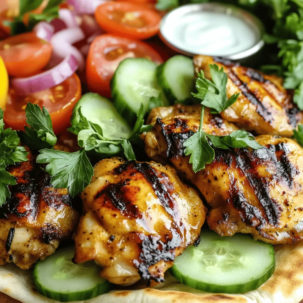 To make Easy Chicken Shawarma, gather these items: - 500g boneless, skinless chicken thighs - 2 tablespoons extra virgin olive oil - 3 cloves garlic, finely minced - 1 tablespoon ground cumin - 1 tablespoon ground coriander - 1 tablespoon smoked paprika - 1 teaspoon ground turmeric - 1 teaspoon ground cinnamon - 1 teaspoon sea salt - ½ teaspoon freshly ground black pepper - Juice of 1 large lemon - 4 soft pita breads - Fresh parsley, finely chopped, for garnish - Tomato, cucumber, and red onion, thinly sliced, for serving - Creamy yogurt or rich tahini sauce, for drizzling This list covers all you need for vibrant flavors. You can swap chicken thighs for chicken breasts if you prefer leaner meat. If you're short on spices, try a ready-made shawarma mix for ease. To prepare this dish, you'll need: - A medium mixing bowl for the marinade - A whisk to blend the ingredients - A grill or large skillet for cooking - A meat thermometer to check doneness - Storage containers for leftovers Using a meat thermometer ensures you cook the chicken to 75°C (165°F). This keeps it juicy and safe to eat. Store any leftovers in airtight containers for up to three days. Enjoy your flavorful meal, and don't forget to check the [Full Recipe] for all the steps! To start, we need to make a tasty marinade. Take a medium mixing bowl and combine these ingredients: - 2 tablespoons extra virgin olive oil - 3 cloves garlic, finely minced - 1 tablespoon ground cumin - 1 tablespoon ground coriander - 1 tablespoon smoked paprika - 1 teaspoon ground turmeric - 1 teaspoon ground cinnamon - 1 teaspoon sea salt - ½ teaspoon freshly ground black pepper - Juice of 1 large lemon Whisk these together until mixed well. This mix makes your chicken full of flavor. Next, add the 500g boneless, skinless chicken thighs. Make sure every piece is coated in the marinade. Cover the bowl tightly with plastic wrap. For the best taste, let it sit in the fridge for at least 1 hour. If you can, leave it overnight for even better flavor. When you are ready to cook, preheat your grill or a large skillet on medium-high heat. You want it nice and hot. Take the marinated chicken out of the fridge. Let it sit at room temperature for about 10 minutes. This helps it cook evenly. Place the chicken on the hot grill or skillet. Cook for about 6-8 minutes on each side. You want the chicken to have a nice char and be fully cooked. Check that the internal temperature reaches 75°C (165°F). Once cooked, let the chicken rest for 5 minutes. Then slice it into thin strips. This gives you a tender texture. Now, it’s time to fill our pitas. Take your warm pita bread and place a good amount of sliced chicken inside. For extra crunch and color, add some fresh toppings: - Fresh parsley, finely chopped - Tomato, thinly sliced - Cucumber, thinly sliced - Red onion, thinly sliced Finish your shawarma with a drizzle of creamy yogurt or zesty tahini sauce. Wrap the pita up tight, and it's ready to eat! Enjoy your homemade shawarma delight! For a complete guide, check out the Full Recipe. To achieve the best char marks on your chicken, start with a hot grill or skillet. Make sure the grill is preheated to medium-high heat. Cook the chicken without moving it too much. Let it sit for about 6 to 8 minutes on each side. This allows those crispy, golden marks to form. Resting the chicken before slicing is also key. Once you take the chicken off the heat, let it rest for 5 minutes. This helps the juices stay inside the meat. When you slice it, the chicken will be tender and juicy. Pair your chicken shawarma with tasty side dishes. A fresh tabbouleh salad makes a great choice. You can also serve hummus or baba ganoush for dipping. These flavors complement the shawarma well. For drinks, a chilled lemonade or mint tea works nicely. These drinks balance the spices and add a refreshing touch. Want to spice things up? Try adding a pinch of cayenne pepper to the marinade. This will give your chicken an extra kick. You can also drizzle some sriracha or harissa sauce over the finished shawarma for added heat. If you prefer milder flavors, simply reduce the spices. Use less cumin or paprika in the marinade. This way, you can adjust the taste to suit your preferences. For more variety, try adding fresh herbs like mint or dill for a burst of freshness. For the full recipe, check the section above. {{image_4}} You can easily make this dish plant-based. Use chickpeas or tofu instead of chicken. For chickpeas, drain and rinse one can. Toss them with the same marinade. If you choose tofu, press it to remove water and cut it into cubes. Marinate the tofu just like the chicken. For a veggie-loaded option, try grilled vegetables. Zucchini, bell peppers, and mushrooms work great. Slice them into strips and marinate them. Grill until they are tender and slightly charred. If you do not have a grill, don’t worry! You can use an Instant Pot. Cook the marinated chicken on high pressure for about 8 minutes. This keeps the chicken juicy. You can also use an oven. Preheat it to 200°C (400°F). Place the chicken on a baking sheet and roast for 20-25 minutes. Check that the chicken reaches 75°C (165°F) inside. Another great choice is the slow cooker. Add the marinated chicken and cook on low for 6-8 hours. This makes the chicken very tender and flavorful. To make your shawarma extra special, try new toppings. Feta cheese adds a nice salty flavor. Pickled vegetables can give a tangy crunch. You can also experiment with sauces. A spicy harissa or cool tzatziki can change the flavor. Consider regional spices too. Try za'atar for a herby taste or sumac for tartness. Each spice can make your shawarma unique. For the full recipe, check out Shawarma Delight: Easy Chicken Edition. To keep your chicken shawarma fresh, store it properly. Place the leftover chicken in an airtight container. This will help maintain its flavor and moisture. For the best taste, eat leftovers within three days. If you have assembled pitas, store the chicken and veggies separately. This keeps the pita from getting soggy. You can keep the sliced chicken in the fridge for three days, too. When it's time to enjoy your leftovers, reheating is key. Use a skillet or oven to heat the chicken. This method helps keep the chicken juicy. Avoid using a microwave, as it can dry out the meat. Heat the chicken over medium heat for about five minutes. Stir it gently to keep it moist. If the chicken seems dry, add a splash of water or broth. You can freeze leftover chicken shawarma for later. Place the cooled chicken in a freezer-safe container. Make sure to remove excess air to prevent freezer burn. It can last up to three months in the freezer. When you're ready to eat, thaw the chicken in the fridge overnight. Reheat it on the stove for the best texture. You can enjoy that delicious flavor anytime! Chicken shawarma is a popular dish from the Middle East. It has roots in the Levant region. Traditionally, cooks stack marinated meat on a vertical spit. They cook it slowly, letting the juices flow down. The meat is then shaved off in thin strips. The spices in shawarma are what make it special. Common spices include cumin, coriander, and paprika. These give the chicken a warm, rich flavor. Shawarma is often served in pita bread with fresh veggies and sauce. Yes, you can prep chicken shawarma in advance. Marinate the chicken the night before. This helps the flavors mix well. When you are ready to cook, take it out of the fridge. Cook it fresh for the best taste. You can also slice the cooked chicken and store it. Place it in an airtight container in the fridge. It will last for about 3 days. Just reheat it when you are ready to eat. If you want to change things up, try these alternatives to pita bread: - Flatbreads - Tortillas - Naan bread - Lettuce wraps for a low-carb option These options work well with the chicken and veggies. You can also serve shawarma over rice or in a bowl with salad. To make a gluten-free chicken shawarma, choose gluten-free pita or flatbreads. Look for brands that clearly state they are gluten-free. You can also use lettuce as a wrap. Always check the spice blend for gluten. Some pre-made spices might contain gluten. Make your own mix using cumin, paprika, and other safe spices. The best sauces for chicken shawarma include: - Creamy yogurt sauce - Rich tahini sauce Yogurt sauce is smooth and tangy. It cools down the spices. Tahini sauce is nutty and flavorful. Both add a wonderful touch to your shawarma. Drizzle them on top or serve them on the side for dipping. For the full recipe, check out Shawarma Delight: Easy Chicken Edition. In this guide, we explored how to make Easy Chicken Shawarma from start to finish. We covered essential ingredients, tools, marinating techniques, cooking methods, and clever tips for serving and storing leftovers. You can easily customize this dish for various tastes and dietary needs, ensuring everyone enjoys it. With a little practice, you’ll master the art of shawarma. Get ready to impress your family and friends with your new skills in the kitchen!