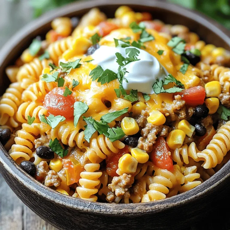 - 1 lb ground beef or ground turkey - 1 medium onion, finely diced - 2 cloves garlic, minced - 1 packet taco seasoning - 1 can (14 oz) diced tomatoes with green chilies, undrained - 3 cups low-sodium chicken broth - 8 oz elbow macaroni or rotini pasta - 1 cup frozen corn kernels - 1 cup canned black beans, rinsed and drained - 1 cup shredded cheese (cheddar or Mexican cheese blend) - Fresh cilantro leaves for garnish - Optional: Sour cream for serving - Salt and freshly cracked pepper to taste To make this One Pot Taco Pasta, you only need a few simple items. Ground beef or turkey forms the base of the dish. I love using ground turkey for a lighter option. Onions and garlic add a great flavor. Dice the onion finely. Mince the garlic to blend well. The taco seasoning is key here. It gives the dish its signature taste. The diced tomatoes with green chilies add depth and spice. Make sure to use them undrained to help cook the pasta. Chicken broth keeps everything moist and flavorful. For the pasta, I prefer elbow macaroni or rotini. Both types soak up the sauce well. Frozen corn and black beans add texture and nutrition. Finally, cheese melts into a creamy topping. I usually use cheddar or a Mexican blend. Garnish with cilantro for a fresh touch. Sour cream is optional but adds a nice creaminess. Use salt and pepper to adjust the flavor. These ingredients come together to create a simple yet tasty meal. You can find the complete list in the Full Recipe. - Cook the ground beef or turkey: Start by placing the meat in a large pot over medium heat. Break it apart with a spatula. Cook until no pink remains. If there's extra fat, drain it away. - Sauté onion and garlic: Next, add the finely diced onion and minced garlic to the pot. Stir them for about 3-4 minutes. You want the onion to become soft and clear. - Mix in taco seasoning: Now, sprinkle the taco seasoning into the pot. Stir well so the meat and onions are fully coated. This adds a great flavor to your dish. - Pour in diced tomatoes and chicken broth: After that, pour in the can of diced tomatoes, juices included, and the chicken broth. Stir everything together and bring it to a gentle simmer. - Add pasta and cover to cook: Once it simmers, add the pasta. Make sure the pasta is fully covered by the broth. Cover the pot and cook for 10-12 minutes. Stir it occasionally to stop the pasta from sticking. - Incorporate corn and black beans: When the pasta is al dente, fold in the corn and black beans. Mix everything well and let it heat for 2-3 minutes until warm. - Stir in shredded cheese: Take the pot off the heat. Stir in the shredded cheese until it melts. This creates a creamy sauce that hugs the pasta. - Season to taste: Taste your dish and add salt and cracked pepper as needed. This will enhance the flavors. - Serve the dish: Now, your One Pot Taco Pasta is ready to enjoy! Serve it in bowls. Top it with fresh cilantro and a dollop of sour cream if you like. For extra flavor, feel free to add more cheese before serving. For the complete recipe, check out the Full Recipe section. - To prevent pasta from sticking, stir it well while it cooks. - Use medium heat for cooking the meat and onions. This keeps them from browning too fast. - Simmering is key. It helps blend the flavors well and cooks the pasta right. - For garnishing, sprinkle fresh cilantro and cheese on top. It adds color and taste. - Pair your One Pot Taco Pasta with a side salad or some tortilla chips for crunch. - To serve leftovers, try making a taco bowl. Add some avocado or extra cheese for fun. {{image_4}} You can easily change the protein in this dish. Ground turkey works well if you want a leaner option. It has a mild flavor that soaks up the taco seasoning. Ground beef is a classic choice, adding richness. If you prefer vegetarian meals, try lentils or crumbled tofu. Both options absorb the spices and provide great texture. Pasta type matters too. If you need gluten-free options, use rice pasta or quinoa pasta. These work well and keep the dish safe for gluten-sensitive folks. For seasoning, consider low-sodium taco seasoning to cut back on salt. If you like heat, try spicy taco seasoning or add hot sauce for an extra kick. Want to spice things up? Add chili powder or cayenne pepper for heat. You can also mix in cumin or smoked paprika for depth. Vegetables like bell peppers or zucchini can boost nutrition and flavor. Top with sliced jalapeños for a fresh crunch. Each swap can turn this dish into something new and fun. For the full recipe, check out the section above! To store your One Pot Taco Pasta, let it cool first. Place it in an airtight container. This keeps moisture in and prevents it from drying out. You can store it in the fridge for up to 4 days. When reheating, use the stovetop for the best flavor. Add a splash of broth to keep it moist. Heat over low to medium heat, stirring often. This prevents it from burning or drying out. You can freeze One Pot Taco Pasta for longer storage. Place it in a freezer-safe container. It can stay good for up to 3 months. To thaw, move it to the fridge overnight. Reheat on the stovetop with a little broth. This makes sure it stays creamy and tasty. It takes about 30 minutes in total to make One Pot Taco Pasta. Here’s the breakdown: - Prep time: 10 minutes - Cook time: 20 minutes This includes cooking the meat, sautéing the veggies, and simmering the pasta. It's quick and easy! Yes, you can make this dish ahead of time. Here are some tips: - Cook and cool: Make the dish as usual, then let it cool. - Store: Place it in an airtight container in the fridge. - Reheat: When ready to eat, just warm it on the stove or microwave. This makes it great for meal prep! You can add many tasty things for extra flavor: - Toppings: Try diced avocado, jalapeños, or green onions. - Spices: Add crushed red pepper for heat or smoked paprika for depth. - Vegetables: Mix in bell peppers or zucchini for added nutrition. These options will make your One Pot Taco Pasta even more delicious. For the full recipe, check the link provided! One Pot Taco Pasta is simple and tasty. We covered the key ingredients needed and how to cook them step-by-step. I shared tips for great texture and flavor, plus ideas for switching up the recipe. With these easy steps, you can impress friends and family with a delicious meal. Don’t forget to try different flavors and make it your own. Enjoy every bite and share your version!