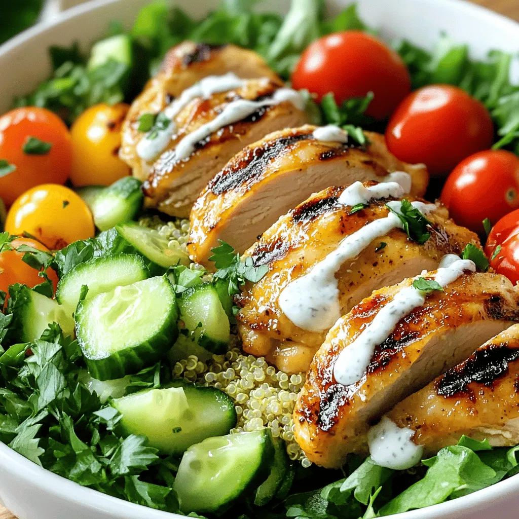 - 1 lb boneless, skinless chicken thighs - 2 tablespoons olive oil - 3 cloves garlic, minced - 2 teaspoons ground cumin - 2 teaspoons ground paprika - 1 teaspoon ground turmeric - 1 teaspoon ground cinnamon - 1 teaspoon cayenne pepper (adjust according to spice preference) - Salt and pepper to taste - 1 cup cooked quinoa or couscous (your choice) - 1 cup cherry tomatoes, halved - 1 cucumber, diced into bite-sized pieces - 1/2 red onion, thinly sliced - 1 cup mixed greens or baby spinach - 1/4 cup plain Greek yogurt - 2 tablespoons tahini - Juice of 1 fresh lemon - Fresh parsley, chopped, for garnish For these Chicken Shawarma Bowls, chicken thighs shine as the star. They stay juicy and tender, making each bite a delight. Olive oil and spices create a fantastic marinade. The blend of garlic, cumin, and paprika gives a warm, rich flavor. The cayenne adds a kick, but you can adjust it to suit your taste. Fresh toppings like cherry tomatoes and cucumber bring crunch. Mixed greens or baby spinach add a lovely green touch. Topping it all off with Greek yogurt and tahini creates a creamy finish. This mix of flavors makes each bowl special. - Additional vegetables - Different types of grains or bases - Garnishes for enhanced flavor While the main ingredients are fantastic, you can personalize your bowls. Add extra vegetables like bell peppers or carrots for more color and texture. You can switch grains too—try brown rice or farro for a unique twist. Garnishes like chopped nuts or seeds give a nice crunch. Fresh herbs, like mint or dill, can brighten the dish. Feel free to experiment based on what you love or have at home. These options add fun and flavor to your meal. For the complete recipe, check out the Full Recipe. To start, you need to prepare the marinade. In a large bowl, mix together the olive oil, minced garlic, cumin, paprika, turmeric, cinnamon, cayenne pepper, salt, and pepper. Whisk until everything combines well. This creates a tasty blend that makes your chicken shine. Next, it’s time to coat the chicken. Add the boneless, skinless chicken thighs to your bowl. Make sure each piece is covered in the marinade. For the best flavor, let it sit for at least 30 minutes. If you have more time, refrigerate it overnight. Now, let’s cook the chicken. You can grill it or pan-sear it. Preheat your grill pan or skillet over medium-high heat. When it’s hot, place the marinated chicken thighs in the pan. Cook each side for about 6-7 minutes. You want the chicken fully cooked with a nice char. After cooking, take the chicken off the heat. Let it rest for a few minutes before slicing it into bite-sized pieces. This helps keep it juicy. It’s time to build your bowls. Start with a base of quinoa or couscous in a large serving bowl. Next, add a layer of mixed greens or baby spinach. After that, pile on the diced cucumber, halved cherry tomatoes, and sliced red onion. This makes for a colorful and fresh salad. Now, carefully arrange the sliced chicken on top. For a lovely finish, mix Greek yogurt, tahini, and lemon juice in a small bowl. Drizzle this over the chicken and salad. Finally, sprinkle chopped fresh parsley on top. This adds color and boosts the flavor. For a great presentation, serve the bowls with extra lemon wedges on the side. A colorful bowl can also make the dish pop! For the full recipe, check out the main article. To get the best flavor from your chicken shawarma, marinate the chicken well. I recommend using the marinade for at least 30 minutes. If you have time, let it sit overnight. This gives the spices time to work their magic. Use a mix of cumin, paprika, turmeric, and cinnamon for depth. The cayenne pepper adds a kick, so adjust it to your taste. When cooking, keep the chicken juicy. I suggest using a grill pan or skillet. Preheat it over medium-high heat. Cook each side for 6-7 minutes. Check that the chicken is fully cooked. It should be charred and have nice grill marks. Let the chicken rest before slicing. This helps keep it moist and flavorful. If you want to switch up the dressing, try alternatives to Greek yogurt and tahini. You can use sour cream or hummus for a creamy base. For a lighter option, mix plain yogurt with lemon juice. This will brighten the flavors. Feel free to adjust the spices in the dressing too. Adding a pinch of smoked paprika or a dash of garlic powder can enhance the taste. Experiment with different herbs like dill or mint for unique flavors. Pair your chicken shawarma bowls with refreshing drinks. I recommend serving it with a cool lemonade or mint tea. These drinks balance the spices well. For side dishes, consider serving warm pita bread or a light salad. A simple cucumber and tomato salad can add freshness. You can also add roasted vegetables for a hearty touch. Enjoy your colorful and tasty meal! {{image_4}} If you want a vegetarian or vegan twist, you can easily swap out the chicken. Here are some great substitutes: - Chickpeas: Use canned or cooked chickpeas. They add protein and texture. - Tofu: Firm tofu works well. Marinate it just like the chicken. - Seitan: This wheat-based protein is chewy and absorbs flavors nicely. For toppings, consider: - Roasted vegetables: Try zucchini, bell peppers, or eggplant. - Avocado: Creamy avocado adds richness. - Feta cheese: If you're not vegan, crumbled feta adds a nice tang. You can change the flavors of your chicken shawarma bowls by using different spices and herbs. Here are some ideas: - Coriander: Adds a fresh, citrusy taste. - Allspice: Gives a warm, aromatic flavor. - Mint: Fresh mint can brighten up the dish. You can also explore regional variations. For example, if you want a Mediterranean twist, add: - Olives: They bring a salty punch. - Pine nuts: These add crunch and a nutty flavor. Feel free to mix and match flavors. Your chicken shawarma bowls can be as unique as your taste! For the full recipe, check out the [Full Recipe]. To keep your chicken shawarma bowls fresh, you need proper storage. First, let the bowls cool down to room temperature. Next, place the leftovers in airtight containers. This helps keep moisture in and air out. You can store them in the fridge for up to three days. If you notice any off smells or changes in color, it’s best to toss them. Freezing is a great way to save your chicken shawarma bowls for later. To freeze, separate the chicken from the other ingredients. This prevents sogginess when thawing. Wrap the chicken tightly in plastic wrap and place it in a freezer bag. For the veggies and grains, use freezer-safe containers. You can freeze these for up to three months. When you're ready to eat, thaw the chicken in the fridge overnight. Reheat it on the stove or in the microwave. Then, enjoy a tasty meal that feels fresh! If you need the full recipe again, just check back. The best way to marinate chicken is to coat it evenly in the marinade. Use a bowl for mixing. My favorite marinade combines olive oil, garlic, and spices. For chicken shawarma, let it sit for at least 30 minutes. If you have time, refrigerate it overnight. This lets the flavors soak in deeply. Yes, you can make chicken shawarma bowls ahead of time. Prepare the chicken and marinate it in advance. You can also cook the chicken and store it in the fridge. Keep the toppings separate until you are ready to serve. This keeps everything fresh and tasty. You can assemble the bowls quickly when it's time to eat. To make the recipe spicier, add more cayenne pepper or chili powder. You can also use fresh chili peppers for a kick. If you prefer a milder flavor, reduce the cayenne or skip it altogether. You can add more yogurt or tahini to balance the heat. Adjust the spices to fit your taste! You’ve learned how to make delicious chicken shawarma bowls that please everyone. We covered the essential ingredients, from chicken thighs to tasty toppings. I shared tips for marinating and cooking the chicken to keep it juicy. Don’t forget the fun variations and meal prep ideas! Experimenting with flavors makes this dish even better. Enjoy your cooking journey, and explore new ways to make it your own!