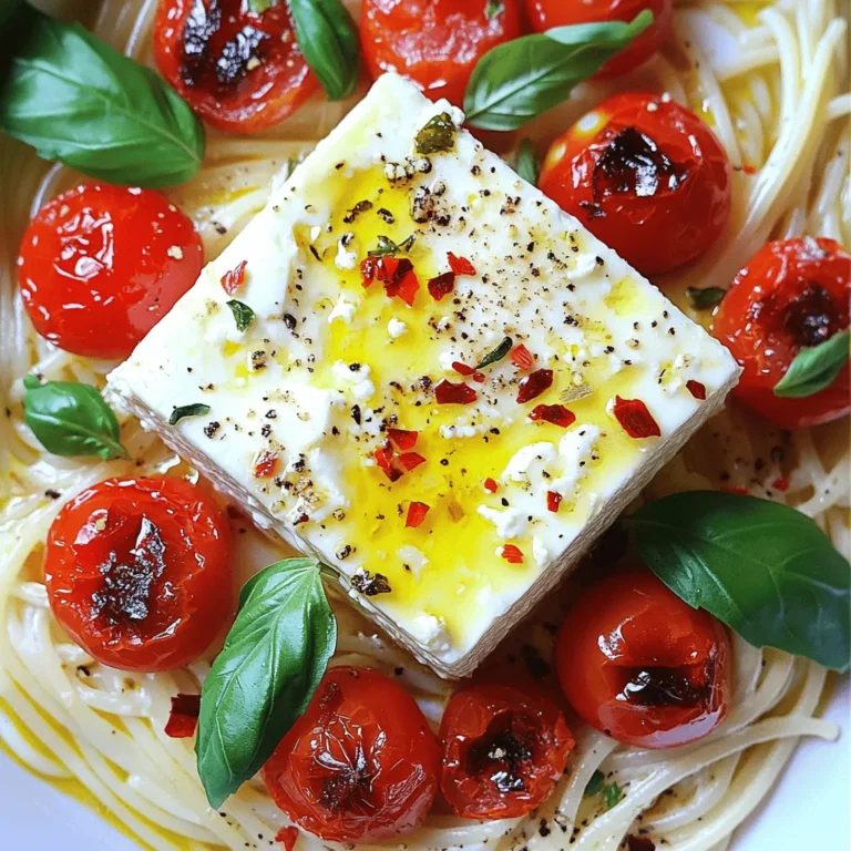 - Feta cheese - Cherry tomatoes - Olive oil - Garlic - Dried oregano - Red pepper flakes - Salt and pepper - Pasta options (penne or fusilli) - Fresh basil leaves - Optional garnishes (lemon zest) For this dish, you need fresh and high-quality ingredients. The feta cheese brings creaminess, while the cherry tomatoes add sweetness. Olive oil enhances the flavor and helps with cooking. Garlic gives a lovely aroma and taste. Dried oregano adds a hint of earthiness, and red pepper flakes can bring a nice kick. Salt and pepper are essential for seasoning. You can pick either penne or fusilli pasta for this recipe. Both hold the creamy sauce well. Fresh basil leaves add brightness and color to your dish. If you want a zesty touch, lemon zest is a perfect addition. When you gather these ingredients, you set the stage for a simple yet delightful meal. Each component plays a role in making your baked feta pasta a creamy delight. Be sure to look at the full recipe for all the details! First, set your oven temperature to 400°F (200°C). This temperature works well for baking the feta and tomatoes. Next, choose a baking dish that fits all your ingredients. A medium-sized dish works best, allowing enough space for everything. Now it’s time to create your dish. Place the block of feta cheese in the center of the baking dish. Surround it with the halved cherry tomatoes. This colorful mix makes the dish look inviting. Drizzle olive oil over the feta and tomatoes. Then, add minced garlic, dried oregano, red pepper flakes, salt, and pepper. This step adds a burst of flavor to the dish. Place the dish in your preheated oven. Bake for about 30 minutes. Look for the tomatoes to blister and the feta to soften. When it’s ready, the feta should turn a lovely golden color. While that bakes, boil salted water in a pot for the pasta. Cook the pasta according to the package instructions until it is al dente. After cooking, drain the pasta and set it aside. After 30 minutes, carefully take the baking dish out of the oven. Use a fork to mash the softened feta and blistered tomatoes. This creates a creamy sauce. Now, gently fold the cooked pasta into your baking dish. Toss everything together to coat the pasta well. Finally, taste your dish and adjust the seasoning. You can add more salt, pepper, or red pepper flakes for extra flavor. Serve the dish right away, garnished with fresh basil leaves. If you like, add a sprinkle of grated lemon zest for a refreshing twist. Enjoy your simple and creamy delight! For more details, check the Full Recipe. To get the best baked feta pasta, know your oven. Every oven heats a little differently. If yours runs hot, lower the temp by 25°F. Check on the dish after 25 minutes. Look for blistered tomatoes and soft feta. If the feta is golden and creamy, it’s ready! Cook your pasta to al dente. This means it should still have a slight bite. Follow the package directions, but check it a minute early. Save some starchy pasta water when draining. This water helps the sauce stick to the pasta. Want to boost flavor? Try adding a pinch of lemon zest or a dash of balsamic vinegar. Fresh herbs like parsley or thyme can brighten the dish too. If you like heat, toss in more red pepper flakes. You can mix and match spices to fit your taste! {{image_4}} You can easily make Baked Feta Pasta gluten-free. Just use gluten-free pasta instead of regular pasta. Many brands offer tasty options that work well. If you want a vegan version, substitute feta cheese with a plant-based alternative. Look for brands that make creamy vegan feta. These options still give that tangy flavor you love. To add some color and nutrition, toss in vegetables. Spinach wilts nicely and adds a fresh taste. Zucchini can also work well; just chop it into small pieces. For protein, you can add cooked chicken or shrimp. Both will make your dish more filling. Cook the protein separately, then mix it in right before serving. While penne and fusilli are great, you can use other pasta types too. Bowtie or rotini can hold the creamy sauce well. For a lighter option, serve the dish over zoodles or spiralized veggies. You’ll get a fresh twist while keeping it healthy. For the full recipe, check out [Full Recipe]. After you enjoy your baked feta pasta, store any leftovers in the fridge. Use a tight container to keep it fresh. Make sure to cool it down before sealing. It will stay good for about three to four days. This dish tastes great the next day, too. You can reheat your pasta in two ways: the microwave or the oven. If you use the microwave, heat in short bursts. Stir it after each burst to keep it creamy. For the oven, preheat to 350°F (175°C). Place the pasta in an oven-safe dish, cover it, and heat for about 15 minutes. This way, you maintain the texture of the sauce. Yes, you can freeze this dish, but it’s best to freeze it before baking. Place the unbaked dish in a freezer-safe container. It will last around two to three months. When ready to eat, thaw it overnight in the fridge and bake as normal. If you freeze it after baking, the texture might change, but it’s still tasty. Just be careful when reheating to avoid drying it out. Baked Feta Pasta started in Finland. It became popular on social media in 2020. The dish caught on for its simple steps and great taste. People enjoyed the creaminess of feta mixed with tomatoes. It became a fun way to cook pasta. Now, it's a favorite in many homes worldwide. Yes, you can prep Baked Feta Pasta ahead of time. You can bake the feta and tomatoes the night before. Store them in the fridge after cooling. When ready to eat, cook the pasta and mix it in. Just be sure to adjust the baking time as needed. Baked Feta Pasta has some healthy aspects. Feta cheese offers protein and calcium. Tomatoes provide vitamins and antioxidants. However, it also has olive oil and pasta, which add calories. Balance is key. You can add veggies for extra nutrients. This dish pairs well with many sides. A fresh salad with greens is great. Garlic bread adds a nice crunch. You can also serve it with roasted vegetables. For a light option, try steamed broccoli or green beans. To add heat, use more red pepper flakes. You can also try adding sliced jalapeños. For a smoky flavor, mix in some smoked paprika. Taste as you go, so it's just right for your spice level. In this blog post, we explored how to create baked feta pasta. We covered the ingredients, step-by-step instructions, and tips for the perfect dish. Remember to select fresh ingredients for the best flavor. You can personalize the recipe with your choice of pasta and optional add-ins. This dish is simple, satisfying, and perfect for any meal. Enjoy experimenting with flavors and variations to make it your own. With these steps, you'll serve a delightful meal that family and friends will love.