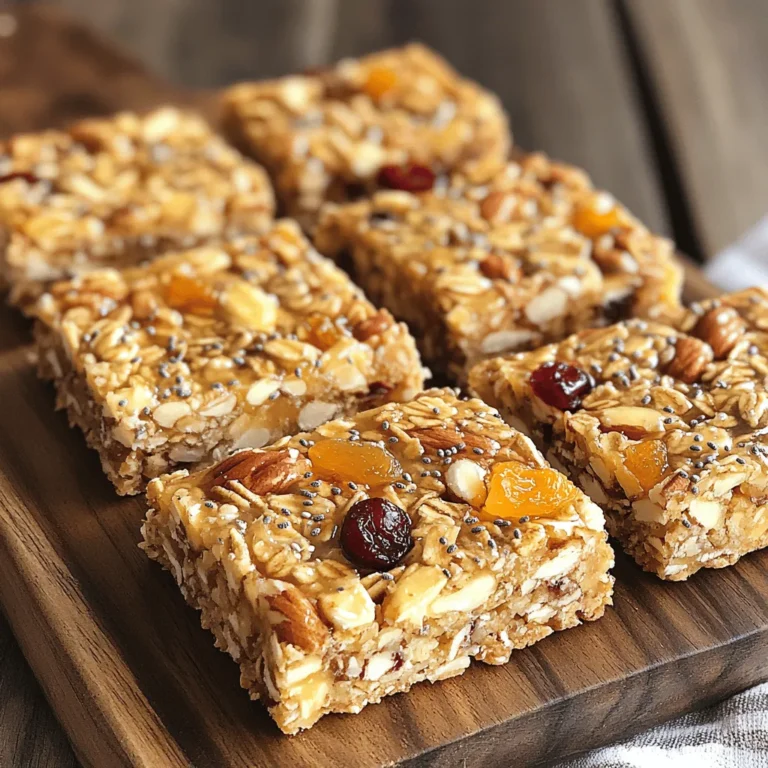 - 2 cups rolled oats - 1 cup mixed nuts (almonds, walnuts, pecans), roughly chopped - 1/2 cup dried fruits (cranberries, apricots, or raisins) - 1/4 cup chia seeds - 1/2 teaspoon ground cinnamon - A pinch of salt - 1/2 cup honey or maple syrup - 1/4 cup coconut oil, melted - 1 teaspoon vanilla extract - Baking pan (9x9 inches) - Parchment paper - Mixing bowls - Spatula When I create homemade granola bars, I start with these simple ingredients. The dry ingredients add texture and crunch. Rolled oats are the base. They give a hearty feel. Nuts add healthy fats and protein. I like using a mix, but you can stick to one type if you prefer. Dried fruits add sweetness and a chewy bite. Chia seeds boost nutrition. They are tiny but pack a punch. Ground cinnamon brings warmth and flavor. A pinch of salt balances the sweetness. Next, I move to the wet ingredients. Honey or maple syrup gives a sticky sweetness. Coconut oil helps bind everything together. It adds a nice flavor and richness. Finally, vanilla extract perks up the taste. For equipment, a 9x9-inch baking pan is key. Parchment paper makes it easy to lift the bars out. Mixing bowls help keep things organized. A spatula is essential for mixing and spreading. You can find the complete recipe for these crunchy nutty homemade granola bars in the Full Recipe section. Enjoy making your healthy snacks! - Preheat the oven to 350°F (175°C). - Line the baking pan with parchment paper. - Combine the dry ingredients in a large bowl. - Whisk the wet ingredients in a separate small bowl. - Pour the wet mixture over the dry ingredients and mix. - Press the mixture into the prepared pan and bake for 15-20 minutes. - Allow cooling and cut into bars. To make homemade granola bars, start by preheating your oven. This helps them bake evenly. I usually set my oven to 350°F (175°C). Next, prepare a 9x9 inch baking pan. Line it with parchment paper. This step makes it easy to lift the bars out later. In a large bowl, add your dry ingredients: rolled oats, mixed nuts, dried fruits, chia seeds, ground cinnamon, and a pinch of salt. Mix these well with a big spoon. In another small bowl, whisk together the wet ingredients: melted coconut oil, honey, and vanilla extract. Make sure they blend nicely. Now, pour the wet mixture over the dry ingredients. Use a spatula to mix everything together. Ensure that all the dry ingredients get coated well. After mixing, transfer this mixture to the prepared pan. Press it down firmly. This helps the bars hold their shape. Place the pan in the preheated oven. Bake for 15 to 20 minutes. Keep an eye on them. You want the edges to turn a light golden brown. Once they are done baking, remove the pan from the oven. Allow the granola to cool in the pan for about 10 minutes. After cooling slightly, lift the mixture out of the pan using the parchment paper. Transfer it to a wire rack to cool completely. Once cool, use a sharp knife to cut into bars or squares. Store your homemade granola bars in an airtight container. They will stay fresh for up to a week. For longer storage, keep them in the fridge. Check out the Full Recipe for more details! To ensure even baking, spread the mixture out flat in the pan. Use a spatula to smooth it down. This helps it cook evenly. Check it after 15 minutes. The edges should be golden brown. If not, bake a few more minutes. Press the mixture down firmly before baking. This step is key for sturdy bars. Use your hands or a spatula to compact it well. The more you press, the better the texture. You can add chocolate chips for a sweet twist. Just fold them in after mixing. For a spiced touch, try adding a pinch of nutmeg or ginger. These flavors elevate the bars. Think about nuts and fruits, too. Combine almonds with dried apricots for a tasty mix. Walnuts go great with cranberries. Don’t be afraid to mix and match! For a pleasing display, stack the bars on a wooden board. You can garnish with extra nuts or fruits. This adds color and texture to your plate. Pair your bars with yogurt or nut butter. Dip them in your favorite spreads for extra flavor. These simple touches make a great snack even better! Don't forget to check out the Full Recipe for more details on making these delicious granola bars! {{image_4}} You can easily adapt granola bars to fit your diet. For a vegan option, replace honey with maple syrup or agave nectar. This keeps the bars sweet and plant-based. Make sure to check other ingredients, too. Use nuts and seeds that fit your vegan lifestyle. If you need gluten-free granola bars, choose certified gluten-free oats. Most nuts and seeds are naturally gluten-free. You can also swap in gluten-free grains like quinoa flakes or puffed rice. This way, you can enjoy a tasty snack without any gluten. Granola bars can be a canvas for flavors. Try tropical granola bars by adding coconut and pineapple. Toast the coconut for extra depth. Chop fresh or dried pineapple to add that sweet, tangy note. This combo brings a slice of summer to your snack. Another fun twist is to make spiced granola bars with pumpkin spice. Mix in cinnamon, nutmeg, and ginger for a warm flavor. Add pumpkin purée for a creamy texture. This creates a cozy snack perfect for fall. Texture can make or break your granola bars. For a satisfying crunch, add crispy rice. Fold it in at the end to keep it airy. This adds a fun bite to your bars. To bring creaminess, use nut butters like almond or peanut. Mix it with the wet ingredients for a rich taste. Nut butters also help hold the bars together. This will give your granola bars a lovely, smooth texture. For the full recipe, check out the Crunchy Nutty Homemade Granola Bars. To keep your granola bars fresh, store them in an airtight container. Place the container at room temperature. They will stay good for about one week. If you see any signs of moisture, it’s best to eat them quickly. For longer storage, refrigeration works well. You can also freeze granola bars. Wrap each bar in plastic wrap or foil. Then, store them in a freezer bag. They can last up to three months when frozen. If your bars become hard after refrigeration or freezing, don’t worry. Just let them sit out for a few minutes. You can also microwave them for about 10-15 seconds. This will help restore their soft texture. Enjoy your crunchy nutty homemade granola bars! For the full recipe, refer to the recipe section. Homemade granola bars last about a week at room temperature. Keep them in an airtight container. If you want them to stay fresh longer, store them in the fridge for up to two weeks. Yes, you can customize your granola bars! Swap out nuts, seeds, or dried fruits based on your taste. You can also add chocolate chips or nut butter for extra flavor. Just keep the basic ratios the same to ensure they hold together well. If you need a substitute for honey, use maple syrup or agave nectar. Both options work well and still provide sweetness. You can also try brown rice syrup, but it may change the texture slightly. Yes, you can use quick oats instead of rolled oats. Quick oats will make the bars softer. If you prefer a chewier texture, stick with rolled oats. They help create a better structure for the bars. This recipe makes about 10 to 12 bars. You can cut them into larger or smaller pieces, depending on your needs. For snacks on the go, smaller bars work best! For the full recipe, refer to the Crunchy Nutty Homemade Granola Bars section. In this blog post, we covered how to make healthy and tasty granola bars. You learned about the dry and wet ingredients, along with essential equipment. We discussed easy step-by-step instructions for baking and enjoyed some helpful tips. You also explored variations for different diets and flavor options. Now, you can make your own granola bars with confidence! Enjoy this fun and tasty project to share with friends and family.