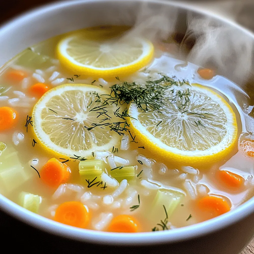 - 1 cup uncooked jasmine rice - 8 cups vegetable broth - 2 large eggs - 1/3 cup fresh lemon juice (about 2-3 large lemons) - 1 medium onion, finely chopped - 2 cloves garlic, minced - 2 medium carrots, diced - 1 stalk celery, diced - 1/4 cup fresh dill, chopped (or 1 tablespoon dried dill) - Salt and pepper to taste - 2 tablespoons olive oil The main ingredients create the heart of the Greek Lemon Rice Soup. Jasmine rice gives the soup a lovely texture. The vegetable broth adds depth and warmth to each spoonful. Eggs bring creaminess, while fresh lemon juice brightens the flavors. Vegetables like onion, garlic, carrots, and celery provide a base for the soup. Fresh dill adds a touch of herbal brightness. Salt and pepper are crucial for enhancing all the flavors. Olive oil helps sauté the vegetables, making them fragrant and tasty. When cooking, I often adjust these ingredients based on what I have. If you can't find jasmine rice, try basmati or even orzo. You can swap vegetable broth for chicken broth if you prefer. For larger groups, simply scale up the ingredients. Doubling the recipe works great. For smaller servings, halve the amounts. If you want to make it richer, add more eggs or lemon juice. For lighter options, use less rice and more broth. This soup is flexible, so feel free to experiment! Remember, cooking is about enjoying the process. Every bowl should bring comfort and joy. For the complete experience, check the Full Recipe to ensure you don’t miss any details! 1. Sautéing vegetables: Start by heating olive oil in a large pot over medium heat. Add chopped onion, minced garlic, diced carrots, and diced celery. Cook for about 5-7 minutes, stirring often. You want the veggies to become soft and the onion to look clear. 2. Toasting rice: Next, add uncooked jasmine rice to the pot. Stir it well with the veggies for about 1-2 minutes. This will help the rice soak up all those great flavors. 3. Adding broth and simmering: Carefully pour in 8 cups of vegetable broth. Turn the heat up and bring the mixture to a boil. Once it boils, lower the heat, cover the pot, and let it simmer for 15-20 minutes. Check that the rice is tender and cooked through. 4. Preparing the egg-lemon mixture: While the soup simmers, crack 2 large eggs into a bowl. Whisk them well. Slowly add 1/3 cup of fresh lemon juice to the eggs while whisking. This mix brings a bright flavor. 5. Tempering eggs and combining: When the rice is cooked, take the pot off the heat. Gradually add about 1 cup of hot broth to the egg mixture while whisking. This warms the eggs and keeps them from cooking too fast. 6. Adjusting seasoning and garnishing: Slowly pour the tempered egg-lemon mix back into the soup, stirring all the while. Be careful not to let it boil. Stir in chopped dill and taste. Add salt and pepper as needed. Now you have a warm bowl of Greek Lemon Rice Soup ready to enjoy! For more detailed steps, check the Full Recipe. To make Greek lemon rice soup shine, focus on flavor balance. Use fresh lemon juice for brightness. Adjust salt and pepper to your taste. This soup needs a bit of zing. For creamy texture, avoid curdling the eggs. After cooking the rice, remove the pot from heat. Slowly mix hot broth into the egg-lemon mixture while whisking. This warms the eggs without cooking them. It keeps your soup smooth and velvety. One common mistake is overcooking the eggs. If you let the soup boil after adding the egg-lemon mix, it can curdle. This ruins the creamy finish. Another mistake is not seasoning properly. Taste your soup before serving. Add more salt or lemon juice as needed. A well-seasoned soup will stand out. Use a large pot to cook the soup. A sturdy pot helps distribute heat evenly. This ensures the rice cooks perfectly. For ease of preparation, a whisk is essential. It helps you combine the egg and lemon juice smoothly. A cutting board and sharp knife will also make chopping veggies quick and easy. For the full recipe, check the section above. Happy cooking! {{image_4}} You can make Greek Lemon Rice Soup even better by swapping some ingredients. Instead of jasmine rice, try using orzo or quinoa. Both options add unique textures and flavors. Orzo is tiny pasta that cooks quickly. Quinoa is gluten-free and packed with protein. Herbs also change the flavor. If you want a different taste, add fresh thyme or parsley. These herbs bring a lovely aroma and taste. You can mix and match to find what you love best. If you follow a vegan diet, you can easily adapt this soup. Simply skip the eggs. Instead of eggs, use a plant-based cream or a thickener like cornstarch mixed with water. This keeps it creamy and satisfying without animal products. For those needing gluten-free options, just replace jasmine rice with gluten-free grains. Quinoa or brown rice work well. Make sure your vegetable broth is also gluten-free to enjoy this soup without worries. Greek Lemon Rice Soup pairs well with fresh Greek salads or warm pita bread. The salad adds crunch and freshness to the meal. You can also serve this soup as a starter before a larger meal. It sets a great tone and warms up your guests for the feast ahead. For the Full Recipe, check the detailed instructions and enjoy this comforting dish! To keep your Greek Lemon Rice Soup fresh, cool it down first. Place it in the fridge within two hours after cooking. Store the soup in an airtight container. This helps keep it flavorful and safe to eat. I recommend using glass containers. They do not retain odors and are easy to clean. You can freeze this soup for up to three months. Make sure to use freezer-safe containers. Leave some space for the soup to expand as it freezes. When you're ready to enjoy it again, thaw it overnight in the fridge. Reheat on the stove over low heat. Stir well to avoid any clumps of rice. Greek Lemon Rice Soup lasts about three to four days in the fridge. Look for signs of spoilage, like off smells or changes in color. If the soup looks or smells strange, it's best to throw it out. To maintain freshness, store it properly and avoid leaving it out for too long. Enjoy your soup while it's at its best! How to make Greek Lemon Rice Soup from scratch? You start by sautéing chopped onion, garlic, carrots, and celery in olive oil. This builds great flavor. Next, toast the jasmine rice for a couple of minutes. After that, add vegetable broth and let it simmer until the rice is tender. Then, whisk eggs with lemon juice. Slowly mix a bit of hot soup into the eggs. This warms them without cooking. Finally, pour the egg mixture back into the soup, add dill, and season. You can find the full recipe above for detailed steps. What can I substitute for jasmine rice? If you don’t have jasmine rice, you can use basmati rice or long-grain white rice. Both options will still give you a nice texture. Short-grain rice can work too, but it may change the soup's creaminess. Can I make this soup in advance? Yes, you can make Greek Lemon Rice Soup ahead of time. Just keep the soup in the fridge for up to three days. If you plan to store it, stop before adding the egg-lemon mixture. This way, you can warm it and add the mixture fresh before serving. Is Greek Lemon Rice Soup healthy? Yes, this soup is quite healthy! It has plenty of vegetables, lean protein from eggs, and good fats from olive oil. The lemon juice also adds vitamin C. It’s a great option for a light meal or when you’re feeling under the weather. In this blog post, we covered how to make Greek Lemon Rice Soup. We discussed the key ingredients, preparation steps, and helpful tips for perfecting your dish. Remember to sauté your vegetables well and temper your eggs to avoid curdling. You can also try different grains and herbs to make it your own. Store leftovers properly to keep them fresh. With this guidance, you can create a delicious soup that stands out at any meal. Enjoy making this comforting dish!