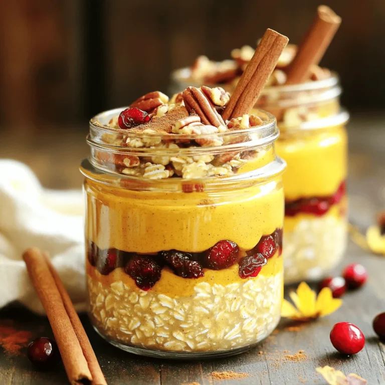 To make delicious pumpkin spice overnight oats, gather these must-have items: - 1 cup rolled oats - 1 cup almond milk (or your preferred dairy/non-dairy milk) - 1/2 cup pure pumpkin puree These ingredients form the base of your recipe. Rolled oats provide a hearty texture and are nutritious. Almond milk adds creaminess without dairy. Pumpkin puree gives flavor and color. Feel free to enhance your oats with these optional ingredients: - 1/4 cup Greek yogurt (for creaminess) - Sweeteners and spices - Toppings for garnish Adding Greek yogurt makes the oats extra creamy. You can sweeten them to your taste with honey or maple syrup. Toppings like chopped pecans or dried cranberries add crunch and flavor. For extra spice, consider adding cinnamon or nutmeg. Each of these elements lets you customize your overnight oats to your liking. For the full recipe, check out the earlier section! 1. Mix the base ingredients. In a large bowl, combine 1 cup rolled oats, 1 cup almond milk, and 1/2 cup pure pumpkin puree. Add 1 tablespoon chia seeds, 1 tablespoon maple syrup, 1 teaspoon pumpkin pie spice, and 1/2 teaspoon vanilla extract. Stir well until mixed. 2. Incorporate Greek yogurt (if desired). If you want creamier oats, gently fold in 1/4 cup Greek yogurt. This step is optional but adds great texture. 3. Portion into containers. Carefully divide the oat mixture into two jars or airtight containers. Make sure to distribute the mixture evenly. 1. Seal containers. Tightly close the jars or containers to keep your oats fresh. 2. Soaking time recommendations. Place the containers in the refrigerator overnight. If you’re in a rush, let them soak for at least 4 hours. This soaking allows the oats to absorb the flavors and liquid. 3. Preparation for serving. The next morning, open the containers and stir the oats well. If they seem thick, add a splash of almond milk for a creamier texture. Top with your favorites, like chopped pecans or dried cranberries, just before enjoying. To keep your pumpkin spice overnight oats fresh, use airtight containers. Glass jars work great. They let you see the layers and keep oats from drying out. If you prefer plastic, make sure it seals well. Store your oats in the fridge for up to five days. After five days, the oats may lose flavor and texture. Enjoy them within this time for the best taste. Toppings can take your oats to the next level. I love using chopped pecans for crunch. Dried cranberries add a nice sweet-tart balance. You could also sprinkle more pumpkin spice on top for extra flavor. Pair your oats with warm drinks like chai tea or coffee. The spices in these drinks match the oats perfectly. You can easily boost the flavor of your oats. Add extra spices like cinnamon or nutmeg to your mix. If you want more sweetness, drizzle in honey or maple syrup. For a creamier texture, fold in Greek yogurt. It makes the oats rich and smooth. You can also add a splash of milk before serving for a lighter feel. {{image_4}} You can easily change up your pumpkin spice overnight oats. Here are two tasty ideas: - Maple Pecan Overnight Oats: Swap out the pumpkin spice for maple syrup and chopped pecans. This adds a warm, nutty flavor. - Chocolate Pumpkin Spice Overnight Oats: Mix in cocoa powder for a chocolate twist. This pairs well with the pumpkin and warms your soul. If you have dietary needs, you can still enjoy this recipe: - Vegan options: Use plant-based yogurt instead of Greek yogurt. This keeps your dish creamy without dairy. - Gluten-free adjustments: Always check the oats. Make sure they are labeled gluten-free. This way, you can enjoy without worry. You can also modify your oats for different seasons: - Using other seasonal spices: Try adding nutmeg or allspice for a different flavor profile. These spices can enhance your oats. - Modifying for summer or spring flavors: Use fresh fruits like berries or peaches instead of pumpkin. This gives your oats a light, bright taste that suits warmer months. For the full recipe, check out the detailed guide on making pumpkin spice overnight oats. To keep your pumpkin spice overnight oats fresh, use the right containers. Airtight jars or containers work best. This helps seal in flavors and moisture. Store them in the fridge for up to five days. Make sure to label each jar with the date. This way, you won’t forget when you made them. If you notice any changes in smell or texture, it's best to toss them. For extra freshness, add toppings like nuts or fruits just before eating. This keeps them crunchy and tasty. You can freeze your pumpkin spice overnight oats for later. This is great for meal prep! Portion the oats into freezer-safe containers or bags. Leave some space at the top for expansion when freezing. They can last up to three months in the freezer. When you're ready to eat, thaw them overnight in the fridge. You can also use the microwave. Heat them in short bursts to avoid hot spots. Stir well before enjoying your tasty creation. How long do overnight oats last in the fridge? Overnight oats can last up to five days in the fridge. Store them in airtight containers to keep them fresh. The flavors deepen over time, making them even tastier! Can I use quick oats instead of rolled oats? Yes, you can use quick oats, but the texture will change. Quick oats soak up liquid faster, resulting in a softer, mushier consistency. If you like your oats chewier, stick with rolled oats. Are pumpkin spice overnight oats healthy? Absolutely! They provide fiber, protein, and healthy fats. The oats and chia seeds give energy and keep you full longer. Plus, pumpkin is rich in vitamins A and C, which are great for your health. What are the benefits of chia seeds? Chia seeds are tiny powerhouses! They are high in omega-3 fatty acids, fiber, and protein. They help with digestion and keep you feeling full. Adding them to your oats boosts nutrition. Can I replace almond milk with another type? Yes, you can use any milk you prefer. Try oat milk, soy milk, or regular dairy milk. Each type will change the flavor slightly, so choose what you like best. What can I use instead of pumpkin puree? If you don’t have pumpkin puree, use mashed bananas or applesauce. Both options will add sweetness and moisture. You can also use sweet potato puree for a similar flavor. For the full recipe, check out the Pumpkin Spice Overnight Oats section above! In this post, we explored how to make delicious overnight oats with simple ingredients. I shared essential and optional items, along with step-by-step instructions. You learned tips on storage and serving suggestions to enhance flavor. Remember, you can easily adjust this recipe for different tastes and diets. Keep experimenting with flavors and toppings to find your favorite mix. Enjoy nutritious breakfasts that are quick and easy to prepare!