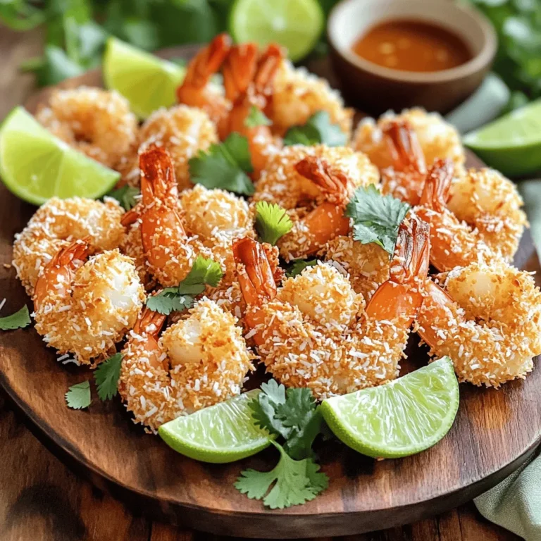 - 1 lb large shrimp, peeled and deveined - 1 cup unsweetened shredded coconut - 1/2 cup panko breadcrumbs - 1/2 cup all-purpose flour - 2 large eggs - 1 teaspoon garlic powder - 1 teaspoon paprika - 1/2 teaspoon salt - 1/4 teaspoon black pepper - 1 tablespoon honey (optional, for a touch of sweetness) - Cooking spray - Serving suggestions for dipping sauces To make crispy air fryer coconut shrimp, you need fresh ingredients. Start with large shrimp that are peeled and deveined. They are the star of the dish. The unsweetened shredded coconut adds flavor and crunch. Panko breadcrumbs give extra crispiness. All-purpose flour helps the coating stick. Eggs bind everything together. For seasonings, garlic powder and paprika bring depth. Salt and black pepper add balance. If you like a hint of sweetness, honey is optional. It can enhance the shrimp's flavor, but it’s not a must. Don't forget cooking spray! It helps prevent sticking in the air fryer. You can serve the shrimp with tasty dips. Sweet chili sauce or mango salsa works great. You can find the full recipe for even more tips! Start by rinsing the large shrimp under cold water. This gets rid of any residue. Next, lay the shrimp flat on a paper towel. Pat them dry thoroughly. Dry shrimp help the coating stick better. Now, let’s make our breading station. Create three bowls: - First bowl: Mix 1/2 cup of flour with garlic powder, paprika, salt, and black pepper. - Second bowl: Whisk the two eggs until they are smooth. - Third bowl: Combine 1 cup of shredded coconut and 1/2 cup of panko breadcrumbs. Take each shrimp and first dredge it in the seasoned flour. Shake off any excess flour. Next, dip the shrimp into the beaten eggs. Let any extra egg drip off. Finally, roll the shrimp in the coconut-panko mix. Press lightly to make sure it sticks. Repeat this for all the shrimp. Preheat your air fryer to 375°F (190°C) for about 5 minutes. This helps the shrimp cook evenly. Lightly coat the air fryer basket with cooking spray. Arrange the shrimp in a single layer without overcrowding. This way, they get nice and crispy. Spray the tops of the shrimp lightly with more cooking spray. If you want to add a glaze, mix honey with a few drops of lime juice. Brush this mixture onto the cooked shrimp. It adds a sweet and tangy flavor. Once the shrimp are done, carefully take them out of the air fryer. Serve them right away. Pair with your favorite dips like sweet chili sauce or mango salsa. Enjoy your meal! For the complete recipe and more tips, you can check the Full Recipe. To make your shrimp really crispy, follow these steps: - Dry the Shrimp: Always pat the shrimp dry. This helps the coating stick better. - Use Cooking Spray: A light spray on the shrimp before cooking adds extra crunch. - Don’t Overcrowd: Place shrimp in a single layer in the air fryer. This allows hot air to circulate. Shrimp size affects cooking time. Here’s how to adjust: - Large Shrimp: Cook for 8-10 minutes. Flip them halfway for even cooking. - Medium Shrimp: Reduce cooking time to 6-8 minutes. Check often for doneness. - Small Shrimp: Use 4-6 minutes. They cook fast, so keep an eye on them. To get an even coating, use these tips: - Set Up a Breading Station: Have three bowls ready: one for flour, one for eggs, and one for the coconut-panko mix. - Dredge Properly: First coat the shrimp in flour. Shake off excess. - Press the Coating: After rolling in the coconut-panko mix, press gently to help it stick. For more detailed steps, check the Full Recipe. Remember, practice makes perfect! Enjoy your cooking! {{image_4}} You can easily switch up the coatings for your shrimp. Here are some fun ideas: - Breadcrumbs: Try using regular breadcrumbs, gluten-free breadcrumbs, or crushed cornflakes for a crunchier texture. - Coconut: Use sweetened coconut if you like a sweeter taste. It can add a nice contrast. - Flour: Substitute almond flour for a nutty flavor. It also makes the dish gluten-free. Changing the spices can give your coconut shrimp a new twist. Consider these options: - Heat: Add cayenne pepper to the flour mix for a spicy kick. - Herbs: Mix in dried parsley or cilantro for a fresh taste. - Citrus: Use lemon or lime zest in the flour for a zesty touch. Pairing your shrimp with the right sides can enhance the meal. Here are some suggestions: - Dips: Serve with sweet chili sauce, mango salsa, or a tangy yogurt dip. - Sides: Enjoy with a fresh salad, rice, or crispy fries for a complete meal. - Garnish: Add fresh herbs or lime wedges to brighten your dish visually. Feel free to explore these variations. Each change offers a new, tasty experience! For the full recipe, check out the detailed instructions above. To store leftover crispy shrimp, let them cool down first. Place them in an airtight container. Keep the shrimp in the fridge for up to 2 days. Reheat them in the air fryer for a few minutes. This helps restore their crunch. To freeze your crispy shrimp, arrange them in a single layer on a baking sheet. Put the baking sheet in the freezer for about 1 hour. Once frozen, transfer the shrimp to a freezer-safe bag. Remove as much air as possible. They will stay fresh for up to 3 months. To reheat, air fry them at 375°F for about 8-10 minutes, or until hot. For the best taste and freshness, eat the shrimp within 2 days if refrigerated. If frozen, use them within 3 months. This way, you can enjoy the full flavor and texture of your crispy air fryer coconut shrimp. Yes, you can use frozen shrimp. Just remember to thaw them first. To do this, place the shrimp in a bowl of cold water for about 15-20 minutes. Once thawed, pat them dry. This will help the coating stick better. Fresh shrimp have a firmer texture, which some prefer, but frozen works great too. To get that perfect crunch, follow these tips: - Dry the shrimp well: Moisture makes the coating soggy. - Use cooking spray: A light spray helps the coating brown nicely. - Avoid overcrowding: Cook in batches if needed. This ensures even cooking. - Flip halfway: Turn the shrimp for an even crisp on both sides. Coconut shrimp tastes great with many dips. Here are some popular options: - Sweet chili sauce: Adds a nice kick. - Mango salsa: Bright and fresh flavors. - Cocktail sauce: A classic choice for seafood. These dips enhance the shrimp's flavor and make each bite exciting. Yes, you can easily make this gluten-free. Here’s how: - Use gluten-free flour: Almond or coconut flour work well. - Switch breadcrumbs: Use gluten-free panko or crushed nuts instead. Make sure all your ingredients are gluten-free to avoid cross-contamination. For this recipe, a serving size is about 4-6 shrimp per person. This amount works well for appetizers or main dishes. Adjust based on your guests or occasion. If you’re serving with sides, plan for fewer shrimp per plate. This blog post detailed the delicious crispy coconut shrimp recipe. You learned about essential ingredients, cooking steps, and helpful tips. Each part, from preparing the shrimp to perfecting the breading, matters for great results. Remember to customize with spices and flavors that you love. Store leftovers properly for later enjoyment. Enjoy your cooking, and make this dish a star at your table!