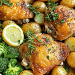 - 4 boneless, skinless chicken thighs - 1 lb baby potatoes, halved - 1 lemon, zested and juiced - 3 tablespoons extra virgin olive oil - 4 garlic cloves, minced - 1 tablespoon fresh rosemary, finely chopped - 1 tablespoon fresh thyme, finely chopped - 1 teaspoon paprika - Salt and freshly ground pepper to taste - 1 cup broccoli florets (for added color and nutrition) When I make this dish, I get excited about using fresh ingredients. The chicken thighs are juicy and flavorful. They pair perfectly with the baby potatoes, which crisp up beautifully. The lemon adds a bright and zesty touch. It brings life to the dish. I always zest the lemon first. This step releases the essential oils, which pack a punch of flavor. Then, I squeeze the lemon juice right into the marinade. Using fresh herbs like rosemary and thyme makes a big difference. They add a lovely aroma as they cook. I love to chop them finely so their flavor spreads evenly. Garlic, of course, gives that extra depth. If you want more color and nutrition, consider adding broccoli florets. They roast nicely and add a pop of green. For the full recipe, check out the detailed instructions. Each ingredient plays a key role in making this meal a hit. Enjoy cooking! First, preheat your oven to 425°F (220°C). This temperature helps the chicken and potatoes cook evenly. Next, line a sheet pan with parchment paper. This makes cleanup easy and helps prevent sticking. In a large bowl, mix your marinade. Combine 3 tablespoons of olive oil, the juice and zest of one lemon, minced garlic, chopped rosemary, chopped thyme, paprika, and a pinch of salt and pepper. Whisk it all together. This mixture adds great flavor. Now, add your chicken thighs to the marinade. Make sure each piece gets coated well. For the best flavor, let the chicken marinate for at least 15 minutes at room temperature. If you have more time, refrigerate it for up to 1 hour. This helps the flavors soak in. While the chicken marinates, prepare the baby potatoes. Place the halved potatoes on your lined sheet pan. Drizzle them with olive oil and season with salt and pepper. Toss them well so they are coated evenly. Spread them out in a single layer. This helps them crisp up nicely. If you want to add broccoli florets, toss them on the pan as well. They add color and nutrition to the dish. Once your chicken has marinated, take it out of the bowl. Place the chicken thighs on the sheet pan with the potatoes. Arrange them so they cook evenly. Now, put the sheet pan in the oven. Roast for 30-35 minutes. Check the chicken’s internal temperature; it should reach 165°F (75°C) to be safe to eat. The potatoes should be golden and crisp. If you want a golden finish, broil the dish for an extra 2-3 minutes at the end. Keep a close eye on it to avoid burning. After cooking, carefully take the pan out of the oven. Let the dish rest for about 5 minutes. This allows the flavors to settle. Now, you can enjoy your savory Sheet Pan Lemon Herb Chicken and Potatoes! For the complete cooking guide, refer to the Full Recipe. To get juicy chicken, marinate it well. I suggest marinating for at least 15 minutes. For deeper flavor, let it sit in the fridge for up to 1 hour. This helps the flavors sink in. Use a meat thermometer to check doneness. The chicken should reach 165°F (75°C) inside. Insert the thermometer into the thickest part of the thigh. This ensures your chicken is safe to eat. Arranging the potatoes is key to crispiness. Place them cut-side down on the sheet pan. This helps them brown evenly. Roasting in a single layer is important. If you crowd the pan, your potatoes may steam instead of roast. This can lead to soggy potatoes. More space means better air flow and crisp edges. Serve the chicken and potatoes right from the sheet pan. This gives a nice, rustic feel. If you want to impress, transfer it to a big platter. Add garnishes for a pop of color. Fresh lemon slices and more herbs look great. They make your dish more appealing and delicious. {{image_4}} You can switch up the herbs in this dish. Try using basil or oregano instead of rosemary and thyme. Fresh herbs give great flavor, but dried herbs work too. If you prefer dried herbs, use about one-third the amount. Dried herbs are easy to store and use anytime. Feel free to add more veggies to your sheet pan. Carrots, bell peppers, or green beans pair well with chicken and potatoes. You can also use seasonal veggies. In spring, try asparagus or peas. In fall, sweet potatoes or brussels sprouts work nicely. These additions bring color and nutrition. For a flavor kick, think about adding spices. Paprika adds a nice warmth, but you can also try cumin or chili powder for extra heat. Zest from other citrus fruits like lime or orange can brighten the dish. Each change will give your meal a unique twist, making it fun to explore. To keep your leftovers fresh, place them in an airtight container. This helps prevent moisture loss and keeps flavors intact. Store the container in the fridge. Your lemon herb chicken and potatoes will last up to three days. If you want to keep them longer, consider freezing them. In the freezer, they can last for up to three months. For reheating, the oven works best. Preheat your oven to 350°F (175°C). Place the chicken and potatoes on a baking sheet. Cover them with foil to keep them moist. Heat for about 15-20 minutes or until warm. You can also use a microwave if you’re in a hurry. Just be careful; it may make the potatoes a bit soft. To keep the texture nice, try reheating in the oven whenever possible. For a quick snack, you can also enjoy the chicken cold. It's still tasty and full of flavor! You can serve many side dishes with this meal. Here are some tasty options: - Steamed green beans: They add crunch and color. - Simple salad: A fresh salad with mixed greens is perfect. - Rice or quinoa: These grains soak up the juice well. - Roasted carrots: They bring sweetness that pairs nicely. - Garlic bread: This adds a nice touch for bread lovers. Yes, you can! Try these cuts for a fun twist: - Chicken breasts: They cook fast and stay juicy. - Drumsticks: They add a nice crispy skin. - Wings: Great for a fun, finger-licking option. Absolutely! To prep this dish in advance: - Marinate the chicken: You can do this a day before. - Chop the potatoes: Keep them in water to stay fresh. - Store in the fridge: Use airtight containers for best results. You can make it lighter with a few simple swaps: - Use skinless chicken: This cuts down on fat. - Swap olive oil for broth: It reduces calories while keeping taste. - Add more veggies: Include spinach or bell peppers for nutrition. You can find the Full Recipe [here]. It has all the details you need to make this dish perfectly. This recipe gives you a tasty and easy sheet pan lemon herb chicken dish. We've covered ingredients, step-by-step cooking methods, and tips for perfect results. Don't forget the option to add your favorite veggies for more flavor. You can also change this dish with different herbs and spices. Follow the storage tips to keep leftovers fresh. Enjoy making this simple, healthy meal that brings great taste to your table!