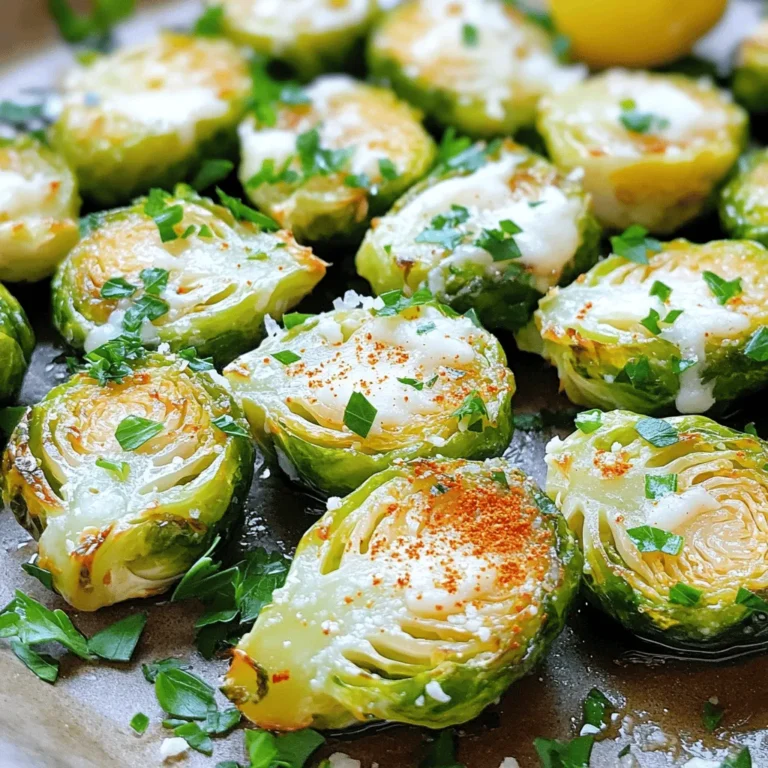 For Garlic Parmesan Brussels Sprouts, you will need: - 1 pound Brussels sprouts, trimmed and halved - 4 tablespoons high-quality olive oil - 3 cloves of garlic, finely minced - 1/2 cup freshly grated Parmesan cheese - 1 teaspoon smoked paprika - 1/2 teaspoon fine sea salt - 1/4 teaspoon freshly ground black pepper - 1 tablespoon freshly squeezed lemon juice - Fresh parsley, finely chopped (for garnish) You can swap some ingredients if needed. Use any firm cheese instead of Parmesan. Try using a mix of oils, like avocado oil, for a different flavor. If you want less garlic, use two cloves instead of three. For a kick, add chili flakes instead of smoked paprika. Fresh lemon juice can be replaced with vinegar if you have no lemon. Fresh ingredients make a big difference in flavor. Fresh Brussels sprouts taste sweeter and more vibrant. Fresh garlic adds a nice punch to the dish. Using high-quality olive oil enhances the overall taste and texture. Choose a cheese that melts well for the best outcome. Fresh parsley not only looks great but adds a bright flavor. By using fresh items, you create a dish that makes people want to come back for more. For the complete recipe, check out the Full Recipe. Start by preheating your oven to 400°F (200°C). This step is key for getting a nice roast. While the oven heats, wash and trim 1 pound of Brussels sprouts. Cut each sprout in half. This helps them cook evenly and allows more flavor to seep in. In a large bowl, mix the halved Brussels sprouts with 4 tablespoons of olive oil, 3 minced garlic cloves, 1 teaspoon of smoked paprika, 1/2 teaspoon of fine sea salt, and 1/4 teaspoon of black pepper. Toss everything together until the sprouts look glossy and well coated. The oil helps the spices stick, while the garlic adds a punch of flavor. Line a baking sheet with parchment paper for easier cleanup. Spread the Brussels sprouts in a single layer, making sure they have space. Place the sheet in your preheated oven and roast for 20-25 minutes. Stir halfway through to ensure they cook evenly. They are done when they are golden brown and crispy. As soon as they come out of the oven, sprinkle 1/2 cup of grated Parmesan cheese on top. Toss gently so the cheese melts and coats the sprouts. For a fresh kick, drizzle with 1 tablespoon of lemon juice before serving. You can find the full recipe for more details. For the best crispy Brussels sprouts, use the right oil. High-quality olive oil works wonders. Toss the sprouts well to coat them evenly. This helps them crisp up nicely. Roast them at 400°F (200°C) for 20 to 25 minutes. Stir them halfway through for even cooking. The key is to watch for that golden brown color. You want them crispy, not burnt. When roasting Brussels sprouts, space is key. If they are too close, they steam instead of roast. Spread them out in a single layer on your baking sheet. This allows hot air to circulate around each sprout. By not overcrowding, you will get that desired crispiness. Remember, a crowded pan can lead to soggy veggies. Garlic Parmesan Brussels sprouts shine as a side dish. They pair well with roasted meats, like chicken or pork. You can also serve them alongside pasta dishes for a hearty meal. For a fun twist, add a squeeze of lemon juice right before serving. Fresh parsley adds color and flavor. Feel free to explore and find your own favorite pairings. For the complete recipe, check out the [Full Recipe]. {{image_4}} You can change the flavor of Garlic Parmesan Brussels sprouts by adding bacon or nuts. Bacon gives a smoky taste. Just chop it and cook it until crispy. Then, mix it with the Brussels sprouts before roasting. Nuts like walnuts or pecans add crunch. Toss in some chopped nuts just before serving for a nice texture. You can also play with different seasonings. Italian herbs like oregano and basil work well. Just mix them with the olive oil before coating the Brussels sprouts. If you love heat, add chili flakes. They give a spicy kick that pairs nicely with garlic and cheese. Try cooking methods like air frying or sautéing. Air frying makes the sprouts crispy without much oil. Set your air fryer to 375°F and cook for about 15-20 minutes. Shake the basket halfway through for even cooking. Sautéing is quick and easy. Heat some olive oil in a pan and cook the sprouts for about 10 minutes until they are tender and golden. Each method changes the texture and flavor. Explore these options to find your favorite way to enjoy Garlic Parmesan Brussels sprouts! For more ideas, check the Full Recipe. After you enjoy your Garlic Parmesan Brussels sprouts, store the leftovers in an airtight container. Make sure they cool down first. Place them in the fridge for up to three days. Keeping them sealed helps maintain flavor and texture. If you leave them uncovered, they may become soggy and lose their crunch. To reheat your Brussels sprouts, use the oven for the best results. Preheat it to 350°F (175°C). Spread the leftovers on a baking sheet. Heat them for about 10-15 minutes. This method helps restore their crispiness. If you’re in a hurry, you can use the microwave. Heat them in short bursts of 30 seconds, stirring in between. This method may soften them, but they will still taste great. If you want to freeze Brussels sprouts, do it before cooking. Trim and halve them, then blanch in boiling water for three minutes. After blanching, quickly transfer them to an ice bath. This process stops the cooking and helps keep their bright color. Drain and dry them well. Pack the sprouts in freezer bags, removing as much air as possible. They will last in the freezer for up to three months. When you’re ready to cook, you can roast them straight from the freezer. Just add a few extra minutes to the cooking time. Enjoy this flavorful side dish anytime! For the full recipe, check out the section above. Yes, you can use frozen Brussels sprouts. They are convenient and save time. However, frozen sprouts may not roast as well as fresh ones. They might be softer and less crispy. If using frozen, thaw them first and pat dry. This helps reduce moisture when roasting. Brussels sprouts are very nutritious. They are low in calories and high in fiber. They contain vitamins C and K, which are great for your immune system. These little veggies also have antioxidants, which help protect your cells. Eating Brussels sprouts can support heart health and improve digestion. You can tell Brussels sprouts are ready when they are golden brown and crispy. Check for a nice caramel color on the outside. A fork should slide in easily, showing they are tender inside. You can also taste one to see if it has a nice roasted flavor. Enjoy them right after roasting for the best taste. You can find the Full Recipe [here](#). This article covered how to prepare and enjoy Brussels sprouts. We talked about fresh ingredients, cooking steps, and tips for crispiness. You can explore many variations to suit your taste. Remember to store leftovers properly for future meals. Brussels sprouts are healthy and tasty when cooked right. With these tips, you can make them your own. Enjoy experimenting and serving them in fun ways. Happy cooking!