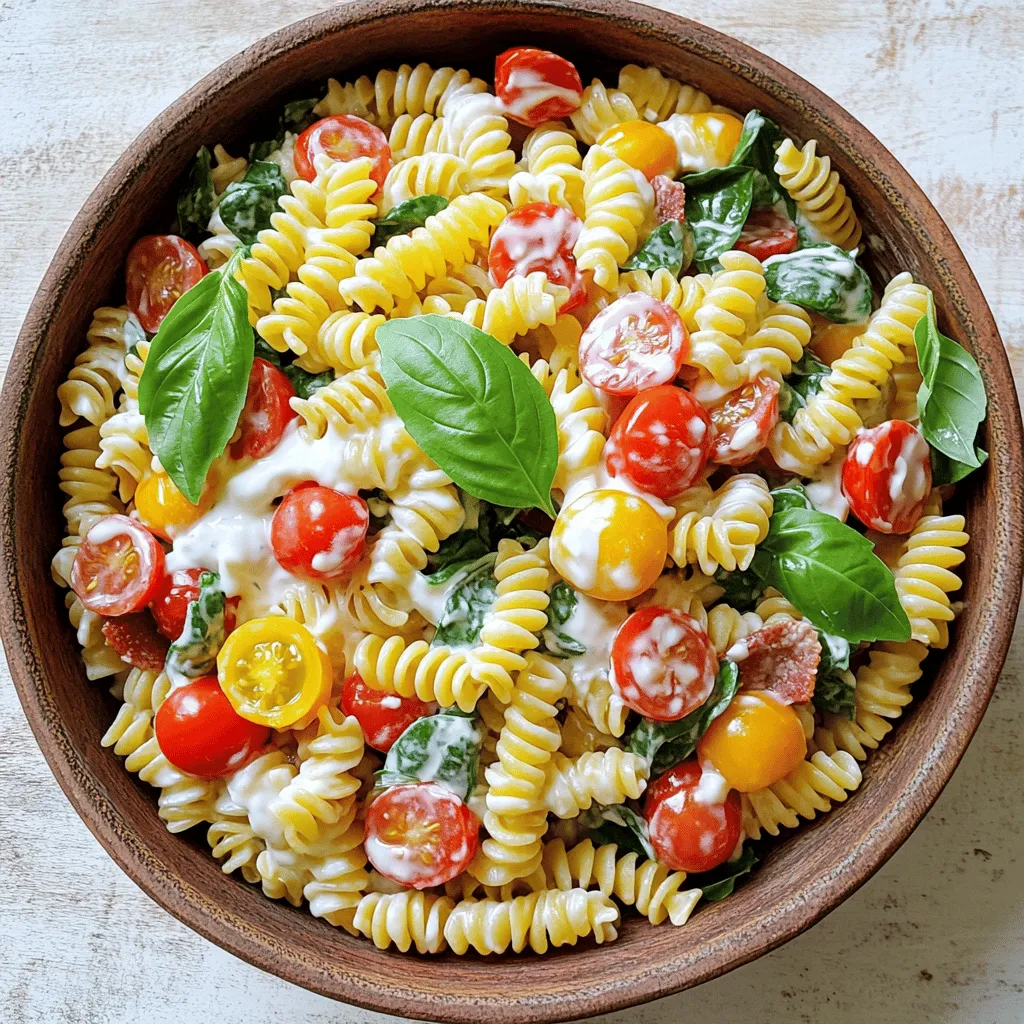 For a tasty BLT pasta salad, you need a few key ingredients. Here’s what you will use: - 8 oz fusilli pasta - 1 cup cherry tomatoes, halved - 1 cup fresh spinach, roughly chopped - 1 cup cooked turkey bacon, finely chopped - 1/2 cup red onion, diced These ingredients give your salad great flavor and texture. The fusilli pasta holds dressing well. Cherry tomatoes add a burst of sweetness. Fresh spinach adds color and nutrients. Turkey bacon gives a nice crunch. Now, let’s talk about the dressing. The right seasoning makes a big difference. Here’s what you need: - 1/2 cup mayonnaise - 2 tablespoons Greek yogurt - 1 tablespoon apple cider vinegar - 1 teaspoon garlic powder - Salt and black pepper to taste This creamy dressing balances the salad. Mayonnaise and yogurt add richness. Apple cider vinegar brings a tangy touch. Garlic powder enhances the flavors, while salt and pepper season everything just right. To make your salad even better, you can add some fun toppings. Consider these options: - Fresh basil leaves, for garnish Basil adds a fresh aroma and flavor. You can also use extra cherry tomatoes or some nuts for crunch. These extras can make your dish more colorful and appealing. For the full recipe, check out the details to create this delightful dish! To start, bring a large pot of salted water to a boil. The salt helps add flavor to the pasta. Add 8 oz of fusilli pasta to the pot. Cook it according to the package instructions. You want it to be al dente, which means it should be firm but not hard. This usually takes around 8 to 10 minutes. Once the pasta is done, drain it in a colander. Rinse it under cold water to stop the cooking. This step cools the pasta down and helps it not stick together. In a large mixing bowl, combine the cooled pasta with the salad ingredients. Add 1 cup of halved cherry tomatoes and 1 cup of roughly chopped fresh spinach. Then, mix in 1 cup of finely chopped cooked turkey bacon and 1/2 cup of diced red onion. Gently stir everything together until well mixed. This will create a colorful and tasty base for your salad. Now, it’s time to make the dressing. In a separate bowl, whisk together 1/2 cup of mayonnaise, 2 tablespoons of Greek yogurt, and 1 tablespoon of apple cider vinegar. Then, add 1 teaspoon of garlic powder along with salt and black pepper to taste. Mix until the dressing is smooth and creamy. This dressing adds richness and flavor to your salad. Pour it over the pasta mixture and carefully fold it in. Make sure every bite gets some dressing. Taste your salad and adjust the seasoning if needed. Cover the bowl and refrigerate for at least 30 minutes. This will help the flavors blend nicely. You can find the full recipe at [Full Recipe]. To cook pasta just right, start with a large pot. Fill it with water and add salt. The salt gives flavor to the pasta. Bring the water to a boil before adding your fusilli. Stir the pasta right away to prevent sticking. Cook it according to the package time until it's al dente, which means firm but not hard. After cooking, drain the pasta and rinse it under cold water. This stops the cooking and cools it down for the salad. To make your salad burst with flavor, use fresh herbs. Fresh basil works great, adding a sweet and peppery taste. You can also try adding a pinch of crushed red pepper for heat. Garlic powder gives a nice depth, but fresh garlic can add a sharper taste. Don’t forget to taste your salad as you season. This way, you can adjust the flavors to your liking. Making your salad ahead of time is smart. It allows the flavors to mix well. I suggest making it at least 30 minutes before serving. Just cover the bowl and chill it in the fridge. If you want to prep even earlier, you can cook the pasta and chop the veggies a day ahead. Keep the dressing separate until you’re ready to serve. This keeps everything fresh and crunchy. For the full recipe, check out the detailed instructions. {{image_4}} You can make simple swaps to boost nutrition. Use whole wheat pasta instead of regular. This adds fiber and keeps you full longer. Try Greek yogurt in place of mayonnaise for a lighter dressing. You can also add more fresh veggies, like bell peppers or cucumbers, for extra crunch and vitamins. To make this salad vegan, swap turkey bacon for tempeh or crispy chickpeas. Both options give great flavor and texture. Use vegan mayonnaise for the dressing. You can also add avocado for creaminess and healthy fats. This keeps the salad rich and satisfying without animal products. Adding ingredients can make your salad more exciting. Toss in fresh herbs like parsley or chives for brightness. You could also add nuts, like walnuts or pine nuts, for a crunchy bite. Cheese lovers can sprinkle in feta or goat cheese for a tangy twist. These additions elevate the taste and make each bite special. For the full recipe, check out the complete guide. After making your BLT pasta salad, let it cool. Transfer it to an airtight container. Cover it tightly to keep air out. This helps maintain freshness. Place it in the fridge right away. Avoid leaving it out for too long. Your pasta salad will stay fresh for about three days. After that, it may lose its flavor and texture. Check for any signs of spoilage. If it smells off or looks strange, it’s best to toss it. Freezing BLT pasta salad is not recommended. The creamy dressing can separate when thawed. The texture of pasta and veggies may change, too. If you want to save it, consider freezing the pasta and dressing separately. This way, you can enjoy fresh flavors when you reassemble it. For the full recipe, check out the details provided above. Fusilli pasta works great for this salad. Its spiral shape holds the dressing well. You can also use rotini or penne if you prefer. Both types add texture to the dish. Choose any pasta that you enjoy. Just make sure it's cooked al dente for the best bite. Yes, you can use regular bacon. It will add a rich flavor to your salad. Just cook it until crispy and chop it finely. However, turkey bacon is a lighter option. It keeps the salad healthier without losing taste. To make this salad gluten-free, use gluten-free pasta. Many brands offer great options made from rice or quinoa. Always check the label to ensure it's certified gluten-free. This way, everyone can enjoy the dish without worry. Serve this salad chilled as a side dish. It pairs well with grilled meats or sandwiches. You can also enjoy it as a light main dish. For a fun twist, serve it in lettuce cups or avocado halves for added crunch. Absolutely! This salad tastes even better after chilling. You can prepare it up to a day ahead. Just store it in the fridge until ready to serve. The flavors will blend nicely, making each bite delicious. Store any leftovers in an airtight container. Keep it in the fridge for up to three days. If it seems dry, add a bit more dressing before eating. This will help refresh the flavor and texture. For the full recipe, check out the details above! This post covers all you need for making a tasty BLT pasta salad. We explored the key ingredients, step-by-step cooking, and helpful tips. You learned about variations and storage methods to keep your salad fresh. Enjoy your own twist on this dish. Whether you want to make it healthier or add more flavor, the options are yours. Now, gather your ingredients and have fun cooking!