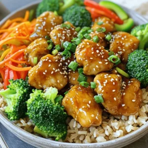- 1 lb boneless, skinless chicken thighs, cut into bite-sized pieces - 2 tablespoons sesame oil - 2 tablespoons fresh ginger, finely grated - 3 cloves garlic, minced - 3 tablespoons low-sodium soy sauce - 2 tablespoons honey - 1 teaspoon rice vinegar - 1 teaspoon cornstarch mixed with 2 tablespoons water (for thickening) - 1 cup cooked brown rice - 1 cup broccoli florets - 1 cup shredded carrots - 1 red bell pepper, sliced into thin strips The chicken thighs give this dish a rich flavor. I love using chicken thighs because they stay juicy and tender. Sesame oil adds a nice nutty taste. Fresh ginger and garlic bring warmth and a hint of spice. Soy sauce gives that classic umami kick. Honey brings sweetness to balance the flavors. Rice vinegar adds a touch of brightness. Cornstarch helps the sauce thicken perfectly. Brown rice serves as a hearty base. The broccoli, carrots, and bell pepper add color and crunch. - Green onions, finely chopped - 2 teaspoons sesame seeds - Lime wedges - Other vegetable options like snap peas or bok choy Garnishes make the dish pop! Green onions and sesame seeds add a lovely texture. Lime wedges are great for a fresh squeeze of citrus. You can swap in other vegetables based on your taste. This way, you can make the dish your own. You can find the full recipe in the article above. 1. Heat 2 tablespoons of sesame oil in a large skillet over medium-high heat. 2. When the oil is hot, add 2 tablespoons of freshly grated ginger and 3 cloves of minced garlic. Sauté for 30 seconds until they smell great. 3. Now, add 1 pound of bite-sized chicken thighs to the skillet. Cook for 6-7 minutes, stirring often. Make sure the chicken is no longer pink inside and is golden-brown. 1. While the chicken cooks, take a small bowl. Whisk together 3 tablespoons of low-sodium soy sauce, 2 tablespoons of honey, and 1 teaspoon of rice vinegar. 2. Pour this delicious sauce over the cooked chicken. Stir well to coat each piece. 1. Reduce the heat to medium. Let the chicken simmer in the sauce for 2-3 minutes. This helps the flavors blend together. 2. Mix 1 teaspoon of cornstarch with 2 tablespoons of water. Stir this into the skillet until it’s well combined. Cook for another minute until the sauce thickens and shines. 3. While the chicken simmers, steam 1 cup of broccoli florets for 3-4 minutes. They should be bright green and tender-crisp. 4. To put your bowls together, start with 1/2 cup of cooked brown rice in each bowl. Top with a scoop of ginger sesame chicken, steamed broccoli, shredded carrots, and sliced red bell pepper. 5. Finally, garnish each bowl with chopped green onions and sesame seeds. This adds flavor and looks nice. For the full recipe, check out the [Full Recipe]. Fresh ingredients make a big difference. Use high-quality chicken and vibrant veggies. This will enhance the taste of your dish. Adjust the sweetness and saltiness to your liking. Add more honey for sweetness or soy sauce for salt. Taste as you go; this helps you find the perfect balance. Cook chicken thighs for about 6-7 minutes. Stir often to ensure even cooking. To check if the chicken is done, cut a piece open. The inside should be white, with no pink. If you see any pink, cook it a bit longer. Make your bowl visually pleasing. Arrange the vegetables in colorful layers. Start with the rice at the bottom, then add the chicken, and top with veggies. For garnish, add green onions and sesame seeds. You can also serve with a lime wedge. A squeeze of lime adds freshness and brightness to each bite. {{image_4}} You can easily swap chicken for other proteins. If you want a vegetarian option, use tofu. Tofu absorbs flavor well and adds a nice texture. Just cube it and sauté it like chicken. For seafood lovers, shrimp works great too. Cook it until pink and tender. You can also use beef. Thinly slice it and cook it until it’s just right. Each protein offers a unique taste and texture. Feel free to change up the veggies in your bowl. Seasonal vegetables can add freshness. Think of zucchini in summer or sweet potatoes in fall. Quick-cooking vegetables are also great. Snap peas and baby corn cook fast and add crunch. Just steam or sauté them briefly. This way, you keep the nutrients and color bright. If you need gluten-free options, try tamari instead of soy sauce. It has a similar taste and works well in this dish. For those watching carbs, use cauliflower rice instead of brown rice. It’s light and absorbs flavors well. You can still enjoy the same taste without the extra carbs. Just sauté it briefly, and you’re good to go. After a tasty meal, you may want to save some for later. Store your Sesame Ginger Chicken Bowls in airtight containers. This keeps the flavors fresh and tasty. Make sure to let the dish cool before sealing it up. You can keep leftovers in the fridge for about 3 to 4 days. If you want to save it longer, freezing is a great option. Place the chicken and veggies in freezer-safe bags or containers. Remove as much air as possible to prevent freezer burn. You can freeze the bowls for up to 3 months. When you're ready to eat, thaw them overnight in the fridge. To reheat, warm them on the stove or in the microwave until hot. Meal prepping helps save time during busy weeks. You can chop and store all your veggies in advance. Cook the chicken and make the sauce separately. This way, you can mix and match throughout the week. Prepare multiple servings at once to enjoy these bowls several times. Each time, just reheat the rice and combine everything for a quick meal. You can add chili flakes or hot sauce to the dish. Start with a small amount and taste it. You can always add more to reach your preferred spice level. This kick can enhance the flavor and make it even more exciting. Yes, you can skip the cornstarch if you prefer. You can use arrowroot powder or flour as a thickening alternative. These options work well in sauces, but you may need to adjust the amount. Just be careful not to add too much, or it may change the taste. I recommend serving your bowls with steamed vegetables or a light salad. A refreshing cucumber salad pairs well. You can also enjoy the bowls with a cold drink, like iced green tea, for a balanced meal. These Sesame Ginger Chicken Bowls are easy to make and packed with flavor. You now have a full guide, covering ingredients, step-by-step cooking, tips, variations, and storage. Fresh ingredients give the best taste, while swapping proteins and veggies keeps it fun. Don't forget to use garnishes for that special touch. Enjoy these bowls any day of the week, and feel free to get creative with your own twists! They make for great leftovers, too. Cook well, and enjoy your tasty meal!