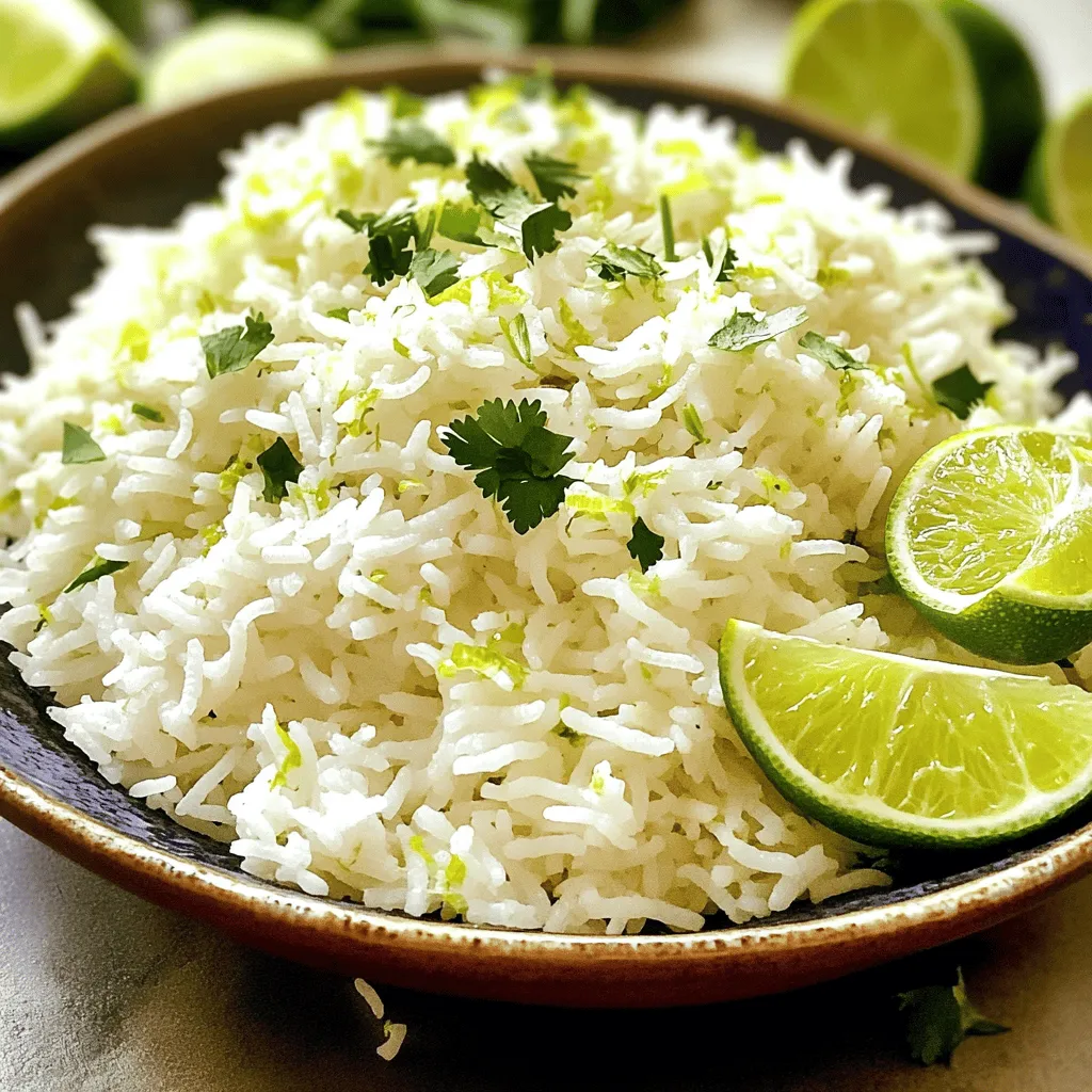 To make coconut lime rice, you need just a few key ingredients. Here’s what you’ll need: - 1 cup basmati rice - 1 cup coconut milk (preferably full-fat for richness) - 1/2 cup water - 1 tablespoon fresh lime zest (from about 1 lime) - 2 tablespoons freshly squeezed lime juice - 1 tablespoon extra virgin olive oil - 1/2 teaspoon sea salt These ingredients come together to create a dish that is both rich and bright. The basmati rice gives a nice texture, while the coconut milk adds creaminess. Fresh lime zest and juice bring a zesty kick that makes this dish stand out. For an extra touch, consider these garnishes: - Fresh cilantro - Lime wedges Cilantro adds a fresh note, while lime wedges give you that zesty burst when served. Both make the dish even more appealing. You can easily swap out some ingredients if needed. Here are a few ideas: - Use a dairy-free alternative for coconut milk, such as almond milk or cashew cream, if you want a lighter taste. - If you don’t have basmati rice, you can try jasmine rice or even brown rice for a different flavor and texture. These substitutions can help you enjoy this delightful side dish no matter your dietary needs. First, rinse the basmati rice well. This step is key. Rinsing removes extra starch. It helps the rice cook fluffy. Place the rice in a bowl. Run cold water over it. Swirl the rice gently with your hand. Keep rinsing until the water runs clear. Next, it’s time to combine all the ingredients. In a medium-sized saucepan, add the rinsed rice. Pour in 1 cup of coconut milk and 1/2 cup of water. Add in the lime zest, olive oil, and sea salt. Use a spoon to mix everything well. Now, let's cook the rice. Place the saucepan over medium heat. Bring the mixture to a gentle boil. Watch it closely so it doesn’t boil over. As soon as it boils, reduce the heat to low. Cover the saucepan tightly with a lid. Let it simmer for about 15 minutes. The rice will absorb all the liquid during this time. After the 15 minutes, turn off the heat. Keep the lid on and let the rice steam. This step is crucial for fluffy rice. Let it sit for 5 more minutes. Now, fluff the rice gently with a fork. This helps separate the grains. Drizzle fresh lime juice over the rice. Mix lightly to blend in the flavors. For the full recipe, check the details above. Serve warm and enjoy the vibrant taste! To get fluffy coconut lime rice, start by rinsing the basmati rice. Rinsing removes excess starch. This step is key to achieving a light texture. Once rinsed, it’s time to cook. When cooking, pay close attention to simmering and steaming times. After bringing the mixture to a gentle boil, lower the heat. Cover the pan tightly and let it simmer for 15 minutes. After this, keep the lid on for another 5 minutes to steam. This will help the rice fluff up nicely. To boost the flavor of your coconut lime rice, consider adding extra ingredients. Chopped green onions or diced bell peppers can add a nice crunch. A pinch of cayenne pepper can add a kick. Adjusting seasoning is also important. After cooking, taste your rice. You can add more salt or lime juice to enhance the flavor. Just a small amount can make a big difference. Presentation matters! Serve the coconut lime rice in a lovely bowl. This showcases its fluffy texture and bright colors. Garnish with fresh cilantro for a pop of green. Pair the rice with grilled chicken or shrimp for a complete meal. You can also serve it alongside a colorful salad. This makes your dish not only tasty but also visually appealing. For the full recipe, check out the Coconut Lime Rice Delight. {{image_4}} You can use different types of rice for Coconut Lime Rice. Jasmine rice adds a lovely floral note. Brown rice gives more fiber and a nutty taste. It takes longer to cook, so be patient. Quinoa is a great grain alternative too. It cooks fast and has a unique texture. Quinoa also packs a protein punch, making it a popular choice. To enhance the dish, consider adding spices or herbs. Fresh cilantro or mint can brighten the flavor. You can also mix in vegetables like peas or bell peppers for color. If you want to make it heartier, add proteins like chicken or shrimp. These additions can turn this side into a full meal. Just ensure you balance the flavors to keep that coconut and lime essence. If you need a gluten-free option, Coconut Lime Rice fits the bill. All ingredients are naturally gluten-free. For a vegan twist, just use plant-based coconut milk, which is typically vegan-friendly. This dish is nutritious too! Coconut milk adds healthy fats while lime provides vitamin C. Each serving offers a tasty way to enjoy wholesome ingredients. Try the Full Recipe for a delicious experience. To store leftover coconut lime rice, first let it cool. Place it in an airtight container. This keeps the rice fresh and prevents it from drying out. I like to use glass containers. They are sturdy and help you see what’s inside. - Cool the rice completely before storing. - Use airtight containers for best results. Reheating coconut lime rice can be simple. You want to avoid dryness. The best methods are using a microwave or stovetop. - Microwave: Place the rice in a bowl. Add a splash of water. Cover with a damp paper towel. Heat for one minute. Stir and check the heat. Add more time if needed. - Stovetop: Heat on low in a saucepan. Stir often and add a bit of water. This keeps the rice moist. To maintain flavor, add a squeeze of fresh lime juice when reheating. This gives the rice a vibrant taste, just like when it was fresh. You can also freeze coconut lime rice for later. This is great for meal prep. To freeze, let the rice cool completely. - Use freezer-safe bags or containers. Remove as much air as possible. This helps prevent freezer burn. - Label the bags with the date to keep track. When ready to use, thaw the rice in the fridge overnight. You can also microwave it straight from the freezer. Just add a little water and heat until warm. This coconut lime rice is easy to store and reheat, making it a perfect side dish anytime. For the full recipe, check out the Coconut Lime Rice Delight. What can I serve with Coconut Lime Rice? You can serve coconut lime rice with many dishes. It pairs well with grilled chicken, shrimp, or fish. Try it alongside curries or stir-fries for a tasty meal. You can also serve it with fresh vegetables for a lighter option. How can I adjust the recipe for more servings? To make more servings, simply double the ingredients. Use two cups of rice and adjust the coconut milk and water accordingly. This will ensure the flavors remain balanced. Just remember to use a larger pot for cooking, so it all fits. What to do if rice is too sticky? If your rice is sticky, it means it may have too much starch. Next time, rinse the rice more thoroughly before cooking. If it’s already cooked, try adding a little oil and fluffing it gently with a fork. How to fix undercooked rice? If your rice is undercooked, add a splash of water and cover it again. Cook for a few more minutes on low heat. This will help the rice finish cooking evenly. Caloric content and serving size information One serving of coconut lime rice contains about 220 calories. This depends on the amount of coconut milk used. Each serving is roughly 3/4 cup of cooked rice. Health benefits of the main ingredients Coconut milk is rich in healthy fats, which can boost energy. Lime juice adds vitamin C, which supports the immune system. Basmati rice is a good source of carbohydrates for energy. Eating this dish can offer you a tasty balance of nutrients. Coconut lime rice is a simple yet tasty dish. We discussed key ingredients like basmati rice and coconut milk. You now know how to prepare and cook it for the best texture. Tips for enhancing flavor and presentation can elevate the meal. Remember, you can customize this recipe with different grains and flavors. Store leftovers properly to keep them fresh. Enjoy serving coconut lime rice with your favorite dishes. It’s a versatile option for any meal. You have the tools to create your perfect coconut lime rice.