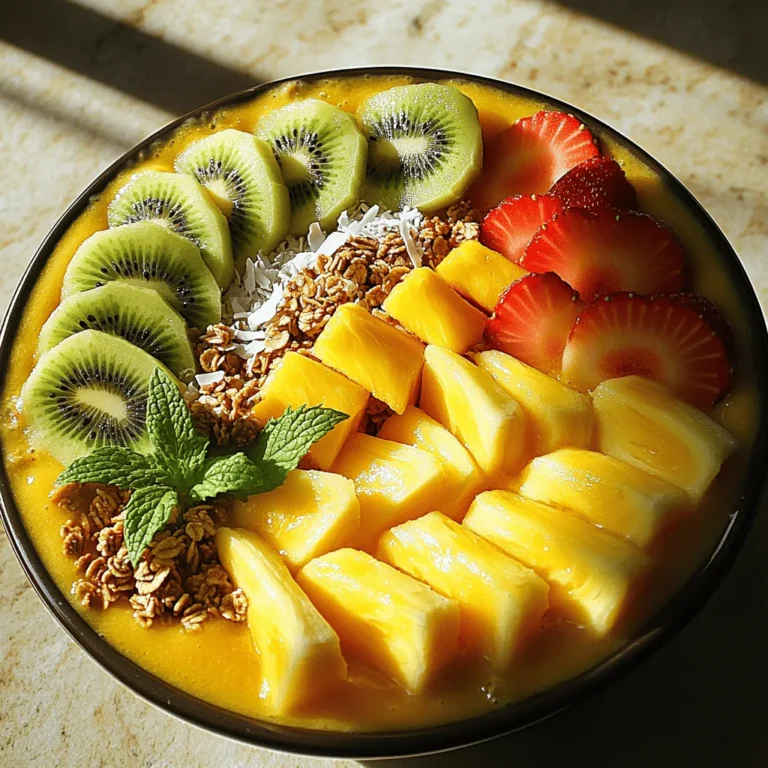 To create a delicious Tropical Smoothie Bowl, gather these essential ingredients: - 1 ripe banana, peeled - 1 cup frozen mango chunks - 1/2 cup frozen pineapple chunks - 1/2 cup coconut milk (or your preferred plant-based milk) - 1 tablespoon chia seeds - 1 tablespoon honey or agave syrup (optional for sweetness) - 1/2 teaspoon vanilla extract These ingredients form a creamy and flavorful base for your bowl. The ripe banana adds natural sweetness, while the frozen mango and pineapple give a tropical taste. Coconut milk provides a rich, smooth texture. Chia seeds not only add nutrients but also help thicken the bowl. You can enhance your Tropical Smoothie Bowl with these optional add-ins: - Fresh fruit for topping: sliced kiwi, strawberries, and additional banana - 2 tablespoons granola for crunch - 1 tablespoon shredded coconut - Fresh mint leaves for garnish These toppings add vibrant colors and textures. The granola adds a delightful crunch, while fresh fruit boosts flavor and nutrition. Don’t forget the mint leaves for a refreshing touch. This smoothie bowl is not just tasty; it's also healthy. Here’s a quick look at the nutritional benefits: - High in vitamins from the fruits, especially vitamin C - Good source of fiber from bananas and chia seeds - Healthy fats from coconut milk This bowl can be a great breakfast or snack. It’s packed with energy and nutrients to keep you feeling good. Enjoy every spoonful of this Tropical Paradise Smoothie Bowl! You can find the full recipe to make it at home. Start with a clean blender. You want to make sure it works well. Take one ripe banana and peel it. Next, add one cup of frozen mango chunks. Then, add half a cup of frozen pineapple chunks. Pour in half a cup of coconut milk or your favorite plant-based milk. Toss in one tablespoon of chia seeds. If you want it sweeter, add one tablespoon of honey or agave syrup. Finally, add half a teaspoon of vanilla extract. This mix sets the stage for a tasty smoothie bowl. Now, blend all the ingredients on high speed. Watch as it turns into a creamy mix. Stop the blender once or twice to scrape the sides. This helps blend everything well. If the mixture is too thick, slowly add more coconut milk. Blend until smooth and creamy. This step is key to getting the right texture for your smoothie bowl. Once blended, pour the smoothie into a bowl. This creates a thick base for your toppings. Take fresh fruit like sliced kiwi, strawberries, and banana. Arrange the slices on top for a colorful look. Next, sprinkle two tablespoons of granola and one tablespoon of shredded coconut over the fruit. This adds a nice crunch. Finish by placing fresh mint leaves on top. This adds a pop of color and flavor. Enjoy your Tropical Paradise Smoothie Bowl right away for the best taste! To get a smooth and creamy texture, start with frozen fruits. They blend well and keep your bowl cold. If your mix feels too thick, add more coconut milk. Blend until everything mixes well. Scrape the sides of the blender if needed. Aim for a milkshake-like texture. Make your bowl look great by arranging the toppings nicely. Slice fresh fruits like kiwi and strawberries. Place them in a circle or a pattern. A sprinkle of granola adds crunch and color. Finish with a few mint leaves for flair. Good visuals make your meal more fun! You can adjust the recipe to fit your needs. Use almond milk or oat milk if you want non-dairy options. For a vegan twist, replace honey with agave syrup. If you have nut allergies, skip the granola and use seeds instead. Always feel free to swap ingredients for what you enjoy! {{image_4}} You can change the fruit in your smoothie bowl. Try berries like blueberries or raspberries. They add a nice tartness. Apples or peaches work well too. If you want a citrus twist, add orange or lime juice. Each fruit brings its own flavor and health benefits. Mixing fruits keeps your bowl exciting and fun! Boost your smoothie bowl by adding protein or superfoods. You might try a scoop of protein powder. Greek yogurt is another great option for creaminess and protein. For superfoods, sprinkle in some spirulina or hemp seeds. These add nutrients without changing the taste much. You’ll feel full and energized all morning! If you follow a vegan diet, it’s easy to make this bowl dairy-free. Use almond, soy, or oat milk instead of coconut milk. You can skip honey and use maple syrup for sweetness. Chia seeds are already vegan and add healthy fiber. This way, everyone can enjoy this tasty meal! If you have leftover smoothie, pour it into an airtight container. This helps keep it fresh. Store it in the fridge for up to two days. When you're ready to enjoy, stir it well. You can also add a bit of milk to loosen it up. Freezing smoothie ingredients is easy. Place your fruit in a freezer bag. Make sure to remove as much air as possible. You can freeze bananas, mangoes, and pineapples for up to three months. This way, you can grab them whenever you need a quick smoothie fix. Most of the ingredients in your Tropical Paradise Smoothie Bowl stay fresh for a while. Here’s a quick guide on how long they last: - Bananas: Best used when ripe, store at room temperature for about 1 week. - Frozen mango and pineapple: Last up to 6 months in the freezer. - Coconut milk: Unopened cans last for about 2 years. Once opened, use it within 5-7 days. - Chia seeds: They can last for up to 2 years if stored in a cool, dry place. - Honey: Does not spoil and can last indefinitely. Using these tips, you can enjoy your Tropical Smoothie Bowl without waste. For the full recipe, check the earlier section to get started! You can add many fruits to your Tropical Smoothie Bowl. Some great choices include: - Ripe bananas - Fresh strawberries - Blueberries - Sliced kiwi - Mango slices - Pineapple chunks - Peaches Mix and match your favorite fruits. Each fruit adds its own flavor and texture. You can prepare a Tropical Smoothie Bowl ahead of time. However, avoid adding fresh toppings until you're ready to eat. Store the base in the fridge for up to one day. If it thickens, blend it again with a splash of milk. To make your smoothie bowl thicker, use less liquid when blending. You can also: - Add more frozen fruit - Use a frozen banana - Include chia seeds These options help create a creamy, thick texture that's perfect for a smoothie bowl. If you don't have coconut milk, several great alternatives exist. You can use: - Almond milk - Cashew milk - Oat milk - Soy milk Each option brings its own taste and texture. Choose based on what you enjoy or have at home. You learned how to make a tasty tropical smoothie bowl. We covered key ingredients and fun add-ins. I shared step-by-step instructions, tips for the best texture, and ways to present it nicely. You now know various fruit combinations and storage tips. Remember, experiment with flavors to find what you love. Enjoy creating your smoothie bowls!