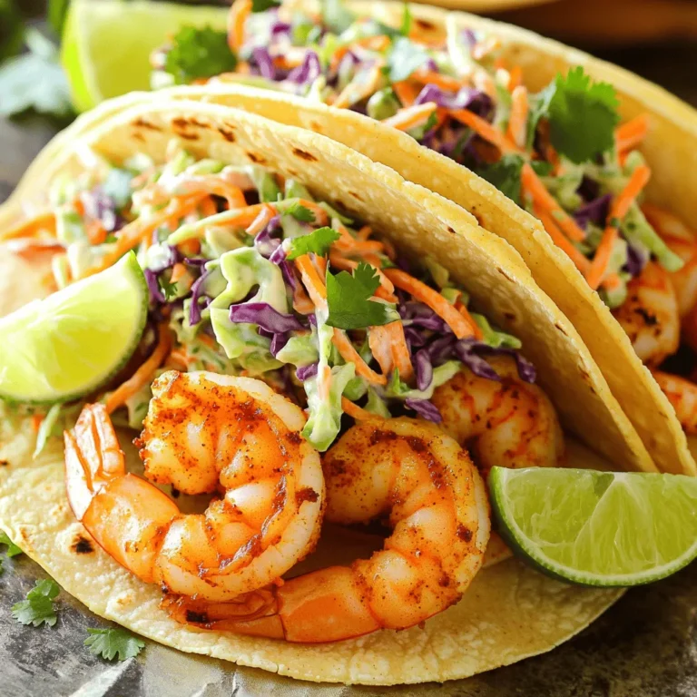 - 1 lb large shrimp, peeled and deveined - 2 tablespoons Cajun seasoning - 2 tablespoons olive oil, divided - 8 small corn tortillas - 1 cup shredded cabbage (green or purple for color) - 1/2 cup carrots, finely grated - 1/4 cup fresh cilantro, chopped - 1/4 cup mayonnaise - 2 tablespoons fresh lime juice - Salt and pepper to taste - Lime wedges for serving What are some good protein options for tacos? You can use chicken or fish as great swaps. You can also try tofu for a plant-based option. Each brings a unique taste to the dish. Why use fresh ingredients? Fresh ingredients enhance flavor and provide better texture. They also pack more nutrients compared to processed ones. How can I change the spice level? Adjust the Cajun seasoning to suit your taste. More seasoning gives a bold flavor; less gives a milder taste. You can also add a pinch of cayenne for extra heat. For more on making these tacos, check the Full Recipe. To start, combine the shrimp with Cajun seasoning in a medium bowl. Use two tablespoons of seasoning and one tablespoon of olive oil. Toss the shrimp well. This ensures every piece is coated in flavor. Let the shrimp marinate for 15 minutes. This step is key. It allows the spices to soak in, making the shrimp taste amazing. While the shrimp marinates, it’s time for the lime slaw. In another bowl, mix shredded cabbage, grated carrots, chopped cilantro, mayonnaise, lime juice, salt, and pepper. Stir these ingredients until they blend well. Set this aside for a bit. Letting the slaw sit helps the flavors come together. For the best texture, use fresh cabbage and finely grate the carrots. Now, let’s cook the shrimp. Heat the remaining tablespoon of olive oil in a large skillet over medium-high heat. When the oil shimmers, add the marinated shrimp in a single layer. Cook for 2-3 minutes on each side. The shrimp should turn pink and opaque when done. This shows they are cooked through. At the same time, warm the corn tortillas in a separate dry skillet. Heat each tortilla for about 30 seconds on each side. You want them soft and easy to fold. This step makes a big difference in how the tacos feel when you eat them. To assemble the tacos, take a warm tortilla. Lay a few cooked shrimp on it. Then, add a generous spoonful of lime slaw on top. For an extra pop of flavor, sprinkle more cilantro. Present the tacos on a colorful platter. Arrange lime wedges around them for a bright finish. This makes for a beautiful taco setup that is sure to impress. For the full recipe, check out the details above. Enjoy your flavorful creation! To ensure your shrimp are not overcooked, cook them just until they turn pink. This usually takes about 2-3 minutes per side. Overcooked shrimp can become rubbery and tough. Always check for that bright pink color and an opaque center. Temperature control is key when pan-frying. Heat your skillet over medium-high heat, then add olive oil. Wait until the oil shimmers before adding shrimp. This helps them cook evenly and develop a nice sear. Pair your Cajun shrimp tacos with sides like black beans or rice. A fresh salsa or guacamole also adds great flavor. For drinks, consider serving cold beer or a refreshing margarita. These pair well and enhance the taco experience. For a fun twist, create a taco bar. Set out shrimp, lime slaw, and toppings. Let your guests build their own tacos. This makes for a lively meal, perfect for gatherings or family dinners. To make this dish gluten-free, use corn tortillas. They are naturally gluten-free and hold up well. Always check your Cajun seasoning to ensure it is gluten-free. For a vegan version, swap shrimp with grilled vegetables or tofu. Use a vegan mayo for the slaw. You can also add avocado for creaminess and extra flavor. This way, everyone can enjoy these tasty tacos. You can find the Full Recipe to guide you through each step. {{image_4}} To make your Cajun shrimp tacos even more exciting, you can add extra spices. Consider using smoked paprika or cayenne pepper for more heat. A dash of garlic powder or onion powder can also deepen the flavor. You can switch up the slaw, too. Instead of cabbage, try using kale or bok choy for a crunchy texture. You could even add diced apples for a sweet twist. A spoonful of pineapple could bring a tropical vibe to your slaw. Choosing the right tortilla can change your taco game. Corn tortillas are great, but flour tortillas bring a soft, chewy feel. You can even try a whole wheat tortilla for a healthier choice. For a fun twist, use lettuce wraps instead of tortillas. This option is low-carb and fresh. You might also explore taco shells made from sweet potatoes or even jicama for a unique experience. If you want to wow your guests, upscale your tacos for a party. Use large shrimp and serve them on warm taco stands. A colorful platter with garnishes makes for a stunning display. For gatherings, consider setting up a taco bar. Lay out all the toppings and let guests build their own tacos. This not only makes it fun but also allows everyone to customize their meal. To keep your Cajun shrimp tacos fresh, store each component separately. Place the shrimp in an airtight container. They will stay good for about two days in the fridge. For the lime slaw, use a different container. It also lasts up to two days. If you want to keep them longer, you can freeze the shrimp. Just make sure to use a freezer-safe bag. Squeeze out as much air as you can. The slaw, however, does not freeze well. It can become watery when thawed. When it's time to enjoy your leftovers, reheat the shrimp gently. The best method is on the stove. Heat a skillet over low heat. Add the shrimp and cook for a few minutes until warm. You can also use a microwave. Just be careful not to overcook it. For the tortillas, warm them in a dry skillet. This helps restore their texture. Heat each tortilla for about 30 seconds on each side. This way, they stay soft and ready to fold. Enjoy your tasty tacos again with that flavor explosion! How long to marinate shrimp for maximum flavor? I recommend marinating the shrimp for about 15 minutes. This time is perfect for the Cajun seasoning to soak in. If you have more time, you can go up to 30 minutes for a deeper flavor. Can I make the slaw ahead of time? Yes, you can make the slaw ahead of time. I suggest making it a few hours before serving. This way, the flavors blend well, and it saves time when you’re ready to eat. What can I use instead of mayonnaise in the slaw? If you want to skip mayonnaise, try Greek yogurt. It adds creaminess and a bit of tang. You can also use avocado for a richer flavor. How to adjust for different dietary needs? To make it gluten-free, use corn tortillas. If you want a vegan option, replace shrimp with tofu or jackfruit and use vegan mayo for the slaw. Can I grill the shrimp instead of sautéing? Yes, grilling shrimp adds a nice smoky flavor. Just make sure to skewer them to prevent slipping through the grill. Grill each side for about 2-3 minutes until they are pink. What’s the best way to keep tortillas warm while serving? Wrap the warm tortillas in a clean kitchen towel. This keeps them soft and warm for a longer time. You can also use a tortilla warmer if you have one. For the complete recipe, check out the [Full Recipe]. This blog post covers a delicious shrimp taco recipe. We explored flavorful ingredients and their benefits. You learned how to marinate shrimp and prepare tasty lime slaw. We also covered cooking techniques and tips for perfect tacos. Finally, we discussed storage, variations, and common questions. Shrimp tacos can be fun and easy. With fresh ingredients, you can impress your guests. Enjoy trying these tips and creating your version!