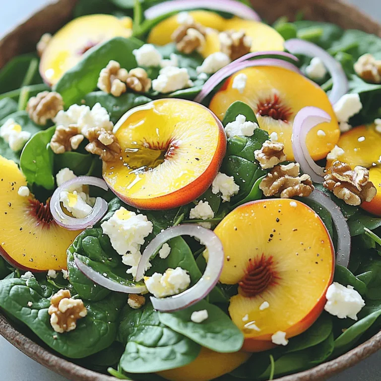 - 4 cups fresh baby spinach - 2 ripe peaches - 1/2 cup feta cheese - 1/4 cup olive oil - 2 tablespoons apple cider vinegar - 1 tablespoon honey - Salt and black pepper The Peach Spinach Salad shines with fresh ingredients. The base of this salad is crisp baby spinach. It brings a light and healthy feel. The peaches add a burst of sweetness and color. Make sure to pick ripe peaches. They will make your salad taste even better. Feta cheese adds a creamy touch. It contrasts nicely with the crisp spinach and juicy peaches. The blend of sweet and salty creates a perfect balance. It makes your taste buds dance! For the dressing, olive oil gives richness. Apple cider vinegar adds a zingy punch. Honey brings just the right hint of sweetness. Finally, a dash of salt and black pepper ties it all together. Make sure you taste the dressing before pouring it on the salad. The combination of these great ingredients makes this salad a true delight. For the full recipe, check back to create this refreshing meal! To start, gather a large mixing bowl. In this bowl, combine the fresh baby spinach, sliced peaches, crumbled feta cheese, finely sliced red onion, and roughly chopped walnuts. This mix gives the salad a vibrant look and great taste. Make sure to wash and dry all ingredients. Clean produce ensures your salad stays fresh and crisp. Next, take a small bowl. In it, whisk together the olive oil, apple cider vinegar, honey, salt, and black pepper. Whisk until the dressing is smooth and well mixed. This smooth emulsification helps the flavors blend nicely. A good dressing can elevate your salad from good to great. Now it’s time to bring everything together. Drizzle the prepared dressing over your salad base. Use your hands or salad tongs to gently mix the ingredients. Make sure every piece is coated with the dressing. This step is key to ensuring that every bite bursts with flavor. For a delicious Peach Spinach Salad, follow these simple steps as outlined in the Full Recipe. Happy cooking! When you choose peaches, look for firmness and a sweet aroma. This is key for a great taste. A ripe peach should have a slight give when you gently squeeze it. If it feels too hard, it may not be ripe yet. If it feels too soft, it may be overripe. You can prepare the salad ingredients in advance. Wash and slice the peaches, spinach, and onion. Crumble the feta cheese and chop the walnuts. Store them separately in the fridge. Assemble everything just before serving for the best freshness. This keeps your salad crisp and vibrant. Always taste the salad before serving. You can modify the sweetness or acidity to fit your taste. If you want it sweeter, add a bit more honey. If you prefer it tangy, add more apple cider vinegar. This simple step can elevate your Peach Spinach Salad to the next level. For the full recipe, check out the detailed instructions. {{image_4}} You can change the salad's flavor by using different dressings. For a twist, try a balsamic vinaigrette. The sweet and tangy notes enhance the peaches. A citrus dressing also works well. It adds a bright freshness that pairs nicely with spinach. Don't be afraid to experiment with different flavors. Each dressing can turn this salad into a new dish. Adding toppings can boost your salad's nutrition and taste. Try grilled chicken or tofu for a protein kick. Both options make the salad more filling. You can also add slices of avocado for creaminess. Seeds like pumpkin or sunflower add a nice crunch. These toppings not only add flavor but also make the salad more satisfying. Walnuts are great, but don't stop there! You can swap them for pecans or almonds. Each nut brings its own unique flavor. Pecans add a sweet, buttery taste. Almonds offer a subtle crunch that’s hard to resist. Mixing different nuts can create exciting flavor combinations. So, feel free to explore and find what you love best. For the full recipe, check out the Peachy Spinach Delight. To keep your Peach Spinach Salad fresh, store leftovers in an airtight container. This way, you can prevent air from wilting your greens. Use the salad within 1-2 days for optimal freshness. After that, the peaches may lose their great taste. To avoid a soggy salad, keep the dressing separate until you are ready to serve. This helps the spinach stay crisp. If you plan to store the salad, prepare it without the dressing. This simple step keeps every bite enjoyable. If your salad is a day old, don't worry! Revive it by tossing in fresh spinach and a new dressing. This helps bring back that vibrant taste and texture. You can enjoy your salad as if it was just made! Using frozen peaches can change your salad's texture. Fresh peaches are juicy and firm. They add a nice crunch to each bite. Frozen peaches tend to be softer when thawed. They may lose that fresh taste and crispness. If you must use frozen, thaw them first. Drain any excess water to avoid a soggy salad. If you don't have feta, don't worry! Goat cheese is a great alternative. It offers a similar creaminess and tang. Nutritional yeast is another option for a dairy-free choice. It gives a cheesy flavor without the milk. Both options will keep your salad delicious and satisfying. This recipe makes about four servings. You can easily adjust the amounts for more or fewer people. Just keep the ratio of ingredients the same for the best results. For the full recipe, follow the steps outlined above. This blog post guides you through a fresh and tasty salad. You learned how to use baby spinach, ripe peaches, and feta cheese. The step-by-step instructions make it easy to prepare. Use my tips for checking peaches and making the dressing. You can also try variations to boost flavor and nutrition. For the best experience, enjoy it fresh. Remember, you can revive leftovers with new dressing. This salad is fun to make and eat. Enjoy creating delicious meals packed with health!