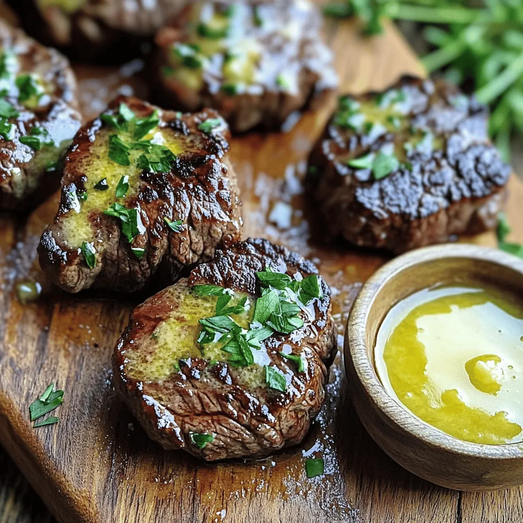 - 1 pound sirloin steak, cut into bite-sized cubes - 4 tablespoons unsalted butter, divided - 4 cloves garlic, finely minced - Fresh herbs: rosemary and thyme - Seasoning: salt and freshly ground black pepper - Optional: soy sauce for added flavor To make garlic butter steak bites, I focus on fresh and quality ingredients. The sirloin steak is the star here. It is tender and full of flavor. Cutting it into bite-sized cubes helps with even cooking. Butter adds richness to our dish. I use unsalted butter to control the salt. The key to great taste is the garlic. I finely mince it to release its full flavor. Fresh herbs like rosemary and thyme enhance the dish. They add a lovely aroma and depth. Seasoning is crucial. Salt and freshly ground black pepper bring out the natural flavors of the steak. If you want an extra kick, you can drizzle some soy sauce on the steak for a savory twist. - Fresh parsley, finely chopped Lastly, I love to sprinkle fresh parsley on top. It adds a pop of color and freshness. This simple garnish makes the dish look more inviting. For the full recipe, check out Garlic Butter Steak Bites 🥩🧄. To start, season the steak cubes with salt and pepper. If you want, add soy sauce for extra flavor. Let the steak sit for 15 minutes; this helps the flavors mix. When cutting sirloin, use a sharp knife. Cut it into bite-sized pieces. Aim for uniform cubes so they cook evenly. For cooking, use a large skillet. Heat 2 tablespoons of butter over medium-high heat. Once the butter is hot, add the steak cubes in a single layer. Avoid overcrowding the pan. This allows for a nice sear. Cook for 2-3 minutes on each side. The goal is a golden crust and your preferred doneness. After cooking, take the steak bites out and let them rest on a plate. Lower the heat to medium. Add the remaining 2 tablespoons of butter into the skillet. Once it melts, stir in the minced garlic, rosemary, and thyme. Sauté this mix for 1-2 minutes until the garlic smells great. Then, add the steak bites back to the skillet. Toss them in the garlic butter for about a minute. This coats them in flavor and warms them up. Finally, take the skillet off the heat and serve the steak bites on a platter. Top with fresh parsley for extra color and taste. For the full recipe, check out the detailed instructions! Choosing the right cut of steak is key. I recommend sirloin steak for its flavor and tenderness. Look for meat that has a nice red color and some marbling. This fat helps keep the meat juicy. When buying fresh herbs, check for vibrant green leaves. Smell them too; they should have a strong, pleasant scent. Avoid herbs that look wilted or brown. To avoid overcooking your steak bites, use high heat. Sear them for 2-3 minutes on each side. Do not move them too much; this lets a nice crust form. After cooking, let the steak rest for a few minutes. This helps the juices stay in the meat, making it more tender and juicy. Garlic butter steak bites go well with many sides. Try serving them with mashed potatoes or a fresh salad. These sides balance the rich flavors of the steak. For dipping sauces, I suggest a creamy garlic sauce or a tangy chimichurri. Both add a fun twist to the dish. For the full recipe, check the section above. {{image_4}} You can change the taste of garlic butter steak bites by adding herbs or spices. Try using fresh basil or parsley for a light twist. For a bolder flavor, add a pinch of smoked paprika or cayenne pepper. You can also switch up the sauces. Instead of soy sauce, try Worcestershire sauce for a tangy kick. Or, use a splash of balsamic vinegar for a sweet and sour touch. Each choice brings a new flavor to your dish. You can grill garlic butter steak bites for a smoky flavor. Preheat your grill to medium-high heat. Follow the same seasoning steps, then thread the steak cubes onto skewers. Grill for 2-3 minutes on each side until they reach your desired doneness. For a faster method, use an Instant Pot. Simply season the steak and sauté it in the pot with butter. Add a bit of broth, then cook on high pressure for 5 minutes. This method speeds up your cooking time while keeping the meat tender. To make garlic butter steak bites gluten-free, skip the soy sauce. Use tamari instead, which is gluten-free. For a dairy-free option, substitute the butter with olive oil or a vegan butter alternative. This way, you keep the dish tasty while meeting dietary needs. Each variation allows everyone to enjoy this dish without missing out. To store leftover garlic butter steak bites, follow these steps: - Allow the steak bites to cool to room temperature. - Place them in an airtight container. - Store in the fridge for up to three days. This helps keep them fresh and tasty. To reheat the steak bites, use the stove or microwave: - For the stove, heat a pan over medium heat. - Add a little butter or oil to the pan. - Place the steak bites in the pan and heat for a few minutes. This keeps them juicy and flavorful. - For the microwave, place the bites on a plate. - Cover with a damp paper towel and heat in short bursts. Check often to avoid overcooking. Yes, you can freeze garlic butter steak bites: - After cooking, let them cool completely. - Place in a freezer-safe bag or container. - Store in the freezer for up to three months. For the best results, use a vacuum sealer if you have one. To thaw, move the container to the fridge the night before. You can also use the microwave on defrost mode. This helps maintain the flavors and texture. To check if steak bites are cooked just right, use a meat thermometer. The ideal internal temperature for medium-rare is 130°F to 135°F. For medium, aim for 140°F to 145°F. If you don't have a thermometer, you can use the touch test. Press the steak with your finger; it should feel soft yet firm for medium-rare. - Use these tips for checking doneness: - Look for a nice golden crust. - Cut one piece open to see the color. - Trust your senses; you’ll learn with practice. Yes, you can make these steak bites ahead of time. Cook the steak bites, then let them cool completely. Store them in an airtight container in the fridge for up to three days. When you are ready to eat, reheat them in a skillet. Add a bit of butter for flavor and moisture. - Preparing in advance: - Cook your steak bites and cool them. - Store in a fridge-safe container. - Reheat on low heat in a skillet. Garlic butter steak bites pair well with many sides. Try serving them with mashed potatoes, grilled veggies, or a fresh salad. You can also use toothpicks for easy serving at parties. - Popular pairing ideas: - Creamy mashed potatoes. - Grilled asparagus or green beans. - A crisp garden salad with vinaigrette. For the full recipe of garlic butter steak bites, check out the previous section! You learned how to make tasty garlic butter steak bites using simple steps. Start with quality sirloin and fresh herbs. Cooking techniques and resting time are crucial for the best flavor. Remember to try variations and adapt for dietary needs. In the end, these tips and tricks will help you impress friends and family. Enjoy your cooking journey and savor every bite!