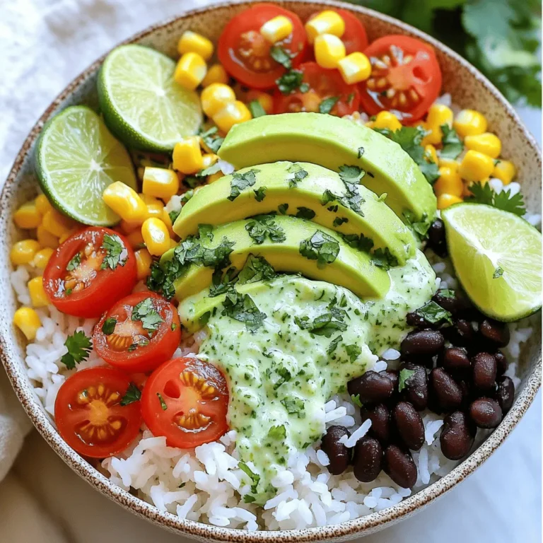 Cilantro lime rice bowl is fresh and full of flavor. Here is what you need: - 1 cup jasmine rice - 2 cups vegetable broth - 1 tablespoon olive oil - 1/2 teaspoon salt - 1/4 cup fresh cilantro, finely chopped - Juice of 1 lime - 1 ripe avocado, sliced - 1 cup cherry tomatoes, halved - 1/2 cup black beans, rinsed and drained - 1/4 cup sweet corn kernels - 1/4 teaspoon ground cumin - 1/4 teaspoon chili powder - Fresh lime wedges for serving These ingredients come together to create a colorful and tasty dish. The jasmine rice gives a lovely texture. The lime juice adds brightness, making each bite pop with flavor. Fresh cilantro ties all the tastes together, making it refreshing and vibrant. You can use vegetable broth to keep it vegetarian. For a heartier bowl, add grilled chicken or shrimp. This recipe is easy and quick, perfect for a weeknight meal. For the full recipe, check out the instructions in the next section. Enjoy creating your own cilantro lime rice bowl! To start, rinse the jasmine rice well. Use cold water and a fine mesh strainer. Keep rinsing until the water runs clear. This step is key for fluffy rice. Next, grab a medium saucepan. Combine vegetable broth, olive oil, and salt inside. Stir and bring this mixture to a boil. The broth will add flavor to the rice. Once the broth boils, add the rinsed rice. Stir it in gently to mix. Then, reduce the heat to low. Cover the saucepan with a tight lid. Let it simmer for 15 minutes. This allows the rice to absorb all the broth. After 15 minutes, remove the pan from heat. Keep it covered for another 5 minutes. This helps finish the cooking without burning. After the 5 minutes, remove the lid. Use a fork to fluff the rice gently. This separates the grains nicely. In a small bowl, mix lime juice, cilantro, cumin, and chili powder. Pour this mixture over the fluffy rice. Fold it in carefully until the rice is well coated. This adds a fresh and zesty flavor to your dish. Now, your cilantro lime rice is ready for your bowl! If you want the full recipe, check out the previous section. Rinsing your rice is key. It removes extra starch. This helps your rice stay fluffy. Rinse the jasmine rice under cold water until the water is clear. This simple step makes a big difference. The right rice-to-liquid ratio is also important. For jasmine rice, use a ratio of 1 cup of rice to 2 cups of liquid. This ensures the rice cooks evenly. Always choose fresh lime juice. It tastes brighter and better than bottled juice. Squeeze a juicy lime for the best flavor. You can also add garlic or onions. Saute them before cooking the rice. This adds depth to your dish. Make your bowls look inviting. Arrange the ingredients neatly on top of the rice. A colorful mix catches the eye. Use bright, fun bowls for serving. This adds to the overall experience of your meal. A beautiful presentation invites everyone to dig in! {{image_4}} You can make this cilantro lime rice bowl even better by adding protein. Grilled chicken or shrimp adds great flavor and texture. Simply season your protein with lime and grill until cooked through. If you prefer a vegetarian option, tofu or tempeh works well too. Just cube them and sauté until golden. Both choices ensure a filling meal. Adjusting the spice in your bowl is easy. Start with the chili powder in the recipe. If you want more heat, add a little extra. You can also toss in some chopped jalapeños for a spicy kick. This lets you control the heat level based on your taste. This recipe is very flexible. You can use different vegetables like bell peppers or zucchini for added crunch. These veggies not only taste good but also look colorful in your bowl. You can also try various rice types, like brown rice or quinoa. Each grain brings a unique texture, making your meal exciting every time you make it. For a full recipe, check out the detailed steps provided earlier. To keep your cilantro lime rice bowls fresh, place them in airtight containers. This helps prevent drying out and keeps flavors intact. If you have multiple servings, consider using smaller containers. That way, you can grab just what you need. Always let the rice cool to room temperature before sealing the containers. This helps avoid moisture buildup, which can lead to soggy rice. When it's time to enjoy leftovers, you can easily reheat them. The best method is to use the microwave. Add a splash of water to the rice to keep it moist. Cover the bowl with a microwave-safe lid or a damp paper towel. Heat in short bursts, stirring in between, until everything is warm. If you prefer the stovetop, heat the rice in a pan over low heat. Stir frequently and add a little water if needed. This method helps keep the rice fluffy and the veggies crisp. Yes, you can freeze cilantro lime rice! Just store it in freezer-safe containers. Make sure to leave some space at the top for expansion. For the toppings, freeze them separately to keep their textures. Slice the avocado and place it in a single layer on a baking sheet. Once frozen, transfer it to a bag. This way, you can enjoy fresh-tasting rice bowls anytime. Just remember to thaw everything overnight in the fridge before reheating. You can use basmati or brown rice instead of jasmine rice. Both options work well. Basmati rice has a fragrant aroma and fluffy texture. Brown rice offers a nutty flavor and more fiber. If you use brown rice, adjust the cooking time. It typically takes about 40-45 minutes to cook. Make sure to check the package for specific instructions. Yes, you can make cilantro lime rice ahead of time. Store it in an airtight container. It will stay fresh in the fridge for about 3-4 days. When you are ready to serve, reheat it gently on the stove or in the microwave. Add a splash of water to keep it moist. For the best flavor, mix in fresh cilantro and lime juice just before serving. Yes, this recipe is gluten-free. All the ingredients, like jasmine rice and black beans, do not contain gluten. When using canned goods, check the labels. Some brands may add gluten-containing ingredients. Look for brands that specifically say "gluten-free" to ensure safety. This makes it a great choice for those with dietary restrictions. In this post, we covered how to make a flavorful cilantro lime rice bowl. I shared key ingredients, step-by-step cooking instructions, and helpful tips for perfect results. Remember to rinse the rice thoroughly for that fluffy texture and freshen flavors with lime juice. You can customize this dish by adding proteins or veggies. This recipe is also easy to store and reheat, making it great for meal prep. Enjoy your tasty creation, and feel free to experiment with flavors to make it your own!