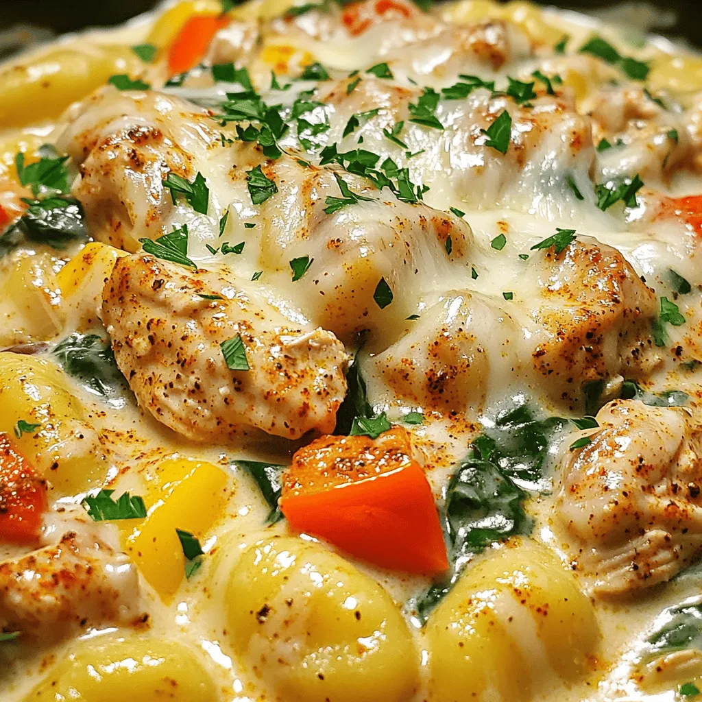 To make Creamy Cajun Chicken Gnocchi, you need a few key items. Here’s what you will gather: - 1 pound chicken breast, diced into bite-sized pieces - 1 tablespoon Cajun seasoning - 2 tablespoons olive oil - 1 cup onion, finely diced - 1 cup bell pepper, diced (any color for a vibrant dish) - 3 cloves garlic, minced - 1 cup heavy cream - 1 cup chicken broth - 1 package (16 oz) gnocchi - 1 cup fresh or frozen spinach - 1/2 cup Parmesan cheese, grated - Salt and pepper to taste - Fresh parsley, chopped (for a bright garnish) You can switch things up with these optional ingredients. They add fun and flavor: - Cherry tomatoes for added sweetness - Mushrooms for an earthy taste - Broccoli for more greens - Different types of cheese like feta or mozzarella - Hot sauce for extra heat Seasonings make this dish pop! Besides Cajun seasoning, try these: - Garlic powder for a deeper flavor - Onion powder for more sweetness - Smoked paprika for a rich, smoky taste - Red pepper flakes to kick up the heat - Fresh herbs like thyme or basil for a fresh touch With these ingredients ready, you can dive into making this creamy and delicious dinner. Check out the Full Recipe for more details on how to combine these amazing flavors! Start by cutting the chicken breast into small pieces. This makes it easier to cook and eat. In a bowl, sprinkle the Cajun seasoning over the chicken. Mix it well so every piece gets flavor. This step is key to a tasty dish. Heat olive oil in a large skillet on medium heat. Once it's hot, add the seasoned chicken. Cook it for about 7-10 minutes. Stir it often to brown all sides. When the chicken is fully cooked, move it to a plate. Don’t clean the skillet; we want those tasty bits left inside. Next, add diced onion and bell pepper. Cook for around 5 minutes until they soften. Then, add minced garlic and cook for one more minute. This will fill your kitchen with a wonderful smell. Pour in the chicken broth and heavy cream. Stir well to mix everything together. Let it simmer for 3-4 minutes. This thickens the sauce just right. Now, add the gnocchi to the skillet. Make sure they are covered by the sauce. Cook them for about 3-5 minutes. You know they’re done when they float to the top. Return the chicken to the skillet along with the spinach. Stir until the spinach wilts. This adds a nice pop of color and nutrition. Gradually mix in the grated Parmesan cheese. It melts and makes the sauce creamy. Taste your dish and add salt and pepper if needed. For a pretty finish, serve it hot with chopped parsley on top. For the full recipe, check out the details provided. To cook gnocchi just right, follow these steps: - Boil water: Start with a big pot of salted water. Bring it to a boil. - Add gnocchi gently: Place them in the boiling water. This helps them cook evenly. - Watch for floating: Gnocchi are done when they float to the top. This usually takes 3-5 minutes. - Avoid overcooking: Remove them quickly to keep them soft and fluffy. To boost those Cajun flavors, try these tips: - Use fresh spices: Use fresh Cajun seasoning for a stronger taste. You can even mix your own with paprika, cayenne pepper, and garlic powder. - Sauté with care: Cook your chicken and veggies until they get a nice golden brown. This adds depth to the flavor. - Add a splash of hot sauce: If you like heat, a dash of hot sauce can elevate the dish. Serving your dish well makes it even more enjoyable. Here are some ideas: - Choose shallow bowls: These help show off the creamy sauce and colorful ingredients. - Top with extras: Add more grated Parmesan and parsley on top for a fresh look. - Serve with bread: Fresh bread on the side can complement the meal nicely. You can find the full recipe in the previous section for more details on making this delicious meal. {{image_4}} To make a vegetarian version of this dish, simply skip the chicken. You can replace it with mushrooms, which add a hearty texture. Use about 1 pound of sliced mushrooms. Sauté them in the same way you would the chicken. They will soak up the Cajun seasoning and add great flavor. You can also add more vegetables like zucchini or cherry tomatoes for extra color and taste. If you like more heat, add extra Cajun seasoning or a pinch of cayenne pepper. You can also use fresh chopped jalapeños for a kick. Start with a small amount, taste, and keep adding until you reach your desired heat level. For a milder dish, reduce the Cajun seasoning by half. You can balance flavors by adding a splash of lemon juice. You can switch up the sauce to suit your taste. A tomato-based sauce can work well, giving a different flavor profile. For a lighter sauce, use vegetable broth instead of chicken broth. You can also experiment with different cheeses. Feta or goat cheese can add tanginess to the dish. For a creamy twist, try adding cream cheese or mascarpone for extra richness. For the full recipe of Creamy Cajun Chicken Gnocchi, visit the main article. To keep your creamy Cajun chicken gnocchi fresh, place leftovers in an airtight container. Make sure the dish cools to room temperature before sealing. Store it in the fridge for up to three days. This way, the flavors stay vibrant and tasty. When you're ready to enjoy your leftovers, reheat them in a pot over low heat. Add a splash of chicken broth or cream to keep it moist. Stir gently to warm everything through. You can also use the microwave. Heat it in short bursts, stirring in between, until warm. If you want to freeze your creamy Cajun chicken gnocchi, use a freezer-safe container. It can last for up to three months. To reheat, thaw it in the fridge overnight. Then, follow the reheating instructions to enjoy a quick, delicious meal later. For the full recipe, refer to the complete guide. Creamy Cajun Chicken Gnocchi lasts about 3 to 4 days in the fridge. Store it in an airtight container to keep it fresh. Before eating, check for any signs of spoilage. If it smells off or looks strange, it's best to throw it away. Reheat it on the stove for the best taste. Yes, you can use store-bought gnocchi for this recipe. Fresh or frozen gnocchi works well. They save you time and still taste great. Just follow the package instructions for cooking time. This way, you can enjoy a quick and tasty meal without the fuss of making gnocchi from scratch. Several sides pair well with Creamy Cajun Chicken Gnocchi. Some great options include: - A simple green salad with a light vinaigrette - Garlic bread for a crunchy texture - Steamed broccoli or green beans for extra veggies - A refreshing coleslaw to balance the rich flavors These sides complement the creamy dish and enhance your meal. To make this dish healthier, try these tips: - Use less heavy cream and replace it with Greek yogurt. - Incorporate more vegetables like zucchini or cherry tomatoes. - Swap chicken for grilled shrimp or tofu for a lighter option. - Use whole wheat gnocchi for added fiber. These changes keep the flavor while making the dish more nutritious. You can still enjoy a delicious meal without the extra calories. For the full recipe, check out the details above! This blog post covered everything you need for a tasty dish. We explored key ingredients, tips, and variations for Creamy Cajun Chicken Gnocchi. Remember to use fresh seasonings for the best flavor. Try the vegetarian option if you want a meat-free meal. Storing leftovers properly helps keep the dish fresh. Enjoy your cooking, and don’t be afraid to experiment! Each step can lead to a new favorite dish. You’ve got the tools to make it your own. Happy cooking!