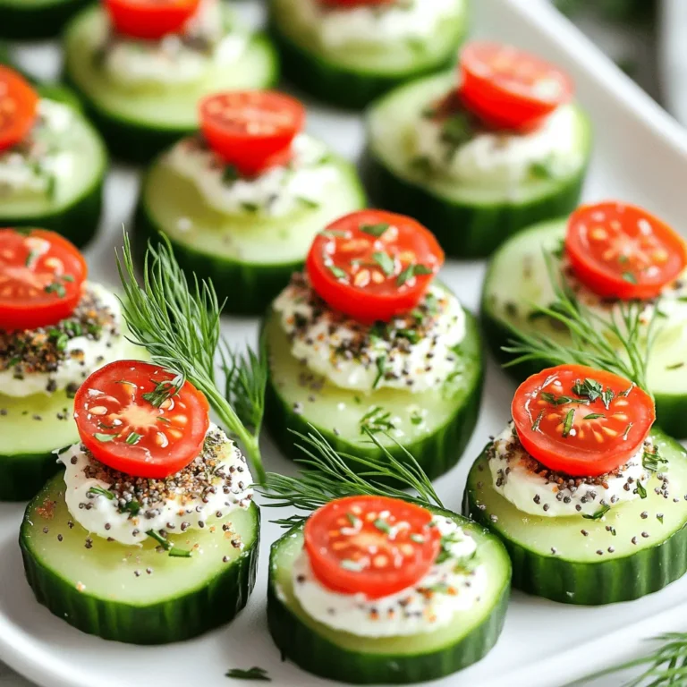 The main ingredients for everything bagel cucumber bites are cucumbers, cream cheese, and everything bagel seasoning. - Cucumbers: Pick firm, fresh cucumbers. They add crunch and a refreshing taste. - Cream Cheese: Use softened cream cheese for easy mixing. It gives a rich, creamy base. - Everything Bagel Seasoning: This mix adds great flavor. It includes sesame seeds, poppy seeds, garlic, and onion. Fresh herbs like chives and dill are also key. They enhance the flavor and add a lovely green touch. Chives have a mild onion taste, while dill brings a hint of sweetness. Together, they elevate the dish. You can get creative with optional toppings. Here are some ideas: - Alternative Vegetables: Try bell peppers, radishes, or zucchini slices. They can add different textures and flavors. - Additional Seasoning Options: Consider adding a pinch of smoked paprika or a dash of hot sauce for extra zing. These choices let you customize the bites to your taste. Feel free to mix and match! How to wash and slice cucumbers Start by washing the cucumbers under cool running water. This step removes dirt and any residues. After washing, slice each cucumber into 1-inch thick rounds. Make sure each piece is even. This helps with uniform cooking and looks nice on the plate. After slicing, use a paper towel to gently pat them dry. This keeps them from being too watery. Mixing the cream cheese filling In a medium bowl, mix the softened cream cheese with sour cream. Add fresh lemon juice, garlic powder, onion powder, chopped chives, and dill. Use a spatula to blend everything together until it is smooth. This mixture should be creamy and flavorful. Make sure no lumps are left. This filling is the star of the dish! Methods for dolloping the filling onto cucumber rounds You can use a piping bag with a star tip for a fancy look. If you don’t have a piping bag, a spoon works well too. Generously dollop the creamy filling onto each cucumber slice. Aim for a nice mound on top. This makes each bite look appealing and delicious. Sprinkling everything bagel seasoning Once you fill all the cucumber rounds, it’s time to sprinkle the everything bagel seasoning. This adds a tasty crunch and flavor boost. Make sure to distribute the seasoning evenly across all bites. This step makes the dish even more special and fun. Chilling recommendations for flavor enhancement To get the best flavor, chill the bites in the fridge for about 15 minutes. This helps all the flavors blend together. The bites will taste fresher and more vibrant after chilling. Presentation tips for serving platter Arrange the cucumber bites neatly on a nice serving platter. For a lovely display, try a circular pattern. This makes the platter look inviting. Add halved cherry tomatoes on top for color. You can also garnish with a few sprigs of fresh dill for an added touch of green. This makes your dish stand out at any party! To make a great filling, keep it creamy. Start with softened cream cheese. This helps it mix well with sour cream and lemon juice. If your filling feels too thick, you can add a bit more sour cream or lemon juice. This will give it a smooth texture. If you don’t have a piping bag, use a ziplock bag. Just fill the bag with your mixture and cut a small corner. You can then squeeze it out, just like a piping bag. This makes filling the cucumber bites easy and fun. Make your cream cheese mix special by adding new flavors. Try mixing in some finely chopped herbs. Fresh basil or parsley can add a nice touch. You can also add a little bit of hot sauce if you like heat. Don’t be afraid to get creative with spices. A pinch of smoked paprika or cumin can give a new twist. Experiment with different herbs and spices to find what you love best. The more you try, the more you’ll enjoy these bites! {{image_4}} For gluten-free options, you can enjoy everything bagel cucumber bites without worry. The main ingredients, cucumbers and cream cheese, are naturally gluten-free. Just make sure your everything bagel seasoning does not contain gluten. If you need vegan alternatives for cream cheese, use a plant-based cream cheese. Brands like Tofutti and Kite Hill offer great options. You can also make your own by blending soaked cashews with lemon juice and a pinch of salt. To add protein, consider smoked salmon. Place a small piece on top of the cream cheese before adding the everything bagel seasoning. This adds a rich flavor and turns the bites into a more filling snack. For a fun twist on the seasoning, try using za'atar or even a spicy blend. These can give your cucumber bites a unique flair and surprise your guests with bold tastes. You can even mix in some finely chopped sun-dried tomatoes for an added flavor boost. For the full recipe, check out the detailed instructions above to create these delightful treats! To keep everything bagel cucumber bites fresh, store them in the fridge. Place them in an airtight container. You want to avoid moisture, so don't cover them too tightly. This helps keep the cucumbers crisp. If you have extra filling, store it in a separate container. It will last longer that way. For best results, eat the bites within two days. They taste best when fresh. If they sit too long, the cucumbers can get soggy. These bites are best served cold. I recommend keeping them in the fridge until you are ready to serve. If you do want to warm them up, do it gently. Microwaving can make the cucumbers mushy. Instead, let them sit at room temperature for a few minutes before serving. If you stored the filling separately, you can reassemble the bites quickly. Just spoon the filling back onto the cucumber slices and top with everything bagel seasoning. This way, they will still look great and taste fresh! How long do everything bagel cucumber bites last? Everything bagel cucumber bites stay fresh for about two days in the fridge. Keep them in an airtight container. After that, the cucumbers may become soggy, and the filling may lose its flavor. Can I make the filling ahead of time? Yes, you can make the filling a day in advance. Just store it in the fridge. When you're ready to serve, spoon it onto the cucumber rounds. This method saves time and keeps your bites fresh. What to do if the filling is too liquidy? If your filling is too liquidy, add more cream cheese. This will thicken the mixture and improve its texture. You can also try adding a bit of sour cream or some finely chopped fresh herbs. How to prevent cucumbers from becoming soggy? To keep cucumbers crisp, pat them dry after washing. Slice them just before serving. You can also sprinkle a little salt on them, letting them sit for a few minutes. This draws out moisture and keeps them crunchy. In this blog post, we explored how to make delicious everything bagel cucumber bites. We discussed key ingredients like fresh cucumbers, cream cheese, and seasoning. You learned the step-by-step process for preparation and assembly. I shared tips for enhancing flavors and storing leftovers. These bites are easy to make and fun to customize. Experiment with herbs or toppings to find your favorite twist. Enjoy sharing this tasty snack at your next gathering! Your guests will love these fresh flavors.
