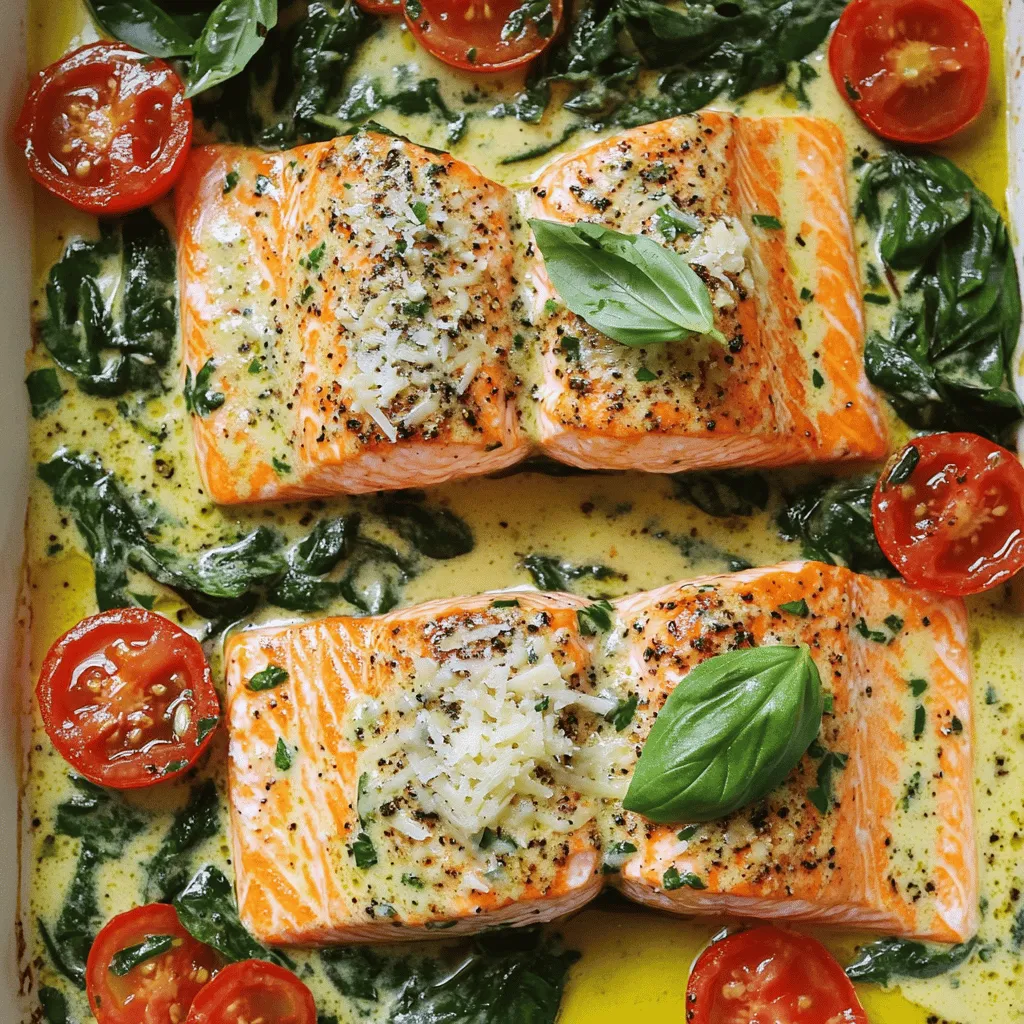 For this dish, you'll need: - 4 salmon fillets (about 6 ounces each) - Salt and freshly ground black pepper, to taste - 2 tablespoons extra virgin olive oil The salmon fillets are the star. Make sure they are fresh and firm. Season them well with salt and pepper to bring out their natural flavor. The next group of ingredients adds depth to the dish: - 3 cloves garlic, finely minced - 1 cup cherry tomatoes, halved - 1 cup fresh baby spinach leaves Garlic gives a warm, savory taste. Cherry tomatoes add a burst of sweetness, while spinach offers a nice color and a healthy boost. For a rich sauce, gather: - 1 cup heavy whipping cream - 1/2 cup freshly grated Parmesan cheese - 1 teaspoon Italian seasoning blend - 1 teaspoon fresh lemon juice - Fresh basil leaves, for garnish The heavy cream creates a smooth texture. Parmesan cheese adds umami, and lemon juice brightens the sauce. Fresh basil makes a lovely garnish that enhances the dish's aroma. For the full recipe, check out the complete guide. Start with fresh salmon fillets. Season both sides with salt and black pepper. Let them sit for a few minutes. This step helps the fish absorb the flavors. It also makes them taste better when cooked. Heat 2 tablespoons of olive oil in a large skillet over medium-high heat. When the oil shimmers, add the salmon fillets skin-side down. Cook for 4-5 minutes until the skin is crispy. Flip the fillets gently with a spatula. Cook for another 3-4 minutes. The salmon should be opaque and flake easily. Transfer to a plate and cover loosely with foil. Next, in the same skillet, lower the heat to medium. Add 3 cloves of minced garlic. Sauté the garlic for about 30 seconds. Stir constantly so it doesn't burn. Then, add 1 cup of halved cherry tomatoes. Sauté for 2-3 minutes until they soften. Their juices will create a base for the sauce. Add 1 cup of fresh spinach leaves to the pan. Stir for 1-2 minutes until they wilt. Then, lower the heat and pour in 1 cup of heavy cream slowly. Whisk it into the tomatoes and spinach. This step makes the sauce rich and creamy. Stir in 1/2 cup of grated Parmesan cheese and 1 teaspoon of Italian seasoning. Mix until the cheese melts fully. Drizzle 1 teaspoon of fresh lemon juice for brightness. Taste and add more salt and pepper if needed. Return the salmon to the skillet, spooning the creamy sauce over each fillet. Let it cook for another minute. This warms the salmon and blends the flavors. For the full recipe, check out the details provided earlier. Enjoy your creamy Tuscan salmon! To get the best salmon, start with fresh fillets. Look for bright colors and no strong fish smell. Season the salmon well before cooking. This adds flavor and helps with browning. Sear the skin-side down first to get a crispy texture. Cook it halfway, then flip it gently. This keeps the salmon moist and tender. Use high-quality olive oil for a rich taste. Fresh garlic adds a nice aroma. Cherry tomatoes bring sweetness and juicy flavor. When you add spinach, it adds color and nutrition. Don’t skip the lemon juice; it brightens the dish. Fresh basil leaves on top give a lovely finish. For extra zest, sprinkle more Parmesan cheese before serving. For a beautiful serve, use a large platter. Place the salmon in the center and drizzle with sauce. Sprinkle extra Parmesan and fresh basil for color. You can also add lemon wedges for a pop of brightness. Serve with crusty bread or pasta to soak up the sauce. This not only looks good but makes the meal feel special. {{image_4}} If you want to switch things up, try using chicken or shrimp. Chicken breasts work well. Cook them just like the salmon for a tasty dish. Shrimp adds a fun twist. Use medium to large shrimp and sauté them until pink. Both options keep the creamy sauce full of flavor. You can change the cream sauce if you prefer a lighter version. Use half-and-half instead of heavy cream. This gives a thinner sauce while keeping it creamy. You can also use coconut milk for a different taste. It adds a hint of sweetness. For a dairy-free option, mix in cashew cream. Boost your dish's health with extra veggies. Zucchini, bell peppers, or asparagus are great choices. Cut them into small pieces and sauté them with garlic. This adds color and nutrition to your meal. You can even toss in some artichokes for a Mediterranean twist. The more, the merrier! For the full recipe, check the Creamy Tuscan Salmon section above. To store leftover creamy Tuscan salmon, let it cool first. Place it in an airtight container. This keeps it fresh and safe. You can store it in the fridge for up to three days. Be sure to label it with the date, so you know when to use it. When you want to enjoy the salmon again, reheat it gently. You can use a skillet over low heat. Add a splash of cream or broth to keep it moist. Stir occasionally to heat evenly. Alternatively, use the microwave. Heat it in short bursts, checking often to avoid overcooking. If you want to freeze creamy Tuscan salmon, it works well, but keep a few tips in mind. First, let it cool completely. Place it in a freezer-safe container. You can also use freezer bags, removing as much air as possible. It can stay fresh in the freezer for up to two months. When you’re ready to enjoy it, thaw in the fridge overnight before reheating. For the best taste, use it within a month. For the full recipe, check the earlier sections. You can enjoy Creamy Tuscan Salmon with many sides. Some great choices are: - Pasta: A light pasta pairs well with the creamy sauce. - Rice: White or brown rice soaks up the sauce nicely. - Crusty Bread: Use bread to mop up every drop of sauce. - Vegetables: Roasted or steamed veggies add color and texture. These sides make your meal complete and satisfying. Yes, you can prepare Creamy Tuscan Salmon ahead of time. Cook the salmon and sauce separately. Store them in airtight containers in the fridge for up to two days. When ready to serve, reheat the sauce gently in a skillet. Add the salmon until warm. This keeps the fish tender and the sauce creamy. Absolutely! Creamy Tuscan Salmon is naturally gluten-free. The ingredients, like salmon, cream, and vegetables, contain no gluten. Just ensure any added products, like seasoning or pasta, are labeled gluten-free. Enjoy this dish without worry! This blog post covered everything you need for Creamy Tuscan Salmon. You learned about the key ingredients, from salmon fillets to a creamy sauce. I guided you through step-by-step cooking instructions and shared tips for perfect texture and flavor. We looked at variations for different tastes and how to store leftovers properly. In my final thoughts, enjoy being creative with this dish. Simple changes can make it your own!