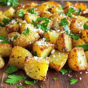 - 2 pounds baby Yukon gold potatoes - 4 tablespoons extra-virgin olive oil - 4 cloves garlic, finely minced To start, gather your primary ingredients. Baby Yukon gold potatoes taste great and roast well. The olive oil keeps everything moist and smooth. Garlic adds a bold flavor that makes these potatoes shine. - 1/2 cup freshly grated Parmesan cheese - 1 teaspoon dried Italian herbs - Salt and freshly ground black pepper Next, we need to season our potatoes. Freshly grated Parmesan cheese gives a rich, cheesy taste. Italian herbs, like oregano and basil, add a nice touch. Don’t forget to season with salt and black pepper for balance. - 2 tablespoons fresh parsley, finely chopped Lastly, for a pop of color and freshness, use chopped parsley. It brightens the dish and makes it more appealing. You can find the Full Recipe online to get all the details and cooking steps. - Preheat the oven to 425°F (220°C). - Prepare the baking sheet with parchment paper. First, I make sure my oven is hot. Preheating helps the potatoes cook evenly. Lining the baking sheet with parchment paper makes cleaning easier. It also helps the potatoes not stick. - Combine the potatoes with olive oil and seasonings. - Toss to coat the potatoes evenly. Next, I grab a large bowl. I add the halved baby Yukon gold potatoes. Then, I pour in the extra-virgin olive oil and minced garlic. I also add dried Italian herbs, salt, and pepper. This mix gives the potatoes their flavor. I toss everything until each piece is coated well. - Arrange the potatoes on the baking sheet. - Initial roasting and adding Parmesan cheese. - Final roasting until crispy and golden. Now, I spread the seasoned potatoes on the baking sheet. I make sure they have space between them. This helps them roast, getting crispy on the outside. I place the sheet in the oven for about 20 minutes. After that, I take it out and sprinkle Parmesan cheese on top. I put it back in the oven for another 15-20 minutes. I want the potatoes golden brown and crispy. When they are done, I take them out and sprinkle fresh parsley on top for color. You can find the full recipe in the previous section. To ensure even seasoning, always mix your ingredients well. When you combine the potatoes with olive oil and spices, make sure every piece gets coated. This step is key for flavor. Next, place the potatoes on the baking sheet with space between them. This spacing helps them roast evenly and get crispy. If they touch, they might steam instead of roast. For golden brown potatoes, roast them at a high temperature. I recommend 425°F (220°C). This heat gives the potatoes that nice crunch you want. Halfway through cooking, check them. If they look brown, they are getting close to being done. You can adjust the time based on your oven. When serving, think about the dish you use. A rustic wooden bowl adds a cozy touch. You can also use a decorative platter for a nice presentation. For garnish, sprinkle fresh parsley on top. This adds color and a fresh taste. Consider pairing these potatoes with grilled chicken or steak for a complete meal. They also go well with a fresh salad! For more detailed steps, check out the Full Recipe. {{image_4}} You can make Garlic Parmesan Roasted Potatoes even tastier. Adding fresh herbs like rosemary or thyme boosts flavor. They add a nice, earthy note. You can also infuse your potatoes with a bit of lemon zest. This gives a bright, fresh taste. Red pepper flakes can add a spicy kick. Just a pinch can make a big difference. If you want variety, try different cheeses. Cheddar or gouda can work well too. Each cheese brings a unique flavor. For a vegan option, use nutritional yeast. It has a cheesy flavor and is a great substitute for Parmesan. Cashew cheese is another tasty choice. You don’t have to stick with Yukon gold potatoes. Try red or fingerling potatoes for a new twist. They have different textures and flavors. Sweet potatoes are a fun alternative too. They add sweetness and a vibrant color to the dish. Each type of potato can change the taste and look of your meal. For the full recipe, check out the [Full Recipe]. To store leftover Garlic Parmesan Roasted Potatoes, let them cool first. Place them in an airtight container. You can keep them in the fridge for up to four days. When you want to reheat, use the oven or air fryer for best results. This keeps them crispy. Heat at 350°F (175°C) for about 10-15 minutes. Yes, you can freeze Garlic Parmesan Roasted Potatoes. To do this, let them cool completely. Spread them on a baking sheet and freeze for a few hours. Once frozen, transfer them to a freezer bag. This helps prevent them from sticking together. When you're ready to eat, thaw them overnight in the fridge. Reheat in the oven for best texture. Leftovers last about four days in the fridge. Check for signs of spoilage, like a bad smell or slimy texture. If you notice these signs, it’s best to throw them away. Enjoy your tasty Garlic Parmesan Roasted Potatoes while they're fresh! For the complete recipe, check the Full Recipe. Yes, you can make Garlic Parmesan Roasted Potatoes ahead of time. Cook the potatoes fully and let them cool. Then, place them in an airtight container. Store them in the fridge for up to three days. When you are ready to eat, reheat them in the oven. This method keeps them crispy. You can also prepare and season the potatoes a day before. Just wait to roast them until you are ready. Garlic Parmesan Roasted Potatoes pair well with many dishes. Here are some great options: - Grilled chicken - Roasted vegetables - Steak or pork chops - A fresh green salad These sides enhance the meal and add more flavor to your plate. To achieve that perfect crispy texture, follow these tips: - Use baby Yukon gold potatoes, as they roast well. - Make sure to space the potatoes on the baking sheet. This allows hot air to circulate. - Toss them in olive oil and seasonings before roasting. - Roast at a high temperature, around 425°F (220°C). - For extra crispiness, broil them for a few minutes at the end. Yes, you can use pre-cut frozen potatoes. They save time and are convenient. However, keep a few things in mind: - Thaw them first to ensure even cooking. - Adjust the cooking time since frozen potatoes may take longer. - Check for doneness by piercing them with a fork. They should be tender inside. Using frozen potatoes can still yield tasty results with this recipe. Garlic Parmesan Roasted Potatoes are simple yet delicious. You learned how to choose the right ingredients, prepare, and roast the potatoes to perfection. We discussed enhancing the flavor with various herbs and cheeses. You can store leftovers and even freeze them for later meals. Embrace this recipe and make it your own. It’s perfect for any meal. Enjoy the crispy goodness with your favorite dishes!