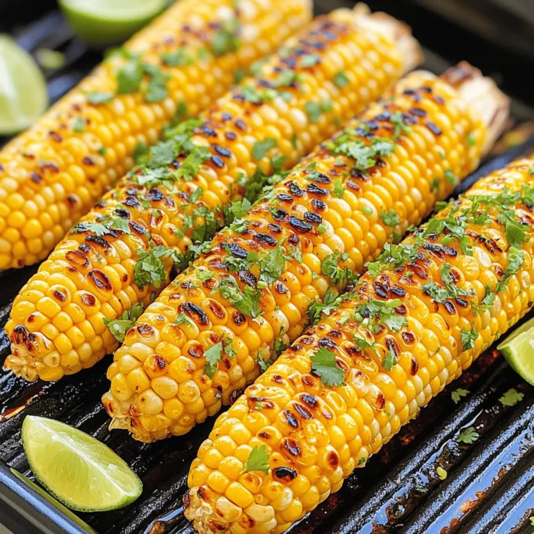 - 4 ears of fresh corn, husked - 2 tablespoons olive oil - 1 teaspoon chili powder - 1 teaspoon smoked paprika - 1/2 teaspoon garlic powder - 1 tablespoon fresh lime juice - Zest of 1 lime - Salt, to taste - Fresh cilantro, finely chopped (for garnish) - Lime wedges, for serving Choosing the right corn is key for this dish. Look for corn that is bright and green. Fresh corn has a sweet taste that shines when grilled. I prefer sweet corn for its juicy kernels. Seasonings bring out the best in the corn. Olive oil adds richness, while chili powder and smoked paprika give depth. Garlic powder adds a nice kick. Fresh lime juice and zest bring in a zesty punch that makes each bite pop. If you have dietary needs, there are easy swaps. Use avocado oil instead of olive oil for a different flavor. You can skip the garlic powder if you wish. For a vegan version, just leave out the butter or cheese. This recipe is simple and can be adjusted to fit your taste. Remember to check the Full Recipe for clear steps and tips. To prepare the corn before grilling, start by husking the ears. Remove all the green leaves and silk. Rinse the corn in cold water to clean off any dirt. Dry the corn with a towel. Next, let's make the chili lime marinade. In a small bowl, mix together the olive oil, chili powder, smoked paprika, garlic powder, lime juice, lime zest, and a pinch of salt. Whisk these ingredients until combined. This marinade will add a burst of flavor to your corn. Now, it's time to grill the corn to perfection. Brush the corn with the marinade on all sides. Make sure every part gets coated for the best flavor. Place the corn directly on the grill grates. Grill for about 10-15 minutes. Rotate the corn every few minutes. This helps cook it evenly and get those lovely char marks. For grilling, set your grill to medium-high heat, around 400°F (204°C). This temperature is perfect for cooking corn without burning it. You’ll know the corn is done when the kernels are tender and have a nice char. Look for bright yellow kernels with dark grill marks. These signs show that the corn has that great grilled flavor. To achieve the best grill marks, ensure the corn is placed directly on the hot grates. Avoid moving it too much. Let it sit for a couple of minutes before turning. This will help you get those beautiful lines that make your corn look amazing. For the full recipe, check out the details above! Grilling corn can be fun but also tricky. Here are some tips to avoid common mistakes: - Don’t skip preheating: Always preheat your grill. This step helps achieve those great grill marks and caramelizes the corn's natural sugars. - Watch your temperature: Keep your grill at medium-high heat, around 400°F (204°C). Too hot can burn the corn, while too cold won’t cook it properly. - Rotate often: Turn the corn every few minutes. This ensures even cooking and great charring all around. Adjusting flavors can make a big difference. Here’s how to enhance your chili lime grilled corn: - Tweak the seasonings: If you like it spicier, add more chili powder. For a milder taste, reduce it. Always taste your marinade before applying it to the corn. - Marinating tips: Let the corn soak in the marinade for at least 15 minutes. This extra time allows the flavors to seep in well. - Add toppings: Consider crumbled cheese or a sprinkle of chili flakes. Fresh lime juice squeezed on top can also boost the flavor. Remember, these tips can help you create the best chili lime grilled corn on the cob. For the full recipe, check out the detailed instructions earlier in the article. {{image_4}} Want to spice up your Chili Lime Grilled Corn? You can easily adjust the heat. Add more chili powder or toss in some cayenne pepper. This will give your corn a fiery kick. For those who love creamy textures, sprinkle some cotija cheese on top. This cheese melts slightly and adds a rich flavor. You can also try fresh herbs. Cilantro is great, but consider basil or parsley for a twist. Each herb brings its own taste, making your corn unique. Grilling is popular, but you can also oven-roast the corn. Preheat your oven to 400°F (204°C). Wrap the corn in foil with the marinade and roast for 25 minutes. This method gives a different texture but still keeps the flavor strong. If you own an Instant Pot, you can cook it there too. Place the corn with a cup of water and cook on high for 3-4 minutes. You can finish by broiling for a few minutes to get that charred look. Stovetop grill pans are another option. They heat quickly and can give those beautiful grill marks. Just be sure to brush the corn with the marinade before cooking. Each method has its charm, so feel free to experiment. For the full recipe, check out the details above. After enjoying your chili lime grilled corn, store any leftovers in the fridge. Wrap each ear of corn in plastic wrap or place it in an airtight container. This helps keep the corn fresh and tasty. Leftover grilled corn stays good for about three to five days in the fridge. To reheat the corn, you can use the grill or the oven. If you use the grill, heat it to medium and grill for about five minutes, turning occasionally. If you prefer the oven, preheat it to 350°F (175°C) and bake the corn for about ten minutes. Both methods will help restore that delicious grilled flavor. If you want to save grilled corn for later, freezing is a great option. First, let the corn cool completely. Then, wrap each ear tightly in foil or plastic wrap. Place the wrapped corn in a freezer-safe bag or container. This will help keep out air and prevent freezer burn. To defrost, take the corn out of the freezer and place it in the fridge overnight. If you need it fast, you can use the microwave. Just remove the wrap and heat in short bursts until thawed. After defrosting, you can quickly reheat it on the grill or in the oven to bring back its juicy taste. Enjoy your corn just like the first time! For the full recipe, check out the detailed instructions above. How long can I store grilled corn in the fridge? You can keep grilled corn in the fridge for about 3 to 5 days. Store it in an airtight container. The corn will stay fresh and tasty for your next meal. Can I make Chili Lime Grilled Corn ahead of time? Yes, you can prepare the corn ahead of time. Grill it, let it cool, then refrigerate. Just reheat it before serving for the best taste. What's the best way to serve Chili Lime Grilled Corn? Serve it hot right off the grill. Add fresh lime wedges on the side for a zesty kick. Chopped cilantro makes a great garnish, too! Is it possible to use frozen corn for this recipe? While fresh corn is best, you can use frozen corn. Just thaw and grill it until heated through. The flavor will be different, but it can work in a pinch. What can I pair with Chili Lime Grilled Corn? Chili lime grilled corn pairs well with grilled meats, salads, or tacos. It adds a fun twist to any summer meal. How do I make this recipe vegan? To make this recipe vegan, simply use vegetable oil instead of olive oil. All other ingredients are already vegan-friendly! Can I use corn on the cob that’s already cooked? Yes, you can use pre-cooked corn. Just brush it with the marinade and grill for a few minutes to warm it up and add flavor. For the full recipe, visit the section above! Grilling corn can be easy and fun with the right steps. We covered how to select the best corn, make a tasty chili lime marinade, and grill it perfectly. I shared tips to avoid common mistakes and ways to add flavor. Try different seasonings or cooking methods for variety. Store leftovers properly to keep them fresh. With this knowledge, you can enjoy delicious grilled corn anytime. Happy grilling!