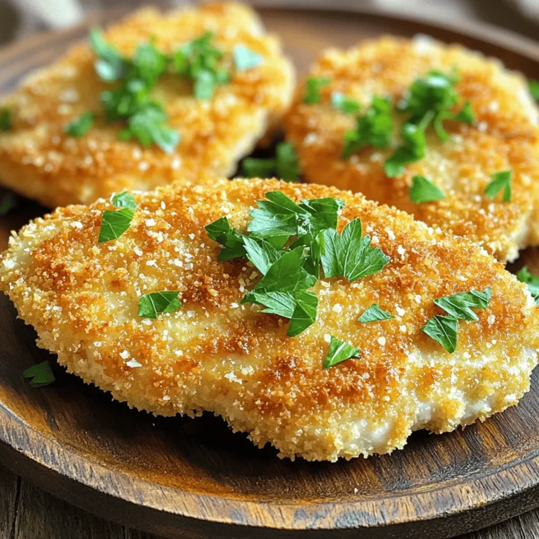To create the perfect Parmesan crusted chicken cutlets, you need a simple list of fresh ingredients. Here’s what you will gather: - 4 boneless, skinless chicken breasts - 1 cup grated Parmesan cheese - 1 cup panko breadcrumbs - 2 large eggs - 1 teaspoon garlic powder - 1 teaspoon onion powder - 1 teaspoon dried Italian herbs - Salt and freshly ground black pepper - 1/2 cup all-purpose flour - Olive oil (for frying) - Fresh parsley (for garnish) These ingredients blend together to form a tasty crust that will make your chicken cutlets shine. The combination of Parmesan cheese and panko breadcrumbs gives them that delightful crunch. Using fresh herbs adds great flavor. Always season your chicken well with salt and pepper to bring out its natural taste. Gather these items before you start, and you will be ready to cook! For the complete cooking guide, refer to the Full Recipe. First, I like to pound the chicken to an even thickness. This step helps the chicken cook perfectly. I place the chicken breasts between plastic wrap. Then, using a meat mallet, I gently pound them to about 1/2 inch thick. After that, I season both sides with salt and pepper. This brings out their natural flavor. Next, I prepare my dredging station. I take three shallow dishes and fill them as follows: - In the first dish, I add 1/2 cup of all-purpose flour. - In the second dish, I whisk together 2 large eggs, 1 teaspoon of garlic powder, 1 teaspoon of onion powder, and a pinch of salt and pepper. - In the third dish, I mix 1 cup of grated Parmesan cheese, 1 cup of panko breadcrumbs, and 1 teaspoon of dried Italian herbs. This mixture gives the cutlets a great crunch. Now it’s time to coat the chicken. I take one breast and dip it into the flour first. I make sure to shake off any excess. Next, I dip it into the egg mixture, coating it fully. Finally, I press it into the Parmesan breadcrumb mixture, ensuring an even coat. I repeat this for all the chicken breasts. I heat a large skillet over medium-high heat and add enough olive oil to cover the bottom. I let the oil heat until it shimmers. Then, I carefully add the breaded chicken cutlets, cooking them in batches. Each cutlet cooks for about 4-5 minutes on each side. They should turn golden brown and reach an internal temperature of 165°F. Once cooked, I transfer the chicken cutlets to a plate lined with paper towels. This helps absorb any extra oil. I let them rest for a few minutes, allowing the juices to redistribute. To serve, I arrange the crispy cutlets on a platter or individual plates. I garnish them with freshly chopped parsley for a pop of color. For the full recipe, check out the earlier instructions. To make your chicken cutlets crispy, choose the right oil. I recommend using olive oil for frying. It adds flavor and holds up well to heat. You can also use canola oil or vegetable oil. These oils can reach high temperatures without burning. Panko breadcrumbs are key to crispiness. They create a light and airy coating. Unlike regular breadcrumbs, panko has a larger flake size. This means more surface area for crunch. When you press the chicken into them, they stick well, giving you that perfect crunch you crave. To boost flavor, consider adding spices and herbs. Try paprika for a smoky taste or cayenne for heat. You can also mix in dried parsley or thyme for a fresh hint. These extras can elevate your dish. Before breading, marinate the chicken for extra flavor. A simple mix of olive oil, lemon juice, and garlic works wonders. Let the chicken soak for 30 minutes. This step makes the meat juicy and adds depth to each bite. If you want a healthier option, try baking or air frying. Preheat your oven to 400°F. Place the breaded cutlets on a baking sheet lined with parchment paper. Bake for about 20 minutes, flipping halfway through. For air frying, set your air fryer to 375°F. Cook the cutlets for about 12-15 minutes. This method ensures even cooking while keeping the cutlets crispy. Regardless of the method, ensure even cooking. Using a meat thermometer can help. Check that the internal temperature reaches 165°F. This guarantees your chicken is safe to eat and perfectly cooked. {{image_4}} You can easily change the cheese to fit your taste. Try using mozzarella for a milder flavor. Cheddar adds a sharp twist, which many people love. You can also add spices to ramp up the heat. A pinch of cayenne or red pepper flakes will do the trick. It’s fun to experiment with flavors to find your perfect mix. Pairing is key for a great meal. Serve your chicken cutlets with fresh vegetables. Roasted asparagus or a simple salad works well. You can also add sauces for extra flavor. Marinara sauce is a classic choice, great for dipping. Garlic aioli adds a creamy touch, balancing the crunch of the chicken. For a quick lunch, slice up the chicken cutlets. They work great in wraps with fresh veggies. You can also make a salad with the cutlet pieces on top. When meal prepping, cook a batch at once. Store them in the fridge for easy meals all week. Just reheat when you're ready to eat. To store your Parmesan crusted chicken cutlets, first let them cool. Place them in an airtight container. This keeps them fresh and prevents drying out. You can keep cutlets in the fridge for up to three days. For best taste, eat them within two days. If you want to save cutlets for later, freezing works great. Wrap each cutlet tightly in plastic wrap. Then, place them in a freezer-safe bag or container. You can freeze them for up to three months. When you’re ready to eat, thaw the cutlets in the fridge overnight. For the best flavor, reheat cutlets in the oven or on the stovetop. If using the oven, preheat it to 375°F. Place the cutlets on a baking sheet and bake for about 10-15 minutes. For stovetop, heat a little olive oil in a pan. Cook each side for about 3-4 minutes. This helps keep them crispy. Always check that they reach an internal temperature of 165°F. To make Parmesan crusted chicken cutlets crispy, use panko breadcrumbs. They add great texture. Ensure the oil is hot before adding the chicken. Fry in small batches so they stay crispy. Let them rest on paper towels after frying to absorb excess oil. This keeps them crunchy. Yes, you can bake these cutlets! Preheat your oven to 400°F. Place the breaded chicken on a baking sheet lined with parchment paper. Lightly spray the cutlets with cooking spray. Bake for about 20-25 minutes or until golden brown. This method is healthier and still tasty. Parmesan crusted chicken cutlets pair well with many sides. Try serving them with a fresh salad, roasted vegetables, or pasta. You can also serve them with a dipping sauce like marinara or garlic aioli. The options are endless! To check if your chicken cutlets are done, use a meat thermometer. The internal temperature should reach 165°F. If you don’t have a thermometer, cut into the thickest part. The meat should be white, not pink. You can make this recipe gluten-free by using gluten-free breadcrumbs and flour. Many brands offer great substitutes. Make sure to read labels to avoid hidden gluten. This way, everyone can enjoy the dish! Store leftover cutlets in an airtight container in the fridge. They should stay fresh for up to 3 days. To reheat, use the oven or stovetop for the best results. Avoid the microwave, as it can make them soggy. For longer storage, freeze them in a freezer-safe bag. We covered how to make delicious Parmesan crusted chicken cutlets. You learned about ingredients, cooking steps, and tips for success. Don't forget the variations and serving ideas to make each dish unique. Remember, the right frying technique and using panko are key to achieving that perfectly crispy texture. Whether you enjoy them right away or save some for later, this recipe is versatile and rewarding. Embrace your inner chef and make this dish your own!