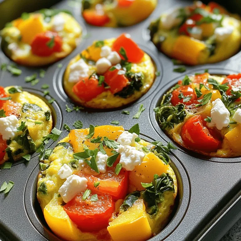 - 6 large eggs - 1 cup fresh spinach, roughly chopped - 1/2 bell pepper, diced - 1/2 cup cherry tomatoes, halved - 1/4 cup red onion, finely minced - 1/2 cup feta cheese, crumbled - Seasonings and oil These ingredients make a tasty breakfast that is also healthy. The eggs provide protein, while the veggies add color and nutrients. You can use any bell pepper you like for a fun twist. You can swap out the spinach for other greens like kale or Swiss chard. Zucchini and mushrooms also work well in this recipe. If feta isn’t your favorite, try cheddar or goat cheese for a different taste. Each muffin has about 100 calories. They offer around 8 grams of protein, 7 grams of fat, and 2 grams of carbs. This makes them a great option for a filling breakfast. If you want the full recipe, check out [Full Recipe]. 1. Preheat your oven to 350°F (175°C). This ensures even cooking. 2. Grease your muffin tin using cooking spray or olive oil. This helps the muffins release easily. 1. In a large bowl, crack the 6 eggs. Whisk them vigorously until mixed well. 2. Fold in the chopped spinach, diced bell pepper, halved cherry tomatoes, and minced red onion. Make sure the veggies spread evenly. 3. Add the crumbled feta cheese for extra flavor. Mix in garlic powder, dried oregano, salt, and black pepper. Stir until everything is well combined. 1. Carefully pour the egg-veggie mix into the muffin tin. Fill each cup about three-quarters full. 2. Place the muffin tin in the oven and bake for 18-20 minutes. Check for doneness by pressing lightly on the tops. They should feel firm and slightly golden. 3. After baking, let the muffins cool in the tin for about 5 minutes. Use a butter knife to run around the edges. This helps them come out easily. Then, transfer them to a wire rack to cool completely. For the full recipe, check the earlier sections. Enjoy these tasty muffins as a quick breakfast! To get the perfect texture in your veggie muffins, cook them until they are just firm. If you bake them too long, they can become dry. Use a toothpick to check doneness. Stick it in the center, and if it comes out clean, they are ready. Do not overfill the muffin cups. Fill them about three-quarters full. This gives the muffins room to rise without spilling over. If you overfill, you will have a messy oven and uneven muffins. To keep your muffins fresh, store them in an airtight container in the fridge. They can last up to a week this way. If you want to keep them longer, consider freezing them. Wrap each muffin in plastic wrap and place them in a freezer bag. They will last for about three months in the freezer. When you want to enjoy a muffin, take it out and reheat it. You can warm it in the microwave for about 30 seconds or until hot. If you prefer a crispy edge, heat it in an oven at 350°F for 10 minutes. These muffins pair well with many toppings. Try them with fresh salsa for a zesty kick. Avocado adds creaminess and healthy fats. For a fun twist, serve them with a dollop of Greek yogurt. For a great presentation, arrange the muffins on a colorful platter. Garnish with freshly chopped herbs like parsley or basil. This adds a nice pop of color and makes the dish more inviting. Enjoy your veggie-packed egg muffins! {{image_4}} You can easily modify these muffins for different diets. For gluten-free options, just use gluten-free flour or a gluten-free muffin mix. This makes them safe for those with gluten sensitivities. If you're looking for a vegan alternative, replace eggs with chickpea flour or a plant-based egg substitute. This keeps the muffins tasty and healthy while meeting vegan needs. Want to add more flavor? Consider spices like cumin or smoked paprika. Fresh herbs like basil or parsley also work well. They can really wake up the taste of the muffins. For creative mix-ins, think about adding cooked bacon or sausage for extra protein. You can also try different cheeses, like cheddar or goat cheese, to change the taste. You can make mini muffins or standard size muffins. Mini muffins are great for snacks or kids. They bake faster, so check them at about 12-15 minutes. For standard muffins, stick to the 18-20 minute baking time. Just keep an eye on them, so they don't overcook. Adjusting the size helps you serve the muffins just how you like them. For the full recipe, you can refer back to the main section. Veggie packed egg muffins are small, baked dishes made with eggs and vegetables. They are light, nutritious, and perfect for breakfast. These muffins are easy to make and customizable. You can add your favorite veggies and cheeses. They provide protein from eggs and fiber from vegetables. This makes them a healthy choice for busy mornings. Veggie muffins last about 4 to 5 days in the fridge. Store them in an airtight container to keep them fresh. Signs of spoilage include a sour smell or mold. If you see either, throw them away. Always check before eating leftovers to ensure safety. Yes, you can freeze veggie packed egg muffins. Allow them to cool completely first. Place them in a freezer-safe bag or container. They can last up to 3 months in the freezer. To thaw, simply place them in the fridge overnight. You can also heat them in the microwave for a quick meal. Veggie packed egg muffins are easy to make and healthy. First, you prep your ingredients. The recipe takes about 10 minutes to prep and 18-20 minutes to cook. You can make 12 muffins in total. 1. Prep the oven: Preheat it to 350°F (175°C). 2. Grease the muffin tin: Use cooking spray or olive oil. 3. Whisk the eggs: Crack 6 large eggs into a bowl. Mix them well. 4. Add veggies: Mix in 1 cup of spinach, 1/2 diced bell pepper, 1/2 cup cherry tomatoes, and 1/4 cup red onion. 5. Season and add cheese: Add 1/2 cup of feta cheese, 1 tsp garlic powder, 1 tsp oregano, and salt and pepper. 6. Fill the muffin tin: Pour the mix into the cups, filling them about three-quarters full. 7. Bake: Put the tin in the oven for 18-20 minutes. Check if they are firm and golden. 8. Cool and serve: Let them cool for 5 minutes before removing them from the tin. These muffins are perfect for a quick breakfast or snack. Enjoy them warm or store them for later. This blog post covered how to make veggie-packed egg muffins. We discussed ingredients, nutritional info, and step-by-step instructions. You learned about tips for perfect muffins and various fun variations. With clear directions, you can create tasty muffins that fit your diet. I hope you feel inspired to try making these muffins. They are good for breakfast, snacks, or meal prep. Enjoy experimenting with flavors and share your results!