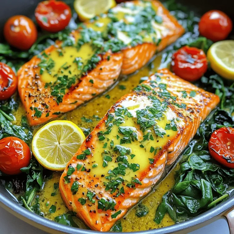 - 4 salmon fillets (approximately 6 ounces each) - 4 tablespoons unsalted butter - 4 cloves of garlic, finely minced - 1 teaspoon dried thyme - 1 teaspoon smoked paprika - 1 lemon, thinly sliced - 2 cups cherry tomatoes, halved - 1 cup fresh spinach leaves - Fresh parsley, chopped, for garnish - Salt - Black pepper When making One-Pan Garlic Butter Salmon, I focus on fresh and simple ingredients. First, the salmon fillets are the star. Aim for skin-on fillets for a crisp texture. Next, unsalted butter brings richness to the dish. Fresh garlic adds a bold flavor. I also use dried thyme and smoked paprika to give depth. For the additional ingredients, I love adding lemon slices. They brighten up the whole meal. Cherry tomatoes create a juicy contrast, while spinach adds a nice pop of color and nutrients. Finally, fresh parsley is a must. It enhances the dish with freshness and a touch of green. Don't forget the seasonings! Salt and freshly cracked black pepper are essential. They help to bring out the flavors of all the other ingredients. This combination makes for a quick, tasty meal that everyone will enjoy. - Preheat your oven to 375°F (190°C). This helps cook the salmon evenly. - Grab a large oven-safe skillet. Melt 2 tablespoons of unsalted butter over medium heat. - Season both sides of the salmon fillets with salt, black pepper, dried thyme, and smoked paprika. This adds rich flavor. - Push the sautéed garlic aside in the skillet. Carefully place the salmon fillets skin-side down. Sear them for 3-4 minutes without moving. - After 4 minutes, gently flip the salmon using a spatula. Add the rest of the melted butter and arrange lemon slices around the salmon. - Distribute the halved cherry tomatoes in the skillet. Sprinkle with a little salt and pepper. - Transfer the skillet to your preheated oven. Roast for 10-12 minutes until the salmon flakes easily. - In the last 2 minutes, stir in the fresh spinach. This will wilt it just right. - Once done, take the skillet out of the oven. Garnish with chopped fresh parsley for a nice touch. - Perfecting the sear: Start with a hot skillet. This step helps the salmon get a nice crust. Cook the salmon skin-side down for 3-4 minutes without moving it. This will give you a perfect sear and keep the salmon moist. - Checking doneness: Salmon is done when it flakes easily with a fork. It should also feel firm to the touch. If you're unsure, use a meat thermometer. The internal temperature should reach 145°F (63°C) for safe eating. - Adding more herbs and spices: You can play with flavors. Try adding dill or basil for a fresh taste. A pinch of red pepper flakes can also add heat. - Optional sides to serve: Serve with rice or a light salad. Quinoa or roasted veggies pair well too. Adding a side of crusty bread can help soak up the tasty pan juices. - How to arrange your dish: Place the salmon fillets on a large platter. Arrange the cherry tomatoes and wilted spinach around them. This makes the dish colorful and inviting. - Drizzling with pan juices: Pour the buttery pan juices over the salmon. This adds flavor and makes the dish look gourmet. Don’t forget to add lemon wedges on the side for a fresh burst of flavor. {{image_4}} You can switch up the fish in this dish. Try using trout, cod, or halibut. Each fish has its own flavor and texture. They all cook well in garlic butter. If you want more variety, feel free to swap the veggies too. Zucchini, asparagus, or bell peppers work great. They add color and taste to your meal. You can easily adapt this recipe for the stovetop. Just sear the salmon in a skillet and cover it with a lid. This keeps the moisture in. If you love grilling, go for it! Grill the salmon over medium heat. Add the garlic and lemon slices on top. It gives the fish a nice smoky flavor. For a gluten-free version, check your butter and seasoning labels. Most options are already gluten-free. To make it dairy-free, swap the butter for olive oil or coconut oil. Both oils will give your dish great taste without dairy. Enjoy your meal without any worries! To keep your One-Pan Garlic Butter Salmon fresh, store it in the fridge. Place the salmon in an airtight container. It should stay fresh for up to three days. You can also freeze the salmon for longer storage. Wrap it tightly in plastic wrap and then in foil. This helps prevent freezer burn. Frozen salmon can last for up to three months. When reheating, I recommend using the oven. Preheat it to 350°F (175°C). Place the salmon on a baking tray. Cover it with foil to keep it moist. Heat for about 10 minutes. You can also use a microwave, but it may dry out the fish. If using a microwave, cover the dish and heat in short bursts. This keeps the flavor intact and avoids overcooking. Fresh salmon lasts about two days in the fridge after cooking. If you see any signs of spoilage, like a strong odor or discoloration, it's best to toss it. When frozen, the salmon maintains its best quality for about three months. After that, it is still safe to eat but may lose some flavor and texture. It takes about 10 to 12 minutes to cook salmon in the oven. You should cook it until it flakes easily with a fork. For a perfect result, preheat your oven to 375°F (190°C). Yes, you can use frozen salmon. Just make sure to thaw it first. Thaw it overnight in the fridge or place it in cold water for quicker results. This helps the fish cook evenly. This dish pairs well with many sides. You can serve it with rice or quinoa. Roasted veggies also make a great match. A fresh salad can add crunch and color. Yes, One-Pan Garlic Butter Salmon is gluten-free. All the ingredients used are naturally free of gluten. This makes it a safe choice for those with gluten sensitivities. You can prepare some parts ahead of time. Season the salmon and chop the veggies earlier in the day. However, I recommend cooking it fresh for the best taste and texture. This blog post outlined how to create a delicious One-Pan Garlic Butter Salmon. We discussed essential ingredients like salmon, garlic, and lemon, and shared step-by-step cooking instructions. Cooking tips, variations, and storage information help you to make the dish your own. In conclusion, this recipe is simple, tasty, and adaptable. Try your unique flavor twists and enjoy the benefits of homemade cooking. You’ll impress anyone with this dish!