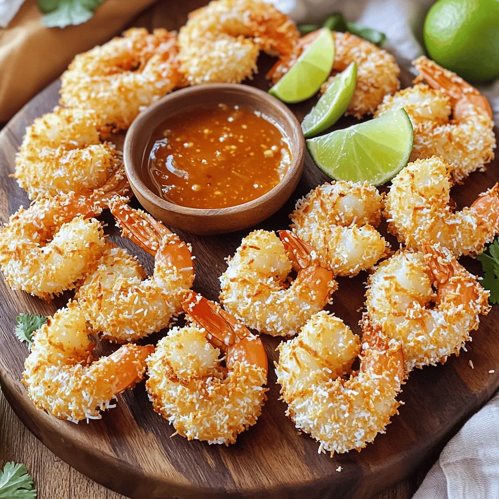 - 1 pound large shrimp, peeled and deveined - 1 cup shredded coconut - 1/2 cup panko breadcrumbs - 1/2 cup all-purpose flour - 2 large eggs - 1 teaspoon garlic powder - 1 teaspoon paprika - Salt and freshly ground pepper - 1 tablespoon fresh lime juice - Cooking spray Gathering the right ingredients is key to making tasty air fryer coconut shrimp. Start with fresh, large shrimp. I prefer using peeled and deveined shrimp for ease. You can choose either sweetened or unsweetened shredded coconut based on your taste. Next, panko breadcrumbs give the shrimp a crunchy texture. All-purpose flour helps the coating stick. You will need two large eggs for binding. Garlic powder and paprika add great flavor. Don’t forget salt and pepper for seasoning. Finally, fresh lime juice brightens the dish, and cooking spray helps achieve that perfect crispiness. Preparing these ingredients makes it easier to follow the steps ahead. Make sure everything is ready before you start cooking. Having everything on hand makes the process quick and fun! First, you want to mix the crispy coating. In a shallow dish, combine 1/2 cup of panko breadcrumbs and 1 cup of shredded coconut. Add 1 teaspoon of garlic powder, 1 teaspoon of paprika, and a pinch of salt and pepper. Stir it well and set it aside. Now, we need to prepare the flour and egg mixtures. Take another shallow dish and pour in 1/2 cup of all-purpose flour. In a third dish, crack 2 large eggs and whisk them until smooth. Stir in 1 tablespoon of fresh lime juice for a nice tang. Next, let’s get the shrimp ready. Use paper towels to dry 1 pound of large, peeled, and deveined shrimp. This step is very important. Dry shrimp help the coating stick better. Now comes the dredging process. Take each shrimp and dip it in the flour first. Shake off any extra flour. Then, dip the floured shrimp into the egg mixture. Make sure each piece is fully coated. Finally, roll the shrimp in the coconut and panko mixture. Press gently to help the coating stick. Before we cook, preheat your air fryer. Set it to 400°F (200°C) for about 5 minutes. While it heats, lightly spray the air fryer basket with cooking spray to stop sticking. Place the shrimp in a single layer in the basket. Make sure they have space between them. You might need to work in batches. Give the tops of the shrimp a light mist of cooking spray for extra crispiness. Now, air fry the shrimp for 6-8 minutes. Flip them halfway through cooking. Look for a beautiful golden brown color and a crispy texture. Once they are done, carefully remove the shrimp from the air fryer. Serve them right away with your favorite dipping sauce. Enjoy your tasty coconut shrimp! To make your coconut shrimp crispy, start by drying the shrimp well. Use paper towels to pat them dry. This step helps the coating stick and keeps the shrimp from getting soggy. Next, misting is key. After placing the shrimp in the air fryer, give them a light spray of cooking oil. This extra mist helps them crisp up nicely. Make sure not to overdo it; just a light coat will do the trick. Dipping sauces can elevate your coconut shrimp. Sweet chili sauce is a favorite for its balance of sweet and spicy. Zesty lime aioli is another great choice. It adds a creamy contrast that pairs well with the crispy shrimp. For food pairings, consider serving these shrimp with a fresh green salad. A tangy slaw also works well. You could even enjoy them with rice or quinoa for a complete meal. {{image_4}} Sweetened coconut adds a hint of sugar. It gives a sweeter taste. Use it when you want a dessert-like twist. Unsweetened coconut has a more natural coconut flavor. It pairs well with savory spices. Both types work in this recipe. Choose based on your taste and what you have on hand. You can make your coconut shrimp unique. Try adding cayenne for heat. A pinch adds a spicy kick. Lime zest gives a fresh, zesty taste. Mix these flavors into the breadcrumb mixture. Just a little can change the whole dish. Don't be afraid to get creative. Want a different protein? Try using chicken or vegetables. Chicken gives a hearty option. It works well with the same breading. For a lighter choice, use veggies like zucchini or bell peppers. Slice them thin, coat, and air fry. These alternatives keep the fun, yet offer new tastes. To keep your leftover coconut shrimp fresh, start by placing them in an airtight container. Make sure they cool down first. Refrigerate the shrimp for up to three days. If you want to store them longer, freezing is a great option. For freezing, lay the shrimp in a single layer on a baking sheet. Freeze them for about an hour until firm. Then, transfer the shrimp to a freezer-safe bag. They can last up to three months in the freezer. Just remember to label the bag with the date! When you are ready to enjoy your shrimp again, reheating properly is key. To keep them crispy, avoid the microwave. Instead, preheat your air fryer to 350°F (175°C). Place the shrimp in the basket in a single layer. Heat them for about 5 minutes, flipping halfway through. If you don’t have an air fryer, you can also use an oven. Set the oven to 375°F (190°C) and bake for about 10 minutes. This way, your coconut shrimp stays crispy and delicious! You should air fry coconut shrimp for about 6-8 minutes at 400°F (200°C). The size of the shrimp matters. For large shrimp, this time is perfect. If you use smaller shrimp, check them around 5-6 minutes. Flip them halfway through. This way, both sides get crispy and golden. Yes, you can make coconut shrimp ahead of time. Prepare the shrimp and coat them with the breading. Place them in a single layer on a baking sheet. Cover with plastic wrap and store in the fridge. They can stay fresh for up to 24 hours. When you’re ready, just air fry them straight from the fridge. This makes meal prep easy! Yes, air frying is often healthier than traditional frying. It uses less oil, which cuts down on fat and calories. Plus, air fryers let the fat drip away from the food. This means you enjoy crispy coconut shrimp with fewer calories. You still get that golden crunch without the guilt! We explored how to make crispy coconut shrimp using simple ingredients and easy steps. First, we mixed the coatings and prepared the shrimp. Then, we air-fried them for a golden crisp. I shared tips for perfect results and ideas for serving. Remember, you can also play with flavors and store leftovers well. With these methods, you’ll enjoy tasty coconut shrimp at home, ready to impress any crowd. Grab your ingredients and get cooking! You won’t be disappointed.