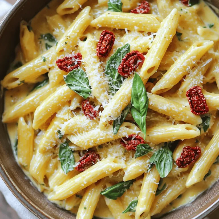 - 340 grams pasta (penne or fusilli) - 240 ml sun-dried tomatoes (packed in oil) - 4 cloves garlic - 950 ml vegetable broth - 240 ml heavy cream (or dairy-free alternative) - 1 teaspoon red pepper flakes (optional) - 1 cup fresh basil - 1 teaspoon salt - 1 teaspoon black pepper - 50 grams grated Parmesan cheese (or nutritional yeast) - 2 tablespoons olive oil Gather fresh and quality ingredients to make this dish shine. Pasta, sun-dried tomatoes, and garlic create a great base. The vegetable broth adds depth, while heavy cream brings creaminess. You can adjust spice levels with red pepper flakes. Fresh basil adds a burst of flavor and aroma. Salt and black pepper enhance the taste. Finally, Parmesan cheese or nutritional yeast gives a savory finish. Make sure to have everything ready before you start cooking. This dish is all about bringing these ingredients together for a delightful meal. Enjoy the process and savor the flavors! Start by heating 2 tablespoons of olive oil in a large pot over medium heat. Once the oil warms up, add 4 cloves of finely minced garlic. Sauté the garlic for about 1 minute. You want it fragrant but not burnt. Next, toss in 240 ml of chopped sun-dried tomatoes. Stir them for another minute to mix the flavors well. Carefully pour in 950 ml of vegetable broth. Increase the heat to bring the broth to a boil. Season this mixture with 1 teaspoon of salt, 1 teaspoon of black pepper, and 1 teaspoon of red pepper flakes if you want some spice. Once it's boiling, add 340 grams of your chosen pasta, like penne or fusilli. Stir the pasta well to coat it in the broth. Reduce the heat to medium-low, cover the pot, and let it cook for about 10-12 minutes. Stir occasionally until the pasta is just tender and most of the liquid is absorbed. When the pasta is done, lower the heat. Gently mix in 240 ml of heavy cream and 50 grams of grated Parmesan cheese. Stir until everything is creamy and well combined. Now, add 1 cup of roughly chopped fresh basil, folding it into the pasta. Let it cook for another minute so the basil wilts beautifully. Taste your dish and adjust the seasoning if needed. For this dish, I recommend using penne or fusilli. These shapes hold sauce well. They cook evenly and give a nice bite. For penne, cook it for about 10-12 minutes. Fusilli will take a similar time, so keep an eye on it. Check the package for specific cooking times if you use a different type. Want to add more flavor? Consider mixing in some spinach or cherry tomatoes. Fresh spinach wilts nicely and adds color. You can also try adding a pinch of oregano or thyme for depth. If you crave creaminess, increase the heavy cream or add a splash of lemon juice for tang. This will brighten the dish and balance the flavors. Serve your pasta in deep bowls for a cozy look. Top it with extra fresh basil leaves for color. A light sprinkle of Parmesan cheese adds texture and richness. Drizzle a bit of olive oil on top for shine. This will make the dish look even more tempting! {{image_4}} To make this dish vegan, swap the heavy cream with coconut cream or cashew cream. Both options add a nice richness without dairy. You can also replace Parmesan cheese with nutritional yeast. It gives a cheesy flavor without using animal products. For added protein, try stirring in some cooked lentils or chickpeas. They blend well with the pasta and add texture. If you need a gluten-free option, use gluten-free pasta like brown rice or quinoa pasta. These alternatives cook differently, so check the package for cooking times. You might need to reduce the cooking time by a couple of minutes. Always taste a bit to ensure it’s al dente. You can enhance this pasta by adding proteins like chicken, shrimp, or beans. If using chicken, cook it first in the pot before adding garlic. For shrimp, add them after you pour in the vegetable broth. They cook quickly and add great flavor. If you use canned beans, rinse them and add them near the end of cooking. This ensures they heat without becoming mushy. To keep your One-Pot Sun-Dried Tomato Basil Pasta fresh, use airtight containers. Glass or plastic containers work well. Make sure to let the pasta cool before sealing. This helps avoid moisture build-up. When reheating, use a pot over low heat. Add a splash of broth or water. This keeps the pasta moist and tasty. Stir often to heat evenly. If using a microwave, cover the bowl loosely. Heat in short bursts, checking often. You can freeze this pasta dish easily. First, let it cool completely. Then, place it in a freezer-safe bag or container. Remove as much air as possible to avoid freezer burn. When ready to eat, thaw it in the fridge overnight. Reheat it gently on the stove, adding some broth to keep it creamy. Yes, you can use dried sun-dried tomatoes. However, you should soak them first. Place them in warm water for about 20 minutes. This will help soften them. After soaking, chop them and add to the pot as you would with oil-packed tomatoes. They will add a nice flavor, but remember, oil-packed tomatoes have a richer taste. To serve more people, simply multiply the ingredients. For example, if you want to serve eight, double all the amounts. You may need a larger pot to hold everything. Keep an eye on the cooking time, as more pasta may require a bit longer to cook evenly. Stir often to prevent sticking. Yes, you can prepare this dish ahead of time. Cook the pasta and let it cool completely. Store it in an airtight container in the fridge. When you're ready to eat, reheat it on the stove. Add a splash of broth or cream to help it warm up without drying out. Enjoy your meal with minimal effort! This blog post outlined a simple, tasty recipe for One-Pot Sun-Dried Tomato Basil Pasta. You learned about the key ingredients and step-by-step instructions to make it. I shared tips on choosing pasta, enhancing flavors, and presentation ideas. You also discovered variations like vegan and gluten-free options. Lastly, I covered how to store leftovers and answered common questions. This dish is easy to customize and perfect for any meal. Enjoy cooking and sharing this delicious pasta with friends and family!