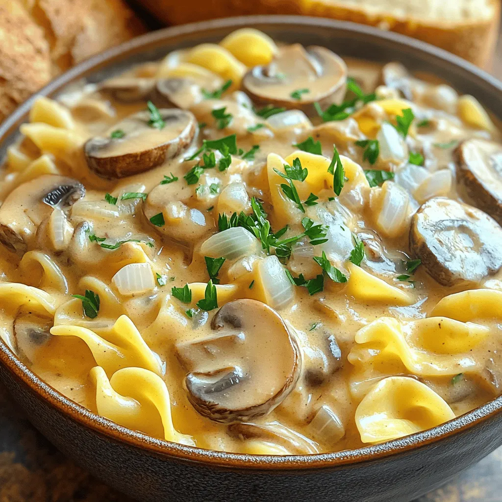 - 1 pound (450g) of sliced mushrooms (cremini or button) - 1 medium onion, finely chopped - 3 garlic cloves, minced - 2 cups of vegetable broth - 1 tablespoon of soy sauce - 1 tablespoon of vegetarian-friendly Worcestershire sauce In this recipe, sliced mushrooms are the star. Cremini or button mushrooms give a rich flavor. I like using fresh, firm mushrooms for best results. Next, chopped onion and minced garlic add depth. They bring a lovely aroma to the dish. Vegetable broth serves as the base, adding moisture and flavor. Soy sauce and Worcestershire sauce enhance the taste, making it savory and satisfying. - 1 teaspoon of dried thyme - 1 teaspoon of smoked paprika - 1/2 teaspoon of freshly ground black pepper - 1 cup of sour cream - 3 tablespoons of cornstarch mixed with 3 tablespoons of cold water Seasoning is key! Dried thyme adds earthiness, while smoked paprika gives warmth. Black pepper adds a hint of spice. Sour cream makes the dish creamy and rich. To thicken the sauce, we use a cornstarch mixture. This helps create that perfect creamy texture we all love. - 8 oz (225g) of egg noodles or gluten-free pasta of choice For the pasta, I recommend egg noodles for their soft texture. They soak up the sauce well. If you're gluten-free, any gluten-free pasta will work. Just cook it according to the package instructions. It will blend beautifully with the creamy mushroom sauce. Start by adding the sliced mushrooms, chopped onion, and minced garlic to your slow cooker. These ingredients create a rich base. Then pour in the vegetable broth, which adds moisture and flavor. Next, add the soy sauce and Worcestershire sauce for umami depth. Don’t forget the dried thyme, smoked paprika, and black pepper. Stir everything until it mixes well. Set your slow cooker to low for about 4 hours or high for 2 hours. The low setting helps the mushrooms get tender and the flavors to blend. Check your stroganoff after the time is up. The mushrooms should be soft and juicy. If they aren’t, let them cook a bit longer. After cooking, stir in the sour cream until it becomes creamy. Then, add the cornstarch slurry to thicken the sauce. Mix well and cover the slow cooker again. Cook on high for another 30 minutes to achieve your desired thickness. During this time, boil your egg noodles according to the package. Drain them once they are al dente. When the sauce is ready, gently fold the noodles into the creamy mushroom mix. Adjust seasoning with salt and more pepper if needed. Let it rest for 5 minutes before serving. Enjoy your meal in deep bowls, topped with fresh parsley for a colorful touch! To get the best creamy texture in your stroganoff, choose the right sour cream. Regular sour cream works well, but a dairy-free version can also fit beautifully. This choice keeps the dish rich and smooth. A cornstarch slurry is crucial here. Mix cornstarch with a bit of cold water before adding it to your dish. This thickens the sauce without clumps. Stir it in after cooking, and let it cook on high for a bit longer. This helps the sauce become velvety and thick. Adding fresh herbs can really boost flavor. Try chopped parsley or thyme right before serving. They add a fresh taste that brightens the dish. You can also swap out some ingredients for variety. For example, using a different type of mushroom can change the flavor. Consider adding spinach or peas for extra color and nutrients. Slow cookers vary in heat, so adjust cooking times as needed. If you have a newer model, it may cook faster. Keep an eye on your dish, especially during the last hour. To check for doneness, look for tender mushrooms and a thick sauce. When everything is soft and creamy, it’s ready to enjoy. {{image_4}} You can easily make this dish fit different diets. For a vegetarian version, stick to the original recipe. To make it vegan, swap sour cream for a dairy-free alternative like cashew cream or coconut yogurt. You can also use vegetable broth as your base. If you need gluten-free options, use gluten-free pasta instead of egg noodles. Make sure to check labels on sauces too, as some contain gluten. Look for gluten-free soy sauce and Worcestershire sauce. Want to change the flavor? Try adding protein. Chicken or beef can give a hearty twist. Just add cooked meat toward the end to keep it tender. You can also add veggies like spinach or peas for extra nutrition and color. Toss them in during the last 30 minutes of cooking. For different textures, play with thickeners. Instead of cornstarch, you can use arrowroot or a nut-based cream for a rich feel. Switching up noodle shapes can also change the game. Try wide noodles, shells, or even zucchini noodles for a fun twist. Each noodle shape will hold the sauce differently, giving you a new experience every time. After enjoying your creamy mushroom stroganoff, let it cool down. Place it in an airtight container. This keeps the flavors fresh. You can store it in the fridge for up to three days. Make sure to label the container with the date. You can reheat your stroganoff in two ways: the microwave or stovetop. If using a microwave, warm it in short bursts. Stir every minute to avoid hot spots. If you prefer the stovetop, heat it gently in a pan. Add a splash of broth or water to keep it creamy. Stir often to ensure it heats evenly. Want to save some for later? Freezing is a great option. First, let the stroganoff cool completely. Then, portion it into freezer-safe containers. Leave a little space at the top for expansion. You can freeze it for up to three months. When ready to eat, thaw it in the fridge overnight. Reheat it as mentioned before to enjoy that creamy goodness again. Yes, you can make this stroganoff dairy-free. Use a dairy-free sour cream. Brands like cashew or coconut yogurt work well. For a creamy sauce, try using coconut milk or almond cream instead. These options keep the dish rich and tasty. Cooking on low takes about 4 hours. If you choose high, it takes about 2 hours. You can check for tenderness in the mushrooms. They should be soft but not mushy. This time helps blend all the flavors. Absolutely! You can use shiitake or portobello mushrooms for a unique taste. Each type adds its own flavor note. Mixing different mushrooms can also enhance the dish's depth. Experiment to find your favorite blend. I recommend serving this stroganoff with egg noodles or rice. It pairs well with crusty bread, too. You can add a side salad for freshness. Green beans or steamed broccoli also complement the dish nicely. Enjoy the mix of flavors! In this blog post, I covered how to create a delicious mushroom stroganoff in your slow cooker. We discussed essential ingredients, step-by-step instructions, and ways to customize the dish. I shared tips for achieving the perfect creamy texture and suggested variations to suit different diets. Whether you want to stick with classic egg noodles or try gluten-free options, this recipe allows for flexibility. Take these ideas to make a meal that suits your taste. With a little practice, you’ll master this comforting dish. Enjoy cooking!
