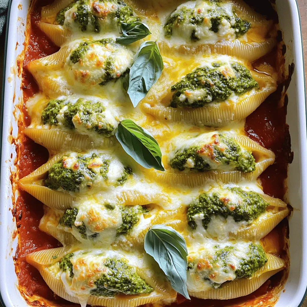 - 20 large pasta shells - 1 cup ricotta cheese - 1 cup fresh basil pesto (plus extra for drizzling) - 1/2 cup grated Parmesan cheese - 1 cup shredded mozzarella cheese - 1 large egg - Salt and freshly ground black pepper to taste - 2 cups marinara sauce - Fresh basil leaves for garnish You can swap the ricotta cheese with cottage cheese. This change gives a lighter texture. If you lack fresh basil pesto, try store-bought or make your own. You can use spinach pesto for a twist. For cheese lovers, mix in some goat cheese for extra flavor. If you prefer dairy-free options, look for vegan ricotta or cheese. Each serving has about 450 calories. It includes 25 grams of protein and 30 grams of carbs. The dish is high in calcium from cheese, which is great for bone health. Pesto adds healthy fats from nuts and olive oil. You can enjoy this meal as part of a balanced diet, with fresh basil adding vitamins too. 1. Preheat the oven to 375°F (190°C). This heat helps cook the dish evenly. 2. Boil salted water in a large pot. Add the pasta shells and cook until al dente. Follow the package instructions for the best results. 3. Drain the shells and let them cool. This makes them easier to handle. 4. Mix the filling in a bowl. Combine ricotta cheese, 1/2 cup of pesto, Parmesan cheese, the egg, salt, and pepper. Stir until smooth. 1. Spread marinara sauce in a 9x13 inch baking dish. Use 1 cup for a tasty base. 2. Fill each shell with a tablespoon of the ricotta mix. Place them seam-side up in the dish. Pack them snugly but don’t force them. 3. Pour the remaining marinara sauce over the shells. Make sure all shells are covered. 4. Top with mozzarella cheese. Sprinkle it generously on the sauce. Add dollops of the remaining pesto for extra flavor. 5. Cover the dish with foil. This keeps the shells from drying out while baking. 6. Bake for 25 minutes. After this, remove the foil and bake for an extra 10 minutes. Look for bubbling cheese and a golden brown top. - Let the dish cool for a few minutes after baking. This helps the flavors settle. - Garnish with fresh basil leaves before serving. This adds color and a fresh taste. - Serve on a large platter, drizzled with extra pesto and sprinkled with Parmesan. This makes the dish look beautiful and inviting. When making pesto ricotta stuffed shells, avoid overcooking the pasta. Cook it just until al dente, so it holds its shape. If the shells tear, filling them becomes tricky. Also, don’t skip the salt in the pasta water. It adds flavor to the shells. Lastly, remember to cool the shells slightly before filling. This prevents burning your fingers. To make the filling creamy and flavorful, mix the ricotta cheese well. Combine it with the pesto, Parmesan, egg, salt, and pepper until smooth. You want each bite to burst with flavor. If you like it herby, add a bit more pesto. This extra touch makes the filling rich and vibrant. When serving, use a large platter to show off the stuffed shells. Drizzle extra pesto on top for a beautiful presentation. Sprinkle grated Parmesan over the shells to add a nice touch. Garnish with fresh basil leaves for color and freshness. Pair with a simple side salad or garlic bread to complete the meal. {{image_4}} You can easily make these stuffed shells vegetarian. Use fresh veggies like spinach or zucchini. Chop them up and mix them into the ricotta. You can also add some sautéed mushrooms for added flavor. This keeps the dish rich and full of taste without meat. If you want to add protein, consider ground turkey or chicken. Cook the meat before mixing it with the ricotta filling. You can also use cooked sausage for a spicier kick. Shredded rotisserie chicken works well too. Just mix it in with the cheese. While marinara is classic, feel free to experiment. Try alfredo sauce for a creamy twist. You can also use a white wine sauce with garlic for a lighter option. Drizzling extra basil pesto on top adds a fresh burst of flavor too. Each option gives the dish a new spin. You can store any leftover pesto ricotta stuffed shells in an airtight container. Place them in the fridge. They will stay fresh for up to three days. Make sure to let them cool first. This way, they won’t steam up the container. If you have extra sauce, keep it in a separate container. To reheat your stuffed shells, preheat your oven to 350°F (175°C). Place the shells in a baking dish. Add a splash of marinara sauce on top to keep them moist. Cover the dish with aluminum foil. Bake for about 20 minutes or until heated through. You can also use a microwave. Just heat them for a few minutes, but they may not be as crispy. If you want to freeze the stuffed shells, prepare them fully but do not bake them. Place the filled shells in a single layer on a baking sheet. Freeze them for about an hour until firm. Then, transfer them to a freezer-safe bag or container. They will last up to three months. When ready to eat, bake them directly from frozen. Just add 10-15 minutes to the baking time. You can use cottage cheese as a good substitute. Blend it for a smoother texture. Cream cheese also works well, giving a richer taste. For a lighter option, consider using blended silken tofu. This still brings a creamy base to your shells. Yes, you can prepare these shells ahead. After you fill the shells, cover them and store in the fridge for up to 24 hours. This saves time for busy days. You can also freeze them before baking. Just wrap them tightly and keep them frozen for up to three months. Bake them right from frozen; just add some extra time. To make these shells gluten-free, use gluten-free pasta shells. Many brands offer great alternatives that cook well. Ensure the pesto and marinara sauce are gluten-free too. Always check labels for hidden gluten ingredients. This way, you can enjoy tasty stuffed shells without worry. This blog post covers everything you need to make delicious stuffed shells. You learned the essential ingredients, how to prepare and cook, and tips to avoid mistakes. We also explored tasty variations and smart storage tips. By following these steps, you'll impress anyone with your cooking skills. Remember, practice makes perfect. Enjoy your culinary journey with stuffed shells!