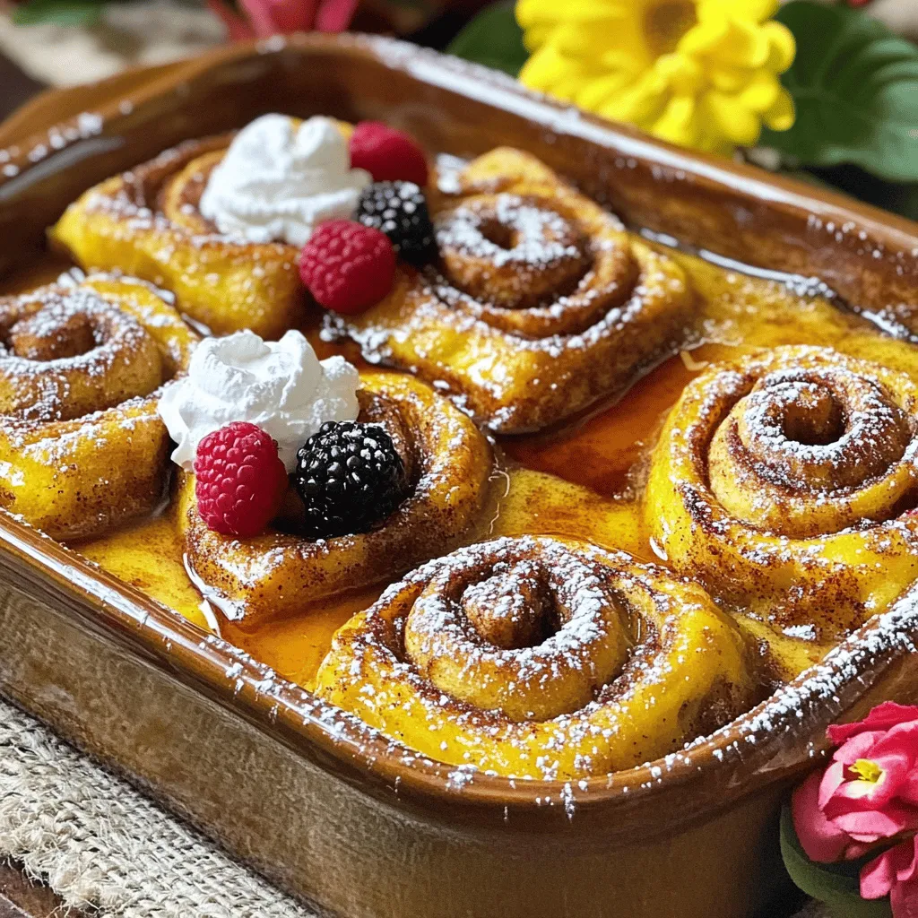 - 2 cans of refrigerated cinnamon rolls - 5 large eggs - 1 cup milk (whole or 2%) - 1 teaspoon vanilla extract - 1 teaspoon ground cinnamon - ½ cup maple syrup - 1 tablespoon butter (for greasing the dish) These main ingredients form the base of your cinnamon roll French toast bake. The refrigerated cinnamon rolls bring a sweet and fluffy texture. Eggs and milk create a custard that soaks into the rolls, making them tender. Vanilla extract and ground cinnamon add warmth and flavor. Maple syrup sweetens the dish, while butter prevents sticking. - Powdered sugar - Fresh berries - Whipped cream You can elevate your bake with these optional ingredients. Dusting with powdered sugar gives a lovely finish. Fresh berries add a burst of color and freshness. Whipped cream creates a rich and creamy topping. These options let you customize your dish and make it even more special. 1. Preheat the oven to 375°F (190°C). This step makes sure your dish cooks evenly. 2. Grease a 9x13 inch baking dish with butter. Spread it on the bottom and sides. This prevents sticking and helps the rolls come out easily. 1. Crack 5 large eggs into a big bowl. Whisk them until they mix well. 2. Add 1 cup of milk, 1 teaspoon of vanilla extract, and 1 teaspoon of ground cinnamon. Whisk until smooth. 3. Pour in ½ cup of maple syrup and mix again. This sweetens the custard and adds flavor. 1. Open 2 cans of refrigerated cinnamon rolls. Use a sharp knife to cut each roll into quarters. 2. Spread the quartered rolls evenly in your greased baking dish. Make sure they do not overlap too much. 3. Pour the custard mixture over the cinnamon rolls. Use a fork to gently press down on each piece. This ensures they soak up the custard well. 4. Optional: Crumble the icing from the cinnamon rolls and sprinkle it on top. This adds a nice sweetness. 1. Place the baking dish in the preheated oven. Bake for 25-30 minutes. 2. Check for doneness by inserting a toothpick in the center. It should come out clean when the bake is ready. The top should be golden brown. 3. Once done, remove the dish from the oven. Let it cool for 5 minutes before serving. To ensure even baking, spread the quartered cinnamon rolls out well in the dish. This step helps every piece cook at the same rate. Avoid overcrowding. If the rolls are too close, some may not bake right. To prevent the rolls from sticking, grease the baking dish with butter before adding the dough. A light coat on the bottom and sides works best. This makes it easy to lift the baked dish out later. For the best toppings, consider dusting the bake with powdered sugar. This adds a nice, sweet touch to each serving. Drizzling extra maple syrup over the top enhances the flavor too. Pair this dish with fresh berries or whipped cream for added taste. The berries bring a pop of color and a burst of flavor. Whipped cream adds a creamy, rich element that many enjoy. To adjust flavors, think about adding a pinch of nutmeg or cardamom. These spices can give your dish a unique twist. You can also swap the vanilla extract for almond extract for a different taste. Adding mix-ins is a fun way to customize. Consider nuts like pecans or walnuts for crunch. Chocolate chips can add a sweet surprise. Dried fruit, like raisins or cranberries, works well too. {{image_4}} Using different types of bread can change the taste of your dish. You can try brioche, challah, or even croissants. Each bread adds its own flavor and texture. Try a mix for extra fun! You can also incorporate seasonal spices. Swap out ground cinnamon for nutmeg or pumpkin spice in the fall. In winter, a hint of cardamom or allspice warms up the dish nicely. These small changes make a big difference. For gluten-free options, use gluten-free bread. Many brands make tasty gluten-free choices. Just check the label to ensure it fits your needs. You will enjoy the same delightful flavors without worry. If you need dairy-free substitutes, use almond milk or coconut milk. You can also use dairy-free cream cheese for toppings. These swaps keep your dish creamy and delicious without dairy. Cream cheese frosting makes a perfect topping. It adds a sweet, rich layer on top of the warm bake. Simply mix cream cheese with powdered sugar and a splash of milk. Drizzle it over your bake for a tasty finish. Fruit compote is another great option. You can use fresh berries, apples, or peaches. Cook them down with a little sugar for a warm, fruity topping. It adds a fresh and tangy flavor that pairs well with the sweet cinnamon rolls. To keep your Cinnamon Roll French Toast Bake fresh, store it in the fridge. Place it in an airtight container or cover it tightly with plastic wrap. This helps to prevent it from drying out. Leftovers can last for about 3 to 4 days in the fridge. When you're ready to enjoy leftovers, reheating properly is key. You can use the oven or microwave. For the oven, preheat it to 350°F (175°C). Place the bake in a baking dish, cover it with foil, and heat for about 15-20 minutes. This method keeps it moist. If using a microwave, heat individual pieces for 30 seconds to 1 minute. Make sure they reach a warm and inviting temperature of around 165°F (74°C) before serving. Yes, you can prepare this dish ahead of time. Assemble the cinnamon roll bake and cover it. Store it in the fridge overnight. In the morning, bake it as normal. This saves time and makes breakfast easier. To check if the bake is done, look for a golden brown top. Insert a toothpick in the center. If it comes out clean, the dish is ready. Baking usually takes about 25-30 minutes at 375°F. Absolutely! Homemade cinnamon rolls add a fresh touch. Just cut them into quarters like you would with canned rolls. Follow the same steps for soaking and baking. The flavor will be amazing! You can use flaxseed meal as an egg substitute. Mix 1 tablespoon of flaxseed meal with 2.5 tablespoons of water. Let it sit for a few minutes to thicken. This works well for binding in the recipe. Serving for a crowd is easy. Cut the bake into squares and serve warm. Add toppings like whipped cream, fresh berries, or a drizzle of syrup. This makes each plate look beautiful and tasty! This blog post guides you through making a delicious Cinnamon Roll French Toast Bake. You learned about key ingredients, step-by-step preparation, and tips for success. Remember, you can adapt the recipe by changing flavors or adding toppings. Whether you want to bake for a crowd or simply enjoy it at home, this dish is a crowd-pleaser. With easy storage tips and reheating instructions, you can savor leftovers too. So, gather your ingredients and start baking to enjoy this tasty treat with family or friends!