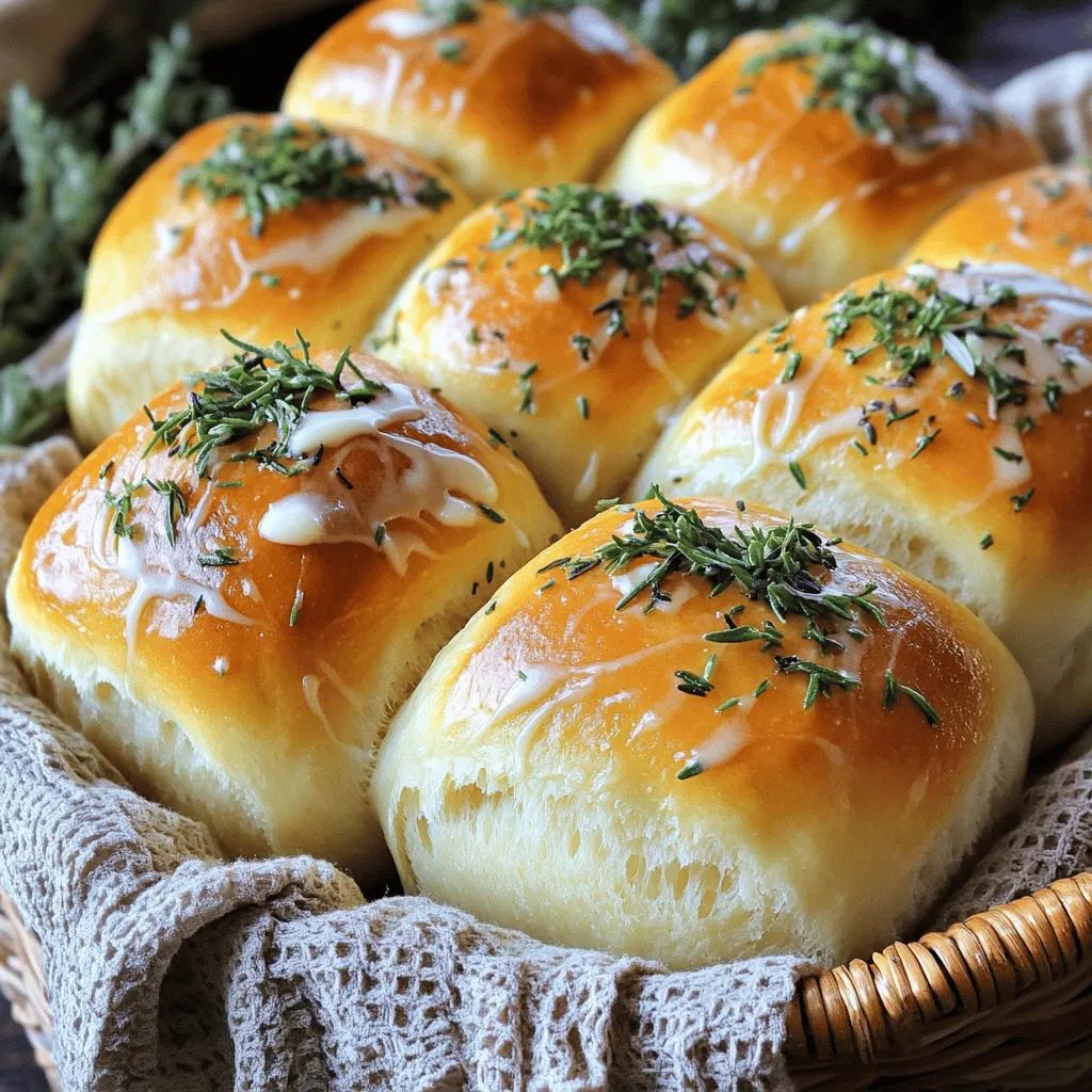 - 4 cups all-purpose flour - 2 tablespoons granulated sugar - 2 teaspoons sea salt - 2 tablespoons instant yeast - 1 cup warm milk (approximately 110°F) - 1/2 cup unsalted butter, melted (plus extra for brushing) - 1/4 cup fresh herbs (such as rosemary, thyme, or parsley), finely chopped - 1 large egg, at room temperature - 1/4 teaspoon garlic powder (optional) - 1/4 teaspoon freshly ground black pepper These ingredients create a soft and fluffy roll with great flavor. The all-purpose flour gives structure. Sugar helps browning and adds a touch of sweetness. Sea salt enhances flavor, while instant yeast makes the rolls rise quickly. Warm milk helps activate the yeast and adds richness. Unsalted butter adds flavor and moisture. Fresh herbs bring a delightful aroma and taste, while garlic powder and black pepper offer a hint of spice. - Mixing bowls - Wooden spoon or spatula - Kitchen towel - Baking dish - Wire rack You will need a few simple tools to make these rolls. Mixing bowls help combine your ingredients. A wooden spoon or spatula is perfect for mixing the dough. Use a kitchen towel to cover the dough while it rises. A baking dish holds the rolls as they bake. Lastly, a wire rack allows the rolls to cool evenly. These tools make the process easy and fun. 1. In a large bowl, mix the dry ingredients. Combine 4 cups of flour, 2 tablespoons of sugar, 2 teaspoons of sea salt, 2 tablespoons of instant yeast, and optional garlic powder. Whisk them well. 2. In another bowl, mix the wet ingredients. Stir together 1 cup of warm milk, 1/2 cup of melted butter, and 1 large egg. Make sure everything is blended. 3. Gradually pour the wet mix into the dry mix. Use a wooden spoon to combine until a sticky dough forms. Add 1/4 cup of finely chopped herbs. Fold them in gently. 1. Turn the sticky dough onto a floured surface. Knead it for about 5 to 7 minutes. The dough should feel smooth and elastic. If it’s too sticky, add a little more flour. 2. Place the kneaded dough in a greased bowl. Cover it with a clean kitchen towel. Let it rise in a warm place for about 1 hour. The dough should double in size. 1. After rising, punch the dough down gently. This releases any air bubbles trapped inside. 2. Divide the dough into 12 equal pieces. Shape each piece into a smooth ball. 3. Arrange the dough balls in a greased 9x13 inch baking dish. Leave space between each roll for more rising. 1. Preheat your oven to 350°F (175°C) while the rolls rise for another 30 to 45 minutes. They should look puffy and nearly double in size. 2. Brush the tops of the rolls with melted butter for a lovely shine. 3. Bake the rolls for 20 to 25 minutes. They should turn golden brown and sound hollow when tapped. 4. After baking, brush with more melted butter for extra flavor. Let them cool on a wire rack before serving warm. To make soft and fluffy rolls, kneading is key. Knead the dough for 5 to 7 minutes. This helps develop gluten. Gluten gives the rolls their structure. You want the dough smooth and elastic. Rising conditions matter too. Keep your dough in a warm place. A warm kitchen or oven works well. Cover the dough with a towel. This keeps it warm and moist. Adding fresh herbs makes your rolls special. I recommend using rosemary, thyme, or parsley. Chop them finely and mix them in the dough. This adds great taste and aroma. You can also play with spices. Garlic powder gives a nice kick. Black pepper adds warmth. Both are optional but worth trying. These rolls pair well with many dishes. Serve them with soups or stews. They also go great with roasted meats. For a lovely presentation, use a warm basket. Line it with a nice cloth. Sprinkle some extra herbs or sea salt on top. This makes your rolls look even more appealing. {{image_4}} You can play with fresh herbs in these rolls. Try rosemary, thyme, or parsley for a burst of flavor. You can also mix them. Use one herb or a blend to match your taste. Adding cheese like cheddar or mozzarella makes them even better. You can also toss in garlic for a rich taste. Just add a bit of garlic powder for a nice kick. If you want a gluten-free version, swap all-purpose flour for gluten-free flour. Keep in mind that gluten-free flour absorbs more liquid. You may need to adjust the liquid in the recipe. Start with a bit less milk and add more as needed. Also, let the dough rise longer to help it get fluffy. For a fun twist, make sweet herb rolls. Mix honey or cinnamon into the dough. You can use sweet herbs like basil or mint for a unique flavor. These rolls pair well with sweet dishes or breakfast. They add a tasty, unexpected touch to your meal. The sweetness balances the herbs, making them delightful. To store leftover rolls, place them in a cool, dry spot. You can use a plastic bag or an airtight container. This helps keep them fresh. Make sure they cool down before you store them. If they are warm, they can get mushy. Add a slice of bread to keep them soft longer. To reheat your rolls, use the oven or the microwave. The oven keeps them soft and warm. Preheat your oven to 350°F (175°C) and bake for about 10 minutes. For the microwave, wrap each roll in a damp paper towel. Heat for 10-15 seconds. This keeps them moist. If you want to freeze your rolls, wrap them tightly in plastic wrap. Then, place them in a freezer bag. This prevents freezer burn. When you are ready to eat them, take them out. Let them thaw in the fridge overnight. For reheating, use the oven as mentioned. They will taste freshly baked! To help your rolls rise faster, keep the dough in a warm place. You can heat your oven to 200°F for a few minutes, then turn it off. Place the dough inside with the door closed. The warmth will help it rise quickly. If you want, you can also cover the dough with a warm kitchen towel. This keeps the heat in and speeds up the rising time. Yes, you can make the dough ahead. After mixing the dough, let it rise once. Then, shape the rolls and store them in the fridge. Cover them well so they don’t dry out. They can chill for up to 24 hours. When you are ready to bake, let them rise at room temperature for about an hour before baking. If your dough doesn’t rise, check if your yeast is fresh. Old yeast won’t work well. If the yeast is good, make sure the milk wasn’t too hot. Milk should be warm, not hot. If it is too hot, it can kill the yeast. You can try to re-knead the dough and let it rise again in a warm spot. You can tell the rolls are fully baked when they are golden brown on top. Tap the bottom lightly; if it sounds hollow, they are done. You can also use a food thermometer. The inside should reach about 190°F. Remove them from the oven and brush with more melted butter for a nice shine. Yes, you can use dried herbs instead of fresh. Use about one teaspoon of dried herbs for every tablespoon of fresh herbs. Dried herbs have a stronger flavor, so you’ll need less. Mix them in with the dry ingredients. This way, they will blend well into the dough. You’ve learned how to make soft, tasty rolls from scratch. We covered key ingredients and the right tools. I shared simple steps for mixing, kneading, and baking. You also discovered tips to add flavor and variations to try. Now, go ahead and bake these rolls for your next meal. They’ll impress your family and friends. Enjoy the fun of making something delicious with your own hands!