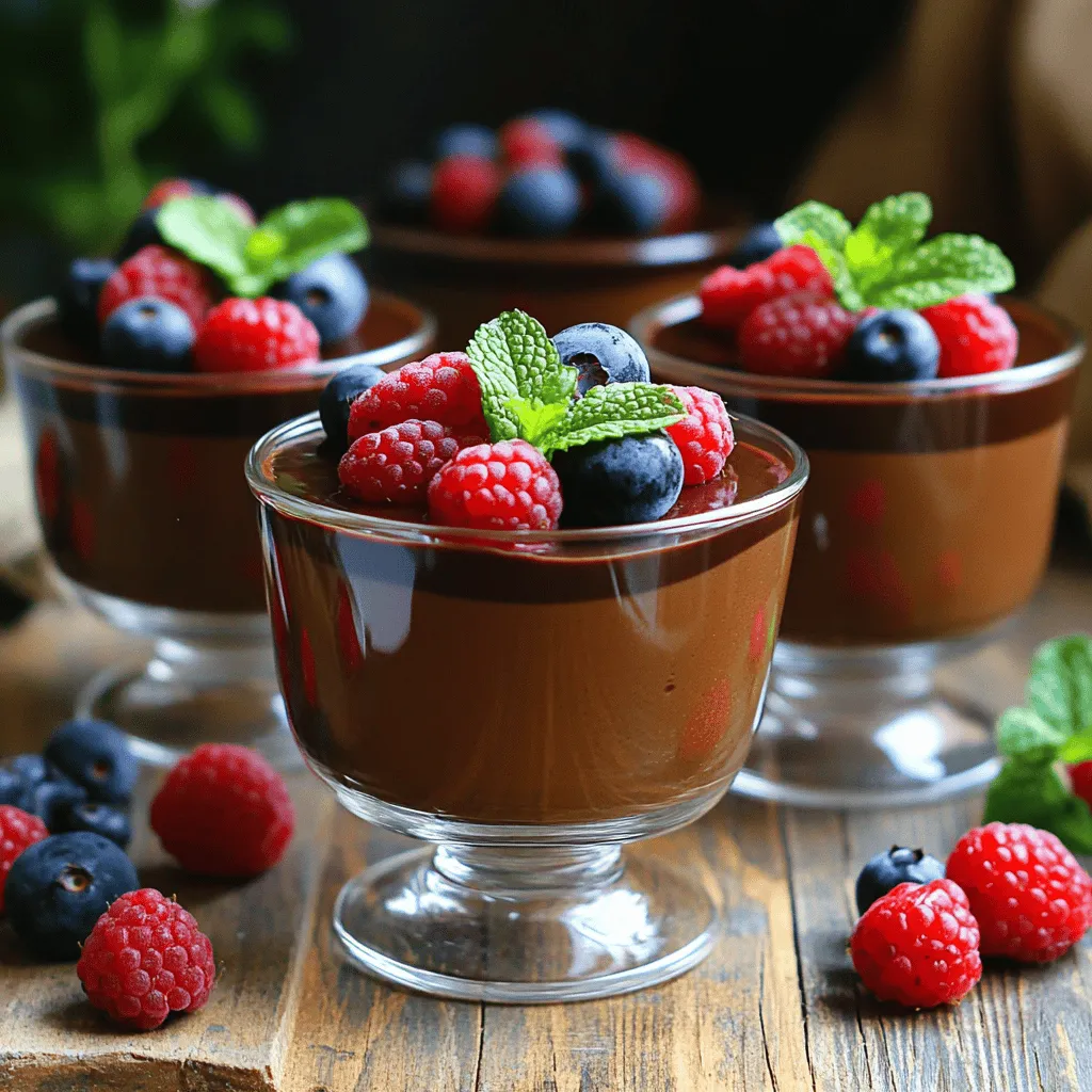 - 1 cup silken tofu, thoroughly drained - 1/2 cup dairy-free dark chocolate chips - 1/4 cup pure maple syrup - 2 tablespoons unsweetened cocoa powder The main ingredients in this vegan chocolate mousse make it rich and creamy. Silken tofu gives a smooth texture. It acts as a great base, offering protein without any dairy. Dairy-free dark chocolate chips add a deep chocolate flavor. They melt well and mix perfectly with the tofu. Pure maple syrup sweetens the mousse naturally. It balances the bitterness of cocoa powder. Unsweetened cocoa powder enhances the chocolate taste. This mix creates a tasty dessert that feels indulgent. - Fresh berries (raspberries or strawberries) - Mint leaves Adding fresh berries makes the mousse look vibrant. They also add a nice tartness. Mint leaves bring a fresh flavor that lifts the chocolate taste. These garnishes are not just pretty; they make the mousse even better. For the milk, I recommend almond milk or any plant-based milk you enjoy. Soy milk or oat milk works too. Each type will give a slightly different taste. You can also switch the sweetener. Agave nectar or coconut sugar are good choices. Just remember, each sweetener has a unique flavor. Adjust the amount based on your preference. To melt the chocolate, I use the microwave. First, place the dairy-free dark chocolate chips in a microwave-safe bowl. Heat them in 30-second bursts. Stir well after each round to mix in the heat. This helps prevent hot spots. Be careful not to overheat, as it can change the texture. If the chocolate starts to look thick or grainy, stop heating immediately. Next, it’s time to blend. I add the drained silken tofu first. Then, I pour in the melted chocolate. After that, I add the maple syrup, cocoa powder, vanilla extract, sea salt, and almond milk. This order helps everything mix better. Blend on high speed until it’s creamy and smooth. Stop now and then to scrape the sides. This way, all the bits get mixed in well. The mousse should be velvety and rich when done. Chilling is crucial for the mousse. After blending, spoon the mixture into cups. Place them in the fridge for at least 1 to 2 hours. This time helps the mousse firm up. It also lets the flavors meld together. If you skip chilling, the mousse will be runny. Trust me, cooling is key for a delightful texture. To get a velvety mousse, start with a strong blender. Combine your silken tofu and melted chocolate. Blend on high speed. Stop often to scrape the sides. This keeps everything even. If your mousse is too thick, add almond milk a little at a time. Blend again until smooth. You can change the sweetness easily. Taste your mousse after blending. If it needs more sweetness, add maple syrup. Blend again. For a twist, add extracts like almond or orange. A dash of cinnamon can also bring warmth and depth. Serve your mousse in individual cups for a nice touch. You can layer it with fresh berries for color and flavor. Mint leaves on top add a fresh taste. For more fun, try serving it in chocolate cups or with a drizzle of nut butter. This makes every bite special! {{image_4}} You can mix up your mousse by using various types of dairy-free chocolate. Dark chocolate gives a rich taste. You can also try semi-sweet or even white chocolate. Each type brings a unique flavor. Flavored chocolates, like orange or mint, add an exciting twist. Just melt them the same way as dark chocolate. This lets you play with taste and make it your own. If you want to swap silken tofu, avocados work great. They create a creamy texture, too. Simply blend ripe avocados with the melted chocolate and other ingredients. For sweeteners, maple syrup is popular, but you can use agave nectar or coconut sugar instead. They provide sweetness without changing the mousse's texture. Experimenting with these ingredients keeps your mousse fresh and fun. Garnishes can change the look and taste of your mousse. Fresh fruits like bananas, cherries, or kiwi add a pop of color and taste. You can also sprinkle chopped nuts on top for crunch. If you want something special, use edible flowers. They make your mousse look stunning and add a touch of elegance. Get creative and see what combinations you enjoy the most! Store leftover mousse in airtight containers. This keeps it fresh and safe. Glass or plastic containers work well. Avoid using metal, as it may react with the mousse. Make sure to seal the containers tightly. Keep the mousse in the fridge at a temperature below 40°F (4°C). This helps maintain its creamy texture. Vegan chocolate mousse lasts about 3 to 5 days in the fridge. Check for signs that it has gone bad. If you see any discoloration or an off smell, it’s best to discard it. The texture may also change. If it becomes grainy or watery, it’s time to let it go. Yes, you can freeze vegan chocolate mousse. Use an airtight container for freezing. Leave some space at the top, as it may expand. When you are ready to eat it, defrost it in the fridge overnight. Avoid thawing at room temperature, as this can change the texture. After defrosting, you may need to blend it again for a creamy finish. Firm tofu and silken tofu have different textures. Silken tofu is creamy and smooth. It blends well to create a light mousse. Firm tofu is denser and may result in a thicker texture. Using firm tofu can change the taste, making it less delicate. If you want a light mousse, stick with silken tofu. Yes, this vegan chocolate mousse is gluten-free! All the ingredients are safe for gluten-free diets. The silken tofu, dairy-free chocolate chips, and cocoa powder do not contain gluten. Always check labels to ensure no cross-contamination. Enjoy your delicious treat without worry. To make this mousse nut-free, you can swap almond milk for oat milk or soy milk. Both options work well and keep the mousse creamy. For garnishes, instead of nuts, use fresh berries or coconut flakes. This way, you can still enjoy a beautiful dessert that suits your needs. This blog post covered how to make a delicious vegan chocolate mousse. I shared the main ingredients, like silken tofu and dairy-free chocolate. You learned the step-by-step process, from melting chocolate to chilling the mousse for the best texture. I also gave tips on variations and storage to keep your mousse fresh. With these insights, you can enjoy a rich and creamy dessert that’s simple and versatile. Try different flavors and enjoy every bite!