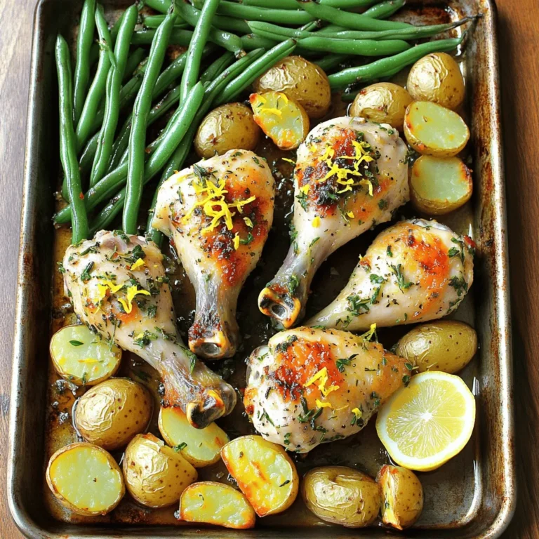- 8 chicken drumsticks - 4 cloves garlic, finely minced - 1 pound baby potatoes, halved - 1 tablespoon fresh rosemary, finely chopped - 1 tablespoon fresh thyme, finely chopped - 1 tablespoon fresh parsley, finely chopped - 2 tablespoons olive oil (divided) - Juice and zest of 1 fresh lemon - Salt and freshly ground black pepper to taste - 2 cups green beans, trimmed Gather these ingredients before you start cooking. Fresh herbs and garlic make this dish stand out. The chicken drumsticks bring great flavor and texture. Baby potatoes add a hearty touch, while green beans add color and crunch. Be sure to use fresh herbs! They enhance the taste much more than dried ones. The lemon juice and zest add a bright, zesty flavor that perfectly balances the dish. You can adjust the seasoning to your liking. If you love spice, feel free to add a pinch of red pepper flakes. This dish is versatile and lets you play with flavors. It's all about what makes you happy in the kitchen. - Preheat your oven to 425°F (220°C). - In a bowl, mix minced garlic, herbs, lemon juice, and 1 tablespoon of olive oil. - Add the chicken drumsticks to the bowl. - Coat them well in the marinade. - Let them sit for at least 15 minutes, or refrigerate overnight for more flavor. - On a large sheet pan, place the halved baby potatoes. - Drizzle them with the remaining olive oil, sprinkle with salt and pepper, and toss well. - Nestle the marinated drumsticks among the potatoes. - Add the trimmed green beans to the pan. - Roast the chicken and potatoes for 20 minutes. - After this, add the green beans to the pan. - Roast for another 15 to 20 minutes until the chicken hits 165°F (75°C). To get crispy chicken, space is key. When you place the drumsticks on the sheet pan, ensure they have room around them. This allows hot air to circulate and crisps the skin. If they are too close, they will steam instead of roast, leading to soggy skin. Marinating the chicken also plays a big role in flavor. Let it soak in the marinade for at least 15 minutes. For a stronger taste, marinate overnight in the fridge. This gives the herbs and garlic time to infuse into the meat. Roasting baby potatoes and green beans is simple. Cut the potatoes in half for even cooking. Toss them in olive oil, salt, and pepper before adding them to the pan. The green beans should be trimmed and added halfway through cooking. This helps them stay crisp and bright. To boost the flavor, combine the green beans with garlic and lemon zest. The lemon zest adds a burst of freshness, making the veggies more exciting. For a colorful plate, serve the chicken on a large wooden platter. Arrange the drumsticks next to the roasted potatoes and green beans. This makes your meal look inviting and tasty. Garnish with fresh herbs like parsley or thyme. A few lemon wedges add a pop of color and a hint of freshness. These small touches make your dish look even better. {{image_4}} You can switch up the flavors in this dish. If you want a break from garlic, try using onion powder and smoked paprika. These spices add a nice kick. You could also use Italian seasoning or a mix of cumin and coriander for a warm flavor. Feel free to experiment! Just remember to adjust the salt and pepper to match your new spices. You don't have to stick with just green beans and potatoes. Carrots, bell peppers, or zucchini work great too. Cut them into even sizes to ensure they cook well. If you want a lighter touch, try using asparagus or broccoli instead. These veggies offer fresh flavors and bright colors. This dish is super flexible for serving. You can pair it with fluffy rice or protein-packed quinoa for a full meal. A crisp side salad adds a nice crunch. If you're feeling creative, shred the chicken and wrap it in a tortilla for a tasty chicken wrap. You can even turn it into a sandwich for a fun lunch option. To keep your Garlic Herb Chicken Drumsticks fresh, place them in an airtight container. Make sure to separate the chicken from the veggies to maintain crispiness. Store everything in the fridge. You can keep them for about 3 to 4 days. If you notice any off smell or slimy texture, discard them. To reheat your chicken, the oven is your best friend. Preheat it to 375°F (190°C). Place the chicken on a baking sheet. Cover with foil to keep it moist, but remove the foil in the last 10 minutes to regain that crispy skin. Heat for about 20 minutes or until warmed through. You can freeze the Garlic Herb Chicken Drumsticks, too. Wrap each piece tightly in plastic wrap, then place them in a freezer bag. They can last up to 3 months. When you’re ready to eat, thaw the chicken in the fridge overnight before reheating. Enjoy your meal again! Bake chicken drumsticks for about 35 to 40 minutes at 425°F (220°C). Start with 20 minutes for the chicken and potatoes. After that, add the green beans and roast for another 15 to 20 minutes. The chicken should be golden brown and the juices should run clear when done. Yes, you can use frozen chicken drumsticks. However, you need to thaw them first. Thaw them in the fridge overnight or use cold water. This helps the marinade soak in better, making the chicken more flavorful. The best way to check if chicken is cooked is by using a meat thermometer. Insert it into the thickest part of the drumstick. It should read 165°F (75°C). If you don’t have a thermometer, cut into the chicken. The meat should be white, not pink, and the juices should run clear. Yes, you can prepare the chicken drumsticks ahead of time. Marinate them the night before and store them in the fridge. This will give the chicken more flavor. You can also chop the veggies in advance to save time. Garlic herb chicken drumsticks go well with many sides. Here are a few ideas: - Creamy mashed potatoes - Crisp side salad - Steamed broccoli - Rice or quinoa - Garlic bread Each of these sides will add more flavor and balance to your meal. This recipe for garlic herb chicken drumsticks combines simple ingredients with easy steps. The roast technique gives juicy chicken and crispy veggies. Don’t skip marinating; it enhances flavor. You can adjust seasonings and veggies for your taste. Remember to store leftovers correctly for future meals. Whether you serve it with rice or veggies, this dish is sure to please. Enjoy your cooking adventure and share it with friends!