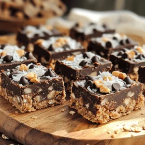 - 1 cup rolled oats - 1 cup natural peanut butter - 1/2 cup honey or maple syrup - 1/2 cup dark chocolate chips - 1/4 cup unsweetened cocoa powder - 1/2 teaspoon vanilla extract - A pinch of salt - Optional toppings: chopped nuts, shredded coconut, or extra chocolate chips When making chocolate peanut butter oat squares, the quality of your ingredients matters. I love using natural peanut butter because it has no added sugar or oils. It gives a rich, nutty taste that pairs well with chocolate. You can choose honey or maple syrup based on your preference. Both add sweetness and moisture to the mix. Rolled oats are the base of this recipe. They provide fiber and a satisfying texture. Dark chocolate chips add a touch of sweetness and richness. I prefer using unsweetened cocoa powder for a deep chocolate flavor without extra sugar. Do not forget the vanilla extract! It enhances the overall taste. A pinch of salt balances the sweetness and makes the flavors pop. For toppings, get creative! Chopped nuts add crunch, while shredded coconut offers a tropical twist. Extra chocolate chips can make the squares even more decadent. In a large bowl, combine 1 cup rolled oats, 1/4 cup cocoa powder, and a pinch of salt. Stir well to mix them evenly. This mix adds a rich chocolate flavor to the oats. It’s important to blend it thoroughly to ensure every bite is tasty. In a small saucepan over low heat, warm 1 cup of natural peanut butter and 1/2 cup honey (or maple syrup) together. Stir continuously until the mixture is smooth. This step makes the peanut butter easier to mix with the oats. Once smooth, remove it from the heat, and stir in 1/2 teaspoon vanilla extract for extra flavor. Pour the warm peanut butter mixture over the dry oat blend in the large bowl. Mix everything together until it is fully combined. You want the oats to be completely coated. If it feels a bit dry, keep mixing until it starts to clump together. Line an 8x8-inch baking pan with parchment paper. Make sure the paper hangs over the sides for easy lifting later. Firmly press the mixture into the bottom of the pan. You can use a spatula or your hands to pack it down well. This step is key for making sure the squares hold together. Place the pan in the refrigerator for at least 2 hours. This time allows the squares to set properly. Chilling helps the mixture firm up, making it easier to cut into squares later. Once chilled, lift the mixture out of the pan using the parchment paper. Place it on a cutting board and cut it into squares. You can make them as big or small as you like. These squares are perfect for snacks or desserts! To create compact squares that hold together, start by mixing the dry ingredients well. Mix the rolled oats, cocoa powder, and salt in a large bowl. This step helps ensure an even flavor. When you add the warm peanut butter mixture, it is key to mix thoroughly. You want every oat coated in that delicious blend. After combining, press the mixture firmly into your pan. This compaction helps the squares stay together when cut. If they crumble, they may need more pressing. You can use different sweeteners in this recipe. While honey is great, maple syrup works too. Agave syrup is another option if you prefer it. Each sweetener brings a unique taste. Maple syrup adds a slight nuttiness. Agave is milder and less intense. You can try each and see which you like best. Just keep the same amount when swapping sweeteners. To make these squares even better, consider adding spices. A dash of cinnamon can give warmth. Nutmeg adds a cozy feel too. You can even try adding a pinch of sea salt to enhance the chocolate flavor. If you want a fruit twist, try adding dried fruits like raisins or cranberries. These options bring fun new flavors to your squares and can make them unique. {{image_4}} If you want to make these squares nut-free, use sunflower seed butter instead. Sunflower seed butter has a similar creamy texture and rich taste. It also offers a safe option for those with nut allergies. Just substitute the peanut butter with an equal amount of sunflower seed butter. The rest of the recipe stays the same. You’ll still enjoy a tasty treat! To keep this recipe vegan, ensure you use maple syrup instead of honey. Maple syrup adds sweetness and keeps the squares plant-based. Use dark chocolate chips that are labeled vegan. This way, you can enjoy these chocolate peanut butter oat squares without any animal products. These small changes make a big difference. For a gluten-free version, make sure to choose certified gluten-free oats. Regular oats may contain gluten due to cross-contamination. Check the packaging for a gluten-free label. This simple swap allows everyone to enjoy these squares, regardless of dietary needs. You can still savor the same great flavors while sticking to gluten-free guidelines. Store your Chocolate Peanut Butter Oat Squares in the fridge for the best taste. Use an airtight container to keep them fresh. If you want to keep them longer, freeze the squares. Wrap each square in plastic wrap or foil. Then, place them in a freezer-safe bag. These delicious squares can last up to a week in the fridge. In the freezer, they maintain their flavor for about three months. You can enjoy them as a quick snack or dessert any time. To enjoy your frozen squares, simply take one out and let it thaw at room temperature. If you prefer a warm treat, microwave it for about 10 to 15 seconds. This makes the chocolate soft and melty, enhancing the taste. Enjoy your tasty snack! You can use either creamy or crunchy peanut butter. Creamy peanut butter gives a smooth texture to the squares. It blends well and makes the mixture easy to press. On the other hand, crunchy peanut butter adds a fun bite. It gives the squares some crunch and extra flavor. If you want a more classic taste, go with creamy. If you like texture, try crunchy. To make these squares healthier, you can reduce the honey or maple syrup. Try cutting it to 1/3 cup instead of 1/2 cup. You can also add protein. Mixing in some protein powder can boost the health factor. Another option is to use nut butter that contains added protein. Lastly, consider adding seeds or nuts for healthy fats. If the mixture feels too dry, don’t worry! You can add a little more honey or maple syrup. Start with a tablespoon, and mix it in well. If it’s still dry, try adding a splash of water or milk. This will help bind the oats and chocolate. Make sure to mix well until you get the right texture. These no-bake chocolate peanut butter squares are easy to make and tasty. We covered key ingredients, step-by-step instructions, and tips for great results. You can customize them to fit your needs, like making them vegan or nut-free. Store them well to keep them fresh and enjoy them later. With these simple steps, you can create a delicious treat that everyone will love. Try it out and enjoy your sweet creation!