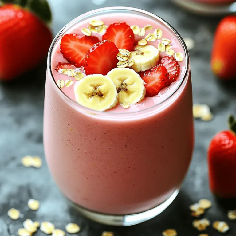 To make a Strawberry Banana Oat Smoothie, you need simple, fresh ingredients that blend well together. Here’s what you will need: - 1 ripe banana, sliced - 1 cup fresh strawberries, hulled - 1/2 cup rolled oats - 1 cup almond milk (or any milk of choice) - 1 tablespoon honey or maple syrup (optional, for sweetness) - 1 tablespoon chia seeds (optional, for added nutrition) - 1/2 teaspoon vanilla extract - Ice cubes (optional, for a chilled smoothie) Each ingredient plays a key role in the smoothie. The ripe banana gives it a creamy texture. Fresh strawberries add sweetness and a nice color. Rolled oats not only thicken the drink but also boost fiber. Almond milk keeps it light and dairy-free, perfect for many diets. If you want a touch of sweetness, add honey or maple syrup. Chia seeds are great for nutrition and help thicken your smoothie. The vanilla extract adds a warm flavor that pairs nicely with the fruits. Lastly, ice cubes make it extra refreshing if you use fresh strawberries. Feel free to mix and match these ingredients based on your taste. Enjoy crafting your perfect smoothie! - Gather all ingredients: one ripe banana, one cup fresh strawberries, half a cup rolled oats, one cup almond milk, one tablespoon honey or maple syrup, one tablespoon chia seeds, half a teaspoon vanilla extract, and ice cubes if using fresh strawberries. - Prepare ice if using fresh strawberries: fill your blender with ice for a cool and refreshing drink. - Blend banana, strawberries, oats, almond milk, vanilla, and sweetener: start your blender on low, then increase the speed. Blend until everything is well mixed and smooth. - Incorporate chia seeds and blend until smooth: adding chia seeds boosts nutrition and helps thicken the smoothie. - Adjust consistency with additional almond milk if needed: if the smoothie is too thick, slowly add more almond milk until you reach your desired thickness. - Taste and adjust sweetness: try your smoothie. If it needs more sweetness, add more honey or maple syrup and blend briefly. - Blend in ice cubes if desired: for a frosty treat, add ice cubes now and blend until crushed. - Divide into glasses and present with garnishes: pour the smoothie into chilled glasses. Top with sliced strawberries and banana for a lovely look. Enjoy your delicious Strawberry Banana Oat Smoothie! To get the right thickness for your smoothie, adjust the almond milk. If you want a thicker drink, use less milk. For a thinner smoothie, add more almond milk slowly. Using frozen strawberries gives a creamier texture. They chill the drink and keep it thick without ice. You can experiment with different types of milk. Try coconut milk for a rich taste or oat milk for creaminess. If you want more flavor, use flavored syrups. Maple or caramel syrups can add a fun twist. Serve your smoothie in chilled glasses. This keeps it cool longer. For a stunning look, garnish with sliced strawberries and banana on top. Sprinkling extra rolled oats can add a nice crunch. These small touches make your drink more appealing and fun! {{image_4}} You can switch out the fruits in this smoothie. Substitute blueberries or raspberries for a new taste. These berries add a nice color and flavor. You can also mix in other fruits for a tropical twist. Try adding mango or pineapple for a fun change. Want to make your smoothie even healthier? Add a handful of spinach or kale to pack in some greens. They blend well and you won’t even taste them! For a post-workout drink, include protein powder. This will help your body recover after exercise. If you want less sugar, use stevia or agave syrup as sweeteners. They give a nice touch without the calories. You can also try adding spices like cinnamon for extra flavor. This adds warmth and depth to your smoothie without extra sugar. To store leftover smoothie, pour it into a jar or bottle. Seal it tightly. Place it in the fridge. This keeps it fresh for up to 24 hours. When you want to drink it, give it a good shake. Smoothies can separate, so mixing helps. You can freeze smoothie portions for later use. Pour the smoothie into ice cube trays or freezer-safe bags. This way, you can enjoy them later. When you want a smoothie, remove a portion and let it thaw. Place it in the fridge overnight or leave it on the counter for a few hours. For smoothies, glass or plastic containers work well. Choose containers with tight seals. This helps keep the smoothie fresh longer. Avoid using metal containers, as they can alter the taste. Also, make sure your containers are easy to clean. This ensures you will use them often. Yes, you can prepare this smoothie ahead of time. To save time, blend all the ingredients except the ice. Store it in the fridge in a sealed container. When ready to drink, add ice and blend again. This keeps it fresh and tasty. Absolutely! This smoothie fits a vegan diet perfectly. Use almond milk or any plant-based milk instead of dairy milk. You can also skip honey and use maple syrup for sweetness. This way, you keep it dairy-free and still delicious. To make your smoothie more filling, add protein-rich ingredients. Consider adding a scoop of protein powder, Greek yogurt, or nut butter. You can also top it with nuts or seeds. This will give you energy and keep you full longer. This smoothie is packed with health benefits. Here are some highlights: - Strawberries: High in vitamin C and antioxidants. - Bananas: Provide potassium and fiber. - Rolled oats: Offer whole grains and help with digestion. - Chia seeds: Add omega-3 fatty acids and protein. - Almond milk: Low in calories and dairy-free. Together, these ingredients make a nutritious drink that supports your health. This blog post showed you how to create a delicious smoothie using simple ingredients. You learned about preparation, blending, and serving steps. We discussed tips for the perfect texture and flavor, plus fun variations to try. Finally, you explored storage methods to keep your smoothie fresh. By following these steps, you can easily make a nutritious drink. Enjoy experimenting with new flavors and sharing this recipe with friends or family. Your perfect smoothie awaits!