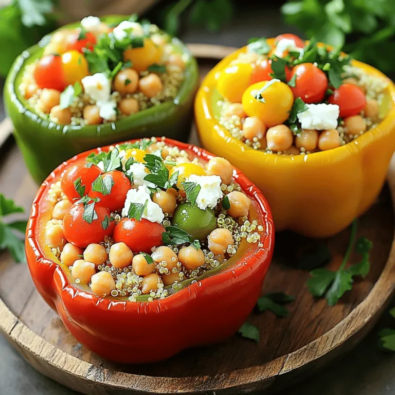 To make Mediterranean quinoa stuffed peppers, gather these fresh ingredients: - 4 large bell peppers (any color) - 1 cup quinoa (thoroughly rinsed) - 2 cups vegetable broth - 1 can (15 oz) chickpeas (drained and rinsed) - 1 cup cherry tomatoes (halved) - 1/2 cup black olives (pitted and sliced) - 1/2 cup feta cheese (crumbled) - 1/4 cup fresh parsley (finely chopped) - 1 teaspoon dried oregano - 1 teaspoon smoked paprika - Salt and freshly ground black pepper (to taste) - 2 tablespoons extra virgin olive oil (plus more for drizzling) - Juice of 1 fresh lemon These ingredients blend well to create a colorful and tasty dish. The bell peppers provide the perfect vessel for the filling. Quinoa is a great choice as it adds texture and protein. Chickpeas add heartiness, while cherry tomatoes and olives offer freshness and briny flavor. Feta cheese adds creamy tang, and herbs like parsley and oregano bring out vibrant notes. Using fresh lemon juice brightens the flavors and balances the richness. The olive oil gives everything a silky finish. Each ingredient plays a role in creating layers of taste. When you take a bite, you experience a delightful mix of flavors and textures. - Step 1: Preheat your oven to 375°F (190°C). - Step 2: Slice the tops off the bell peppers and remove seeds. First, preheating the oven gets it ready for baking. This step helps cook the peppers evenly. Next, take your bell peppers and cut off the tops. Make sure to remove all the seeds inside. This way, the peppers will hold your tasty filling well. You can choose any color you like. Red, yellow, or green all work great. - Step 1: Bring vegetable broth to a boil. - Step 2: Add rinsed quinoa, cover, and let simmer. Now, let’s cook the quinoa. Start by pouring vegetable broth into a pot and bring it to a boil. Once it is bubbling, add the rinsed quinoa. Cover the pot with a lid and reduce the heat. Let it simmer for about 15 minutes. The quinoa will absorb the broth and become fluffy. This will make the filling rich and tasty. - Step 1: Combine cooked quinoa with chickpeas, tomatoes, olives, feta, parsley, oregano, smoked paprika, lemon juice, salt, and pepper. - Step 2: Gently mix until evenly combined. In a large bowl, take your cooked quinoa. Add in the chickpeas, halved cherry tomatoes, sliced olives, and crumbled feta. Don’t forget to add the chopped parsley, oregano, smoked paprika, lemon juice, salt, and pepper. This mix is where all the flavors come together. Use a spoon to gently combine everything until you see a beautiful medley of colors and textures. - Step 1: Spoon quinoa mixture into bell peppers. - Step 2: Place stuffed peppers in baking dish and cover with foil. - Step 3: Bake for 25 minutes, then remove foil and bake for an additional 15-20 minutes. Now comes the fun part! Use a spoon to fill each bell pepper with the quinoa mixture. Push it down a bit to make sure they are full. Place the peppers upright in a baking dish. Cover them with foil to keep moisture in while they bake. Bake for 25 minutes. After that, remove the foil and bake for another 15 to 20 minutes. The peppers will get soft and a little charred, making them so tasty! - Rinse your quinoa well. This step removes any bitterness. - Taste your mix before stuffing. Adjust salt and pepper as needed. - Choose a colorful serving platter. This makes your dish pop. - Garnish with extra parsley. A drizzle of olive oil adds a nice touch. - Serve the peppers warm. They taste best fresh from the oven. - Pair them with a light side salad or some crusty bread. This balances the meal. {{image_4}} You can use many types of peppers for this dish. Try red, yellow, or green bell peppers. Each color adds a different taste and look. Mini bell peppers are also fun. They make great bite-sized snacks. Just remember, the flavor stays rich and tasty! You have options if you want to change things up. For a creamier taste, swap feta cheese for goat cheese. If you're going vegan, you can skip the cheese entirely. Chickpeas are great, but you can also use lentils or black beans. These swaps keep the dish healthy and delicious. Want to spice things up? Add cumin or chili powder for a kick. These spices give new flavors to the dish. You can also mix in more veggies like zucchini or spinach. They add extra nutrition and color. Don't be afraid to get creative and make this dish your own! Store leftovers in an airtight container for up to 3 days. This keeps the flavors fresh. When you want to enjoy them again, just take them out and heat. You can freeze these stuffed peppers for up to 3 months. To freeze, wrap each pepper well in plastic wrap. This stops freezer burn. When you're ready to eat, thaw in the fridge overnight. Reheat thoroughly before serving to enjoy their full flavor. For the best results, reheat in the oven. Set your oven to 350°F (175°C) and bake until warm. This keeps the peppers tender and tasty. If you're short on time, use the microwave as a quick alternative. Just heat them in short bursts, checking often to avoid overcooking. Enjoy your meal! Yes, prepare them up to the baking step and refrigerate. This saves time when you’re busy. You can easily pop them in the oven later for a quick meal. Absolutely, this recipe is naturally gluten-free. You can enjoy these stuffed peppers without worry. Gluten-free meals can be just as tasty and satisfying. Add more protein like cooked chicken or shrimp for a heartier meal. This boosts the nutrition and makes the dish more filling. You can also consider adding beans or nuts for extra texture. Brown rice or cauliflower rice can be used as alternatives. Both options work well and add their own unique flavors. Experiment with these substitutes to find your favorite! This dish of Mediterranean quinoa stuffed peppers is full of flavor and nutrition. You learned about each ingredient, how to prepare it, and even some helpful tips. Remember, you can adjust ingredients to match your taste. Try different peppers or add other veggies for variety. Whether it’s for a cozy dinner or meal prep, these peppers will satisfy. Enjoy your cooking journey, and share this recipe with friends!