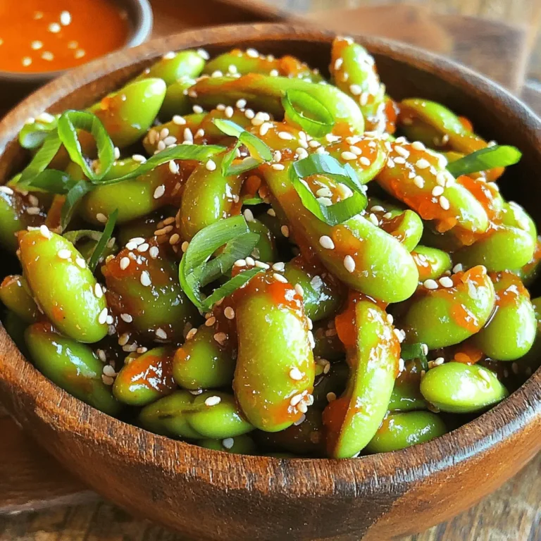 - 2 cups edamame (in pods, fresh or frozen) - 3 tablespoons sweet chili sauce - 2 cloves garlic, finely minced - 1 tablespoon sesame oil - 1 tablespoon soy sauce - 1 teaspoon rice vinegar - 1 teaspoon toasted sesame seeds - Salt to taste - Green onions, thinly sliced (for garnish) - Calories per serving: About 180 calories - Key vitamins and minerals: Rich in protein, fiber, vitamin K, and folate This recipe is packed with flavor and nutrients. Edamame offers protein and fiber, making it a great snack. The sweet chili sauce gives it sweetness while the garlic adds depth. Each serving has about 180 calories, perfect for a light bite. You’ll also enjoy a good dose of vitamin K and folate from the edamame. To start, decide whether you want fresh or frozen edamame. If you choose frozen, just follow the package directions. For fresh edamame, fill a big pot with water and add a pinch of salt. Bring the water to a boil. Then, add the edamame pods. Cook them for 5-7 minutes until they feel tender but firm. Drain them and set them aside. In a small bowl, mix together several ingredients. Combine the sweet chili sauce, minced garlic, sesame oil, soy sauce, and rice vinegar. Use a whisk to blend everything until it feels smooth and well-mixed. Next, take a large skillet and pour in your sauce mixture. Set the heat to medium. Let the sauce warm for about 2-3 minutes. Stir it every now and then. This helps it not stick to the pan or burn. Now, add your cooked edamame to the skillet with the sauce. Toss them well to coat every pod in the sauce. Keep cooking for another 2-3 minutes. You want the edamame to heat through and get slightly caramelized by the sauce. Finally, take the skillet off the heat. Sprinkle toasted sesame seeds over the edamame. Season with salt to your taste, and mix gently to spread it evenly. Transfer the tasty edamame to a serving bowl or platter. Add sliced green onions on top for a fresh look and flavor. To make it fun, serve with a small dish of extra sweet chili sauce on the side. - Avoid overcooking: Keep an eye on your edamame. Cook fresh pods for 5-7 minutes. Frozen ones may need a bit longer. - Use a large pot: This helps the edamame cook evenly. More space means better heat distribution. - Non-stick skillet: A non-stick pan is best for heating the sauce. It prevents sticking and burning. - Add heat: For a spicy kick, mix in chili flakes or a dash of sriracha. This adds a fun twist. - Fresh herbs: Basil or cilantro can brighten the dish. Toss them in at the end for extra flavor. - Quick cooking hack: If you're busy, use a microwave for the edamame. Just steam them in a bowl with water. - Pair with rice: Serve the edamame over a bed of rice. It makes a lovely, filling meal. - Garnish creatively: Use thinly sliced radishes or fresh herbs for a pop of color. This makes your dish stand out. - Interactive serving: Place a small bowl of extra chili sauce on the side. It encourages guests to personalize their bites. {{image_4}} To spice things up, add chili flakes or sriracha. A little heat can make your snack exciting. Mix in a teaspoon of chili flakes while you heat the sauce. If you prefer sriracha, add a tablespoon for a bolder kick. Balance the heat with sweetness from the sweet chili sauce. This combination creates a delicious contrast that elevates your edamame. You can easily make this dish vegan. Ensure all ingredients are plant-based. For the sweet chili sauce, check that it contains no animal products. Instead of soy sauce, you can use tamari for a gluten-free option. For garnish, try using chopped avocado or cilantro instead of green onions. This keeps the dish fresh while sticking to a vegan diet. Add extra flavor by incorporating sesame seeds or nori. Toasted sesame seeds can add a nutty crunch. Simply sprinkle them over the edamame before serving. For a unique twist, try adding strips of nori. This seaweed adds umami and a lovely texture. Adjust flavors by using different sauces like hoisin or teriyaki. These small changes can create a whole new dish! To keep your Sweet Chili Garlic Edamame fresh, follow these steps: - Place cooled edamame in an airtight container. - Store it in the fridge within two hours of cooking. - Use parchment paper to separate layers if necessary. Your leftovers will stay good for about 3 days. After that, the flavor and texture may fade. When you’re ready to enjoy your leftovers, reheating is key. Here are some effective methods: - Microwave: Place edamame in a microwave-safe bowl. Add a splash of water and cover it. Heat in short bursts until warm. - Skillet: Heat a non-stick skillet over medium heat. Toss in the edamame and stir until heated. This method helps keep the texture. For best flavor, add a bit of fresh garlic or a drizzle of sweet chili sauce while reheating. This keeps your snack tasty and exciting! To serve Sweet Chili Garlic Edamame, I recommend using a rustic wooden bowl. It adds a nice touch. You can also use a chic dish for a modern feel. For an interactive element, place a small ramekin of extra sweet chili sauce on the side. This lets guests dip the edamame as they like. Garnish with sliced green onions. It adds color and freshness to the plate. Yes, you can use frozen edamame. It’s a great option for quick meals. Just cook it according to the package instructions. Frozen edamame is easy to find and saves time. It also keeps well in your freezer. This makes it a perfect snack or side dish on busy days. Leftovers of Sweet Chili Garlic Edamame last up to three days in the fridge. Store them in an airtight container. The flavor stays good, but the texture may change. They might become a bit softer after a day. To enjoy them best, eat them within the first two days. If you need a soy sauce substitute, try tamari or coconut aminos. Both options are gluten-free and have a similar taste. You can also use a homemade mix of broth and a dash of vinegar. This gives a savory flavor without soy. Each alternative adds its unique twist, so choose what fits your diet best. Yes, this recipe is great for meal prep. You can cook a big batch and store it. Just follow the cooking steps and let it cool. Divide the edamame into meal-sized portions. Keep them in the fridge for easy snacks or sides. Reheat them quickly on the stove or in the microwave. This blog post covered how to make Sweet Chili Garlic Edamame. You learned the ingredients needed, how to prepare the edamame, and the steps to create a tasty sauce. I shared tips and variations to fit your taste. Incorporating these ideas can make your meals fun and quick. Enjoy this dish with friends or as a snack. Simple, nutritious, and delicious meals are easy to create!