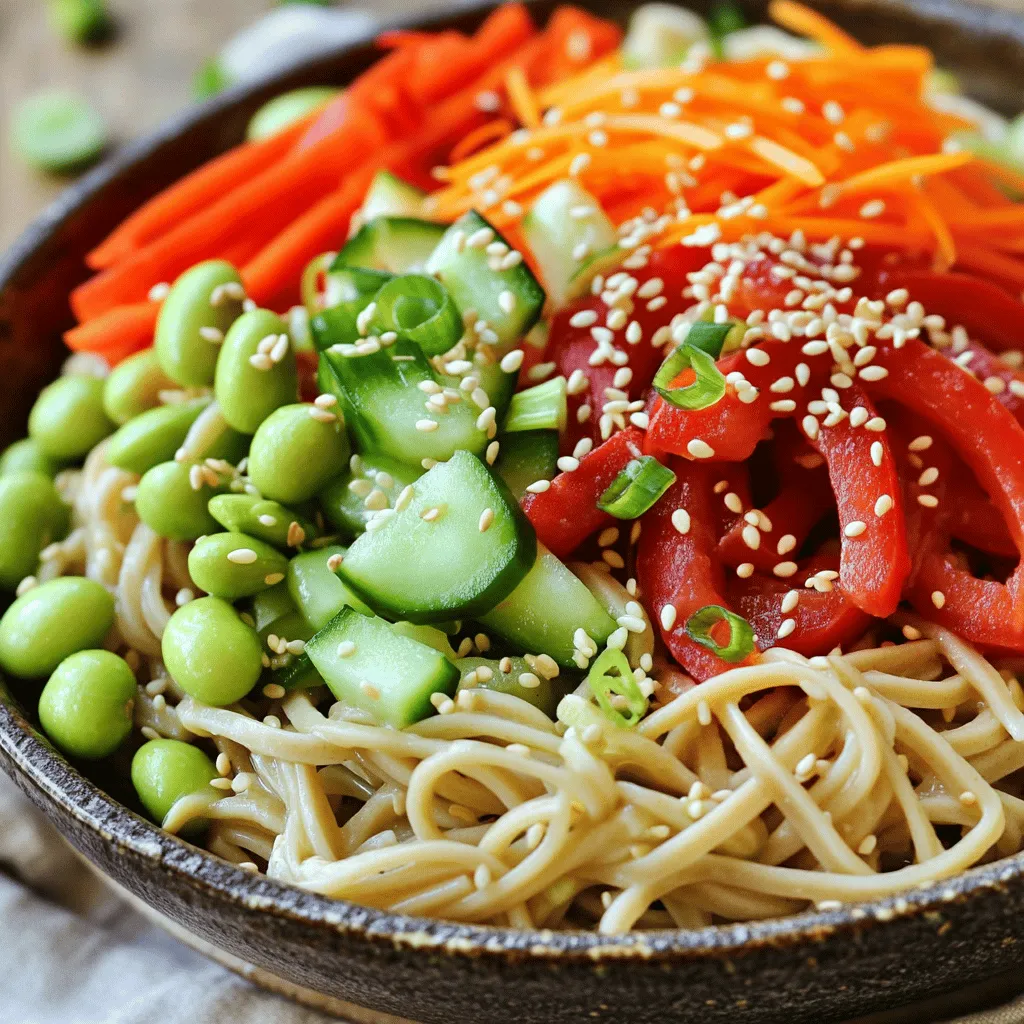 - 8 oz soba noodles - 1 cup shredded carrots - 1 red bell pepper, thinly sliced - 1 cucumber, julienned - 1 cup edamame, shelled - 3 green onions, chopped - 1/4 cup sesame seeds, toasted - 1/4 cup soy sauce - 2 tablespoons sesame oil - 2 tablespoons fresh ginger, grated - 1 tablespoon honey or maple syrup - 1 tablespoon rice vinegar - Salt and freshly cracked black pepper, to taste This salad is not only tasty but also packs a punch of nutrients. Each serving contains: - Calories: About 280 - Protein: 12g - Carbohydrates: 43g - Fat: 9g - Fiber: 6g - Sugars: 4g The soba noodles offer complex carbs, while the veggies add vitamins and fiber. The healthy fats in sesame oil and seeds support heart health. If you need to swap out some ingredients, here are great options: - Soba Noodles: Use whole wheat spaghetti or rice noodles for a gluten-free option. - Edamame: Substitute with chickpeas or cooked green peas. - Honey: Maple syrup works well for a vegan choice. - Soy Sauce: Use tamari for a gluten-free version. - Fresh Ginger: Ground ginger can replace fresh, but use less. Feel free to mix and match based on what you have at home! Start by boiling water in a large pot. Use a generous amount of water for the noodles. Once the water boils, add 8 oz of soba noodles. Cook them for 4 to 7 minutes, as per the package instructions. When they are done, carefully drain the noodles. Rinse them under cold running water to stop the cooking. This step helps keep them firm. Set the cooled noodles aside for later. In a big mixing bowl, gather your veggies. Add 1 cup of shredded carrots, 1 thinly sliced red bell pepper, and 1 julienned cucumber. Toss in 1 cup of shelled edamame and 3 chopped green onions. Mix them lightly. This helps to spread the colors and flavors evenly throughout the salad. Next, grab a small bowl for the dressing. Whisk together 1/4 cup of soy sauce, 2 tablespoons of sesame oil, and 2 tablespoons of grated ginger. Add 1 tablespoon of honey or maple syrup and 1 tablespoon of rice vinegar. Mix well until the honey dissolves completely. This dressing adds rich flavor to the salad. Now it’s time to bring everything together. Add the cooled soba noodles to the bowl with the veggies. Drizzle the dressing over the noodles. Gently toss everything together. Make sure that every ingredient gets coated with the sauce. This ensures a burst of flavor in every bite. For the best taste, cover the salad and chill it in the refrigerator for at least 15 minutes. This allows the flavors to meld nicely. When ready to serve, dish the salad into bowls or on a platter. For an extra touch, sprinkle more sesame seeds and green onions on top. Enjoy your fresh and flavorful salad! To cook soba noodles, start with a big pot of water. Bring it to a rolling boil. Add the noodles and stir gently. Follow the package time, usually 4 to 7 minutes. Once cooked, drain and rinse them with cold water. This stops the cooking and keeps them firm. The right texture is key for soba noodles. They should feel smooth and slippery but not mushy. Rinsing them with cold water helps. After rinsing, let them cool completely. If you want extra firmness, you can soak them in cold water for a few minutes after rinsing. To boost flavor, add fresh grated ginger to the dressing. It gives a nice zing. Toasted sesame seeds add crunch and look nice on top. For color, use a mix of vegetables like carrots and bell peppers. Serve it in clear bowls to show off the bright colors. A drizzle of extra dressing just before serving can add more shine and flavor. {{image_4}} You can change the vegetables to match the seasons. In spring, try snap peas or radishes. In summer, add fresh tomatoes or zucchini for color and taste. Fall brings great options like roasted pumpkin or kale. Winter is perfect for crunchy brussels sprouts and hearty carrots. These swaps keep the salad fresh and exciting. Adding protein makes the salad more filling. Tofu works well for a plant-based meal. Just cube firm tofu and sauté it until golden. Chicken is another great choice. Use grilled or rotisserie chicken for ease. You can even add shrimp for a seafood twist. Each protein adds a unique flavor and texture. Switching up the dressing can change the whole dish. For a spicy kick, mix in some sriracha or chili oil. A peanut sauce gives a nutty twist that pairs nicely with the salad. You can also try a citrus dressing with lime or orange juice for a fresh taste. Each option offers a new flavor experience. Feel free to mix and match these ideas. You can create your own unique version of sesame ginger soba noodle salad! To keep your Sesame Ginger Soba Noodle Salad fresh, place it in an airtight container. Make sure to seal it tightly. This helps keep the flavors intact and prevents spills. If you have extra dressing, store it separately. This keeps the salad from getting soggy. Freezing is not the best option for this salad. The noodles and veggies can turn mushy when thawed. However, if you want to freeze, pack the salad in a freezer-safe container. Leave some space for expansion. You can freeze it for up to a month, but the texture may not be great. In the fridge, your salad will stay fresh for about three days. If you notice any off smells or changes in texture, it’s best to toss it. Always check before you eat. If you stored the dressing separately, the salad may last a bit longer. Yes, you can make this salad ahead of time. Prepare the salad and dressing separately. Combine them right before serving. This keeps the noodles and veggies fresh and crunchy. This salad pairs well with many dishes. You can serve it with grilled chicken or tofu. It also goes great with spring rolls or a light soup. The flavors balance nicely with a variety of foods. Yes, this dish is vegan. It contains no animal products. However, soba noodles can have gluten. Check the label to find gluten-free options. Some brands offer 100% buckwheat noodles. To adjust for more servings, simply scale up the ingredients. For every additional serving, add more soba noodles and veggies. Keep the dressing in proportion. This ensures the flavors remain balanced and delicious. This blog post covered the key steps to make a tasty Sesame Ginger Soba Noodle Salad. You learned about the ingredients, how to cook noodles, and prepare vegetables. I shared tips on cooking and enhancing flavors. The variations let you explore different proteins and dressings. Finally, I provided storage details to keep leftovers fresh. Enjoy creating this salad that’s both healthy and delicious!