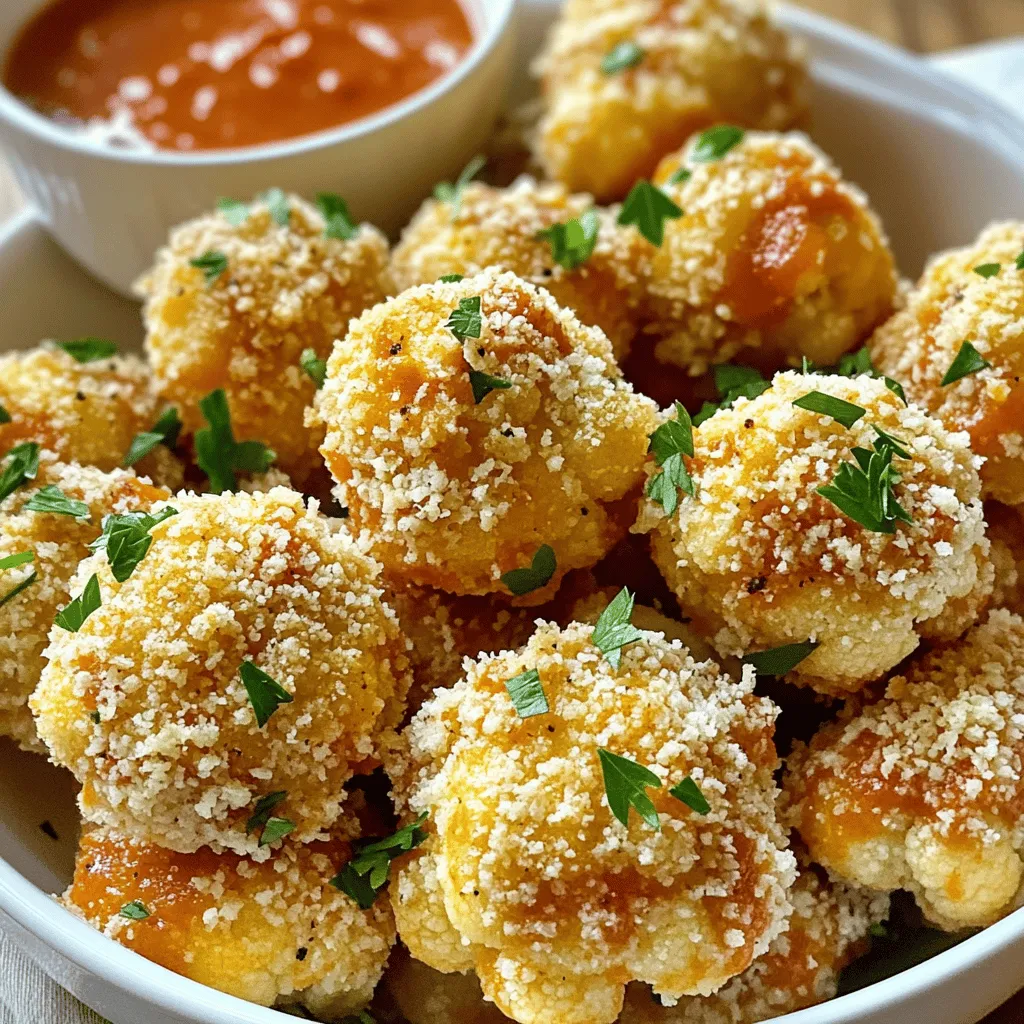 - 1 medium head of cauliflower, cut into bite-sized florets - 1 cup all-purpose flour - 1 cup buttermilk (or a dairy-free alternative like almond or oat milk) - 1 teaspoon garlic powder - 1 teaspoon onion powder - 1/2 teaspoon smoked paprika - 1/2 teaspoon salt - 1/4 teaspoon black pepper - 1 cup breadcrumbs (preferably panko for that extra crunch) - 1/2 cup grated Parmesan cheese - 2 tablespoons fresh parsley, finely chopped (for garnish) - Olive oil spray or 2 tablespoons extra virgin olive oil Gather these ingredients to make your crispy garlic Parmesan cauliflower bites. Each item plays a key role in building flavor and texture. The cauliflower offers a great base, while the flour and buttermilk create a delicious batter. The seasoning blend adds warmth and depth. Finally, the panko breadcrumbs give the bites that perfect crunch. Once you have everything ready, you can jump into the fun part—making these tasty bites! First, you need to preheat your oven to 425°F (220°C). This step is key for getting that crispy texture. While the oven warms up, grab a baking sheet and line it with parchment paper. This will help your bites not stick. Next, take your medium head of cauliflower. Cut it into bite-sized florets. Aim for pieces that are about the same size. This way, they cook evenly and become crispy all around. Now, let's make the batter. In a large mixing bowl, combine 1 cup of all-purpose flour, 1 teaspoon of garlic powder, 1 teaspoon of onion powder, 1/2 teaspoon of smoked paprika, 1/2 teaspoon of salt, and 1/4 teaspoon of black pepper. Whisk these dry ingredients together until they blend well. Next, pour in 1 cup of buttermilk. Stir it slowly. You want a smooth batter with no lumps. This smoothness helps the cauliflower get that perfect coating. It's time to coat those florets! Dip each one into the batter. Make sure every piece is covered well. After that, roll it in a mix of breadcrumbs and 1/2 cup of grated Parmesan cheese. Press lightly so the coating sticks well. Now, arrange the coated florets on your prepared baking sheet. Leave some space between each piece. This space helps them crisp up nicely. Lightly spray or drizzle olive oil on top. This will help them turn golden brown. Bake the cauliflower bites for about 25 to 30 minutes. Halfway through, flip them over for even browning. When they are golden and crispy, take them out. Enjoy your delicious crispy garlic Parmesan cauliflower bites! To get that extra crunch, use panko breadcrumbs. They are lighter and flakier than regular crumbs. This helps your bites get super crispy. Make sure you coat the cauliflower well in the batter. The more batter, the better the panko sticks. Also, spray your bites with olive oil. This adds flavor and helps them brown nicely. A smooth batter is key. Mix the flour and buttermilk well. Clumps can stop the bites from getting coated evenly. Space the cauliflower bites on the baking sheet. If they touch, they will steam instead of crisp. Give them room to breathe so they can become golden and crunchy. Pair your cauliflower bites with delicious dips. Marinara and ranch dressing work great. For a fun twist, try a spicy aioli or garlic sauce. When serving, use a nice bowl or platter. Add a sprinkle of extra Parmesan and parsley on top for color. This makes your dish look fancy and appetizing. Enjoy! {{image_4}} You can easily adjust this recipe to fit your needs. For gluten-free bites, swap all-purpose flour for a gluten-free flour blend. Another option is to use almond flour or chickpea flour. These flours work well and add unique flavors. If you want a dairy-free version, replace buttermilk with almond milk or oat milk. These alternatives still create a great batter. You can add a splash of vinegar to mimic buttermilk's tanginess. Want to spice things up? Add spices or herbs to the batter. Italian seasoning works great, giving your bites a burst of flavor. You can also experiment with paprika, cayenne, or even curry powder for a twist. Cheese lovers can switch up the cheese too. Instead of Parmesan, use cheddar or even a dairy-free cheese. Both options enhance flavor and richness. You can cook these bites in different ways. An air fryer is a fantastic choice for a quicker, healthier option. Set it to 400°F (200°C) and cook for about 15-20 minutes. Shake the basket halfway through for even crispiness. Stovetop cooking is another fun method. Heat oil in a pan over medium heat. Fry the coated florets until golden brown, about 3-4 minutes per side. This method yields deliciously crispy bites. To keep your crispy garlic Parmesan cauliflower bites fresh, store them in the fridge. Place them in an airtight container. This helps to keep moisture out and ensures your bites stay tasty. Try not to stack them too high to avoid crushing. They will stay good for about 3-4 days. For the best taste, reheat your cauliflower bites in the oven. Preheat the oven to 350°F (175°C). Spread them on a baking sheet and heat for about 10-15 minutes. This keeps them crispy. If you use a microwave, place them on a plate. Heat in short bursts of 30 seconds. This method helps keep some crunch but may not work as well as the oven. You can freeze leftover cauliflower bites. First, let them cool completely. Then, place them in a single layer on a baking sheet. Freeze until solid, about an hour. After that, transfer them to a freezer-safe bag. They can stay in the freezer for up to 3 months. To enjoy them later, thaw in the fridge overnight. Reheat them in the oven for best results. You can use almond milk or oat milk. Just add a bit of lemon juice or vinegar to sour it. This creates a similar taste and acidity. Yes, you can! Use plant-based milk and a vegan cheese alternative. This will keep the flavor but suit a vegan diet. To make them crispy, use panko breadcrumbs. They have a great crunch. Also, spray them lightly with olive oil before baking. This helps achieve that golden, crispy texture. Leftovers last about 3 to 4 days in the fridge. Store them in an airtight container to keep them fresh. Marinara sauce, ranch dressing, or even a spicy sriracha mayo work great. Each adds a unique flavor to the bites. In summary, we’ve explored how to make delicious cauliflower bites from scratch. You learned about essential ingredients, seasonings, and tips for crispiness. We also covered variations for different diets and how to store leftovers. With these steps, you can enjoy a tasty snack that fits your preferences. Don’t hesitate to experiment with flavors. Try different dips or cooking methods for variety. Enjoy your cauliflower bites!