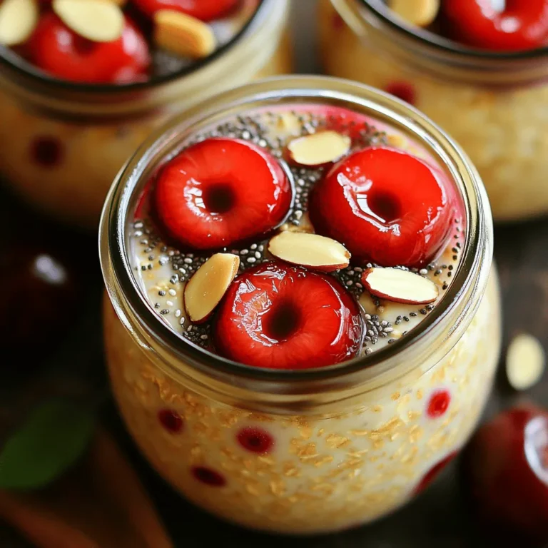 To make Cherry Almond Overnight Oats, gather these simple ingredients: - 1 cup rolled oats - 2 cups almond milk (or your preferred milk) - 1 cup fresh cherries, pitted and halved - 1/4 cup sliced almonds - 2 tablespoons maple syrup (or honey for a different sweetness) - 1 teaspoon pure vanilla extract - 1/2 teaspoon almond extract - 1 tablespoon chia seeds (optional for added nutrition) - A pinch of salt to enhance flavors These ingredients create a great balance of taste and texture. The rolled oats provide a hearty base. Almond milk makes the oats creamy and rich. Fresh cherries add sweetness and a burst of flavor. Sliced almonds give a nice crunch. Maple syrup or honey sweetens the mix perfectly. Vanilla and almond extracts enhance the nutty taste. Chia seeds boost nutrition, while salt balances the flavors. This recipe is flexible. You can swap almond milk with any other milk you like. If cherries are out of season, you can use frozen ones. Just remember to adjust the sweetness based on the fruit's natural sugar. Enjoy making a breakfast that tastes great and looks beautiful! To start, grab a medium bowl. In this bowl, combine 1 cup rolled oats and 2 cups almond milk. This creamy mix makes the oats soft. Next, add 2 tablespoons maple syrup for sweetness. You can also use honey if you like. Then, pour in 1 teaspoon pure vanilla extract and 1/2 teaspoon almond extract for flavor. If you want, toss in 1 tablespoon chia seeds. Lastly, sprinkle in a pinch of salt to enhance all the flavors. Whisk everything together until the oats soak up the milk. Now, it's time to add the fun parts! Gently fold in 1 cup fresh cherries that you’ve pitted and halved. Be careful not to squish them. Then, add 1/4 cup sliced almonds. This adds a nice crunch. Mix slowly to keep the cherries whole and spread the fruit and nuts evenly throughout. Next, take jars or airtight containers. Spoon the oat mixture into each jar. Make sure to fill them evenly. Once filled, seal the jars tightly. This keeps them fresh. Now, pop them in the fridge and let them soak overnight. If you’re in a hurry, let them sit for at least 4 hours. This soaking time helps the oats become soft and tasty. When you're ready to eat, just stir the oats and add more almond milk if you want them creamier. Enjoy! To get the right creaminess in your cherry almond overnight oats, choose almond milk wisely. If you want it richer, add more almond milk. For a thicker texture, use less. You can also use whole milk or oat milk if you prefer. Stir well to mix all ingredients. This helps the oats absorb the liquid well. You can switch up the sweetness by using different sweeteners. Maple syrup is my favorite, but honey adds a nice touch too. If you want some spice, try cinnamon or nutmeg. You can also add a scoop of protein powder for extra nutrition. This way, your oats will be unique and flavorful every time. Serving your oats in jars makes them look appealing. Clear jars show off the beautiful layers of cherries and almonds. For a fun touch, add a mint leaf on top. This adds color and freshness. Plus, jars make it easy to grab and go in the morning. Enjoy your tasty treat! {{image_4}} You can swap cherries for many fruits. Berries work great in this recipe. Strawberries, blueberries, or raspberries add a burst of color. You can also use diced peaches or apples. These fruits add different tastes and textures. Experiment with whatever is fresh and in season. If you prefer different nuts, consider walnuts or pecans. Walnuts have a rich, earthy flavor. Pecans bring a sweet, buttery taste. Both options work well in overnight oats. You can also try sunflower seeds for a nut-free choice. This adds crunch without the nut allergy risk. Adding spices can change the flavor profile. A sprinkle of cinnamon adds warmth and sweetness. Nutmeg gives a cozy, holiday feel. You might even try cardamom for a unique twist. These spices blend well with the fruit and nuts. They enhance the overall taste and aroma. Store your cherry almond overnight oats in airtight jars. This keeps them fresh and tasty. Make sure the lids seal tightly. If you plan to eat them in a few days, keep them in the fridge. Always stir the oats before enjoying. This helps mix the flavors again. Cherry almond overnight oats last about 3 to 5 days in the fridge. After this time, the oats may become mushy or lose their flavor. If you see any signs of spoilage, it’s best to toss them. Yes, you can freeze cherry almond overnight oats! Use freezer-safe containers for best results. Just remember to leave some space at the top, as they will expand when frozen. When ready to eat, thaw them in the fridge overnight. You can enjoy them cold or warm them up a bit. Yes, you can make overnight oats without chia seeds. They add nutrition and texture, but they are not essential. Here are some alternatives you can use: - Flaxseeds: Ground flaxseeds offer similar health benefits and can thicken the oats. - Yogurt: Adding yogurt makes the oats creamier and boosts protein. - Nut butter: A spoonful of almond or peanut butter can add flavor and nutrition. The ideal soaking time for overnight oats is at least four hours. However, soaking them overnight gives the best results. This allows the oats to absorb the liquid and flavors fully. If you forget, soaking them for just four hours still gives a tasty meal. Yes, overnight oats are very healthy! Here are some benefits: - Rolled oats: They are rich in fiber, which helps digestion and keeps you full. - Almond milk: This option is low in calories and high in vitamin E. - Cherries: They provide antioxidants and vitamins. - Almonds: These nuts add healthy fats and protein. Overall, cherry almond overnight oats make a nutritious and balanced breakfast choice. This blog post covered making cherry almond overnight oats step-by-step. You learned about essential ingredients, preparation, and storage tips. Variations let you customize your oats for unique flavors. Overnight oats are quick, tasty, and healthy. You can enjoy them any way you like. Get creative with your ingredients. Whether it's fresh fruits or nuts, the options are endless. Enjoy your delicious creation tomorrow!